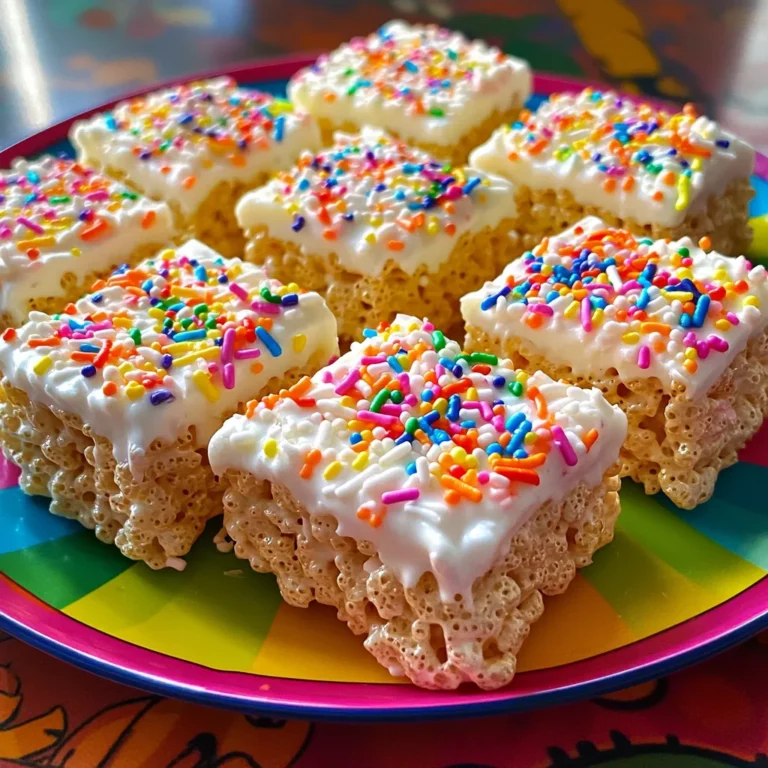 To make Birthday Cake Rice Krispie Treats, gather these fun ingredients: - 5 cups Rice Krispie cereal - 1/2 cup unsalted butter - 1 package (10 oz) mini marshmallows - 1 teaspoon pure vanilla extract - 1/2 cup birthday cake-flavored sprinkles - 1/4 cup white chocolate chips (optional) - Extra sprinkles for topping Measuring ingredients correctly is key. Use dry measuring cups for the Rice Krispie cereal. Fill the cup, then level it off with a straight edge. For butter, use a kitchen scale if you have one. If not, cut it according to the markings on the wrapper. For marshmallows, a standard package is usually 10 oz. Make sure to check the label. Accurate measurements ensure the best results. You can tweak the recipe based on what you have. If you want it dairy-free, replace butter with coconut oil or vegan butter. For a lighter treat, use mini marshmallows or regular marshmallows. If you cannot find birthday cake-flavored sprinkles, any fun sprinkles will work. You can even mix in colorful candies for a different taste. These swaps let everyone enjoy this treat! Check the Full Recipe for more ideas. First, gather all your ingredients. You need Rice Krispie cereal, butter, mini marshmallows, vanilla extract, sprinkles, and optional white chocolate chips. I love using a 9x13-inch baking dish for these treats. Grease it well with cooking spray or line it with parchment paper. This makes it easy to remove the treats later. Now, grab a large saucepan and set it on low heat. Add the unsalted butter and let it melt slowly. Stir gently until it bubbles a bit at the edges. Once the butter is melted, pour in the whole package of mini marshmallows. Keep stirring until they melt completely and blend smoothly with the butter. This mix should look shiny and fluffy. Remove the saucepan from heat and add the pure vanilla extract. Stir well to mix it in. Next, it’s time to add the Rice Krispie cereal. Gradually fold the cereal into the marshmallow mixture. Use a spatula to coat each piece of cereal. Make sure it’s all mixed well. Then, fold in the birthday cake-flavored sprinkles and white chocolate chips if you want them. Now, pour this gooey mixture into your prepared baking dish. Press it down firmly and evenly. Use a greased spatula or wax paper to smooth the top. While it's still warm, sprinkle extra birthday sprinkles on top to add a fun touch. Let the treats cool for at least 30 minutes. Once set, cut them into squares or rectangles. Enjoy them with friends! For the complete recipe, refer to the Full Recipe. To get the best texture in your Birthday Cake Rice Krispie Treats, focus on the marshmallow mix. Use fresh mini marshmallows for a soft and chewy treat. Stir the mixture gently as you add the Rice Krispie cereal. This helps keep the texture light and airy. If you press too hard, the treats can become dense. Use a greased spatula to press the mixture into the pan lightly. This keeps them fluffy. Flavor is key in these treats. Use pure vanilla extract for a rich taste. The birthday cake-flavored sprinkles add sweetness and fun. If you want a creamier flavor, consider adding white chocolate chips. They melt slightly into the warm mixture, giving it a lovely twist. Always taste your mix before pressing it into the pan. You can adjust the sweetness by adding more sprinkles if needed. Decorating these treats makes them extra special. Top with colorful sprinkles while they are still warm. You can also drizzle melted white chocolate over the top for a nice finish. For a festive touch, place small birthday candles on each treat. This adds fun and excitement to any birthday party. Try cutting them into fun shapes with cookie cutters for a unique look. Don’t forget to check the Full Recipe for more tips! {{image_4}} You can easily make gluten-free Birthday Cake Rice Krispie Treats. Just check the Rice Krispie cereal brand. Some brands use gluten-free oats. Use certified gluten-free cereal to keep it safe. All other ingredients are gluten-free. Your friends will love these tasty treats. Want a vegan version? Swap the butter for coconut oil or vegan butter. Look for vegan marshmallows to ensure your treats are dairy-free. For the sprinkles, find plant-based options. Your vegan friends will appreciate this delicious twist. Get creative with flavors! You can add different extracts like almond or coconut for a twist. Try mixing in crushed cookies or candy bars for extra crunch. For a fruity touch, add freeze-dried fruit. This makes each batch unique and fun! For the full recipe, check out the detailed steps above. Enjoy your baking adventure! To keep your Birthday Cake Rice Krispie Treats fresh, store them in an airtight container. Use a clean, dry container to prevent them from getting soggy. You can also wrap them tightly in plastic wrap. This keeps the treats soft and tasty for a longer time. Avoid stacking them directly on top of each other to prevent crushing. When stored properly, these treats last about one week at room temperature. If you want them to last longer, you can freeze them. In the freezer, they can stay good for about three months. Just make sure to thaw them at room temperature before serving. If your Rice Krispie treats get a bit hard, you can soften them. Place a treat on a microwave-safe plate and heat it for about 10 seconds. Check if it's warm enough. If not, heat it for a few more seconds. This makes them soft and chewy again, just like fresh! For best results, enjoy them right after making them by following the Full Recipe. You can use coconut oil or margarine instead of butter. Both options work well. Just melt them as you would with butter. This keeps the treats tasty and holds them together. Coconut oil adds a light flavor. Margarine is a good choice too. Yes, you can use regular marshmallows. Just measure out the same weight. You will need about 40 regular marshmallows to match a 10 oz package of mini marshmallows. The texture will be the same, and they will melt nicely. You can use any type of sprinkles you like! Try chocolate sprinkles for a twist. Rainbow sprinkles add fun colors. If you want a holiday theme, use seasonal sprinkles. Get creative! The goal is to make them festive and fun. For more ideas, check out the Full Recipe. In this post, we covered the key ingredients and how to measure them. You learned how to prepare and mix, ensuring the right texture and flavor. We also explored fun variations, like gluten-free and vegan options, plus tips on storage and reheating. Making Rice Krispie Treats can be simple and exciting. Don’t be afraid to try new flavors and decorations. Enjoy creating your own tasty treats!
