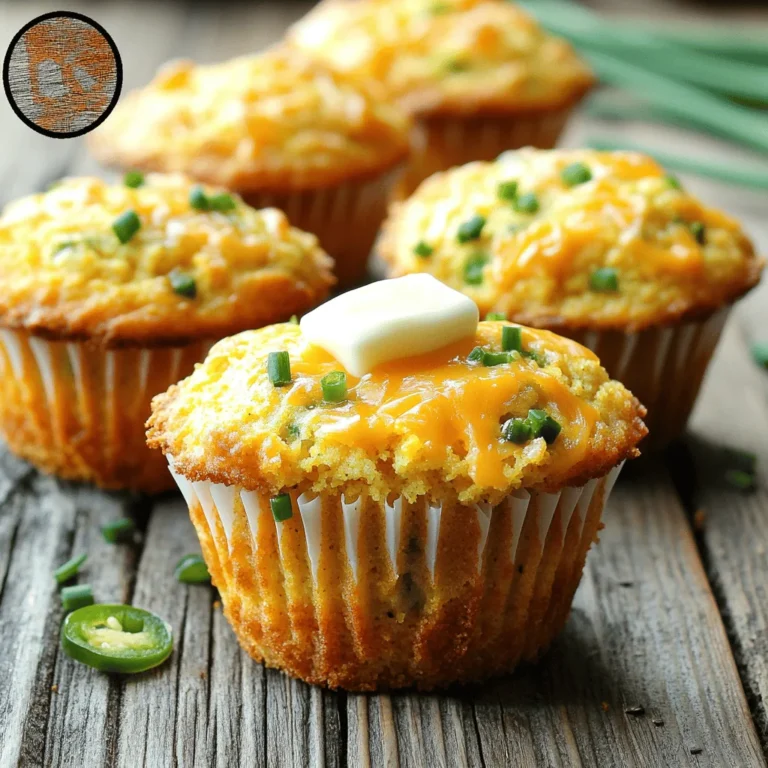 To make Cheesy Jalapeño Cornbread Muffins, you need some key items. Here’s what you will need: - 1 cup cornmeal - 1 cup all-purpose flour - 1 tablespoon baking powder - 1 teaspoon salt - 1/4 cup granulated sugar - 1 cup milk - 1/4 cup vegetable oil - 2 large eggs - 1 cup shredded sharp cheddar cheese - 1/2 cup pickled jalapeños, chopped (adjust to taste for spice level) - 1/4 cup fresh chives, finely chopped (optional) These ingredients create a moist and cheesy muffin with a spicy kick. The cornmeal gives the muffins a nice texture, while the cheese adds richness. You can boost the flavor of your muffins with some fun add-ins. Consider these options: - Fresh herbs like cilantro or parsley - Diced bell peppers for sweetness - Crumbled bacon for a savory twist - Corn kernels for extra sweetness and texture These add-ins can change the taste and make your muffins unique. Feel free to mix and match based on what you like! If you have dietary needs or just want to swap some items, here are some tips: - Use whole wheat flour instead of all-purpose flour for a healthier option. - Swap the milk for almond milk or oat milk if you're dairy-free. - Use a different cheese, like pepper jack for extra spice. - For a gluten-free option, try a gluten-free all-purpose flour blend. These substitutions can help you tailor the recipe to fit your needs while still keeping it tasty. For the complete recipe, check out the Full Recipe section! Start by preheating your oven to 400°F (200°C). This temperature is key for getting golden muffins. Prepare your muffin tin by greasing each cup with non-stick spray or using muffin liners. This helps with easy removal later. In a large mixing bowl, combine the following dry ingredients: - 1 cup cornmeal - 1 cup all-purpose flour - 1 tablespoon baking powder - 1 teaspoon salt - 1/4 cup granulated sugar Use a whisk to mix them well. Aim for a uniform color and no clumps. This step ensures your muffins rise nicely. In another bowl, whisk together these wet ingredients: - 1 cup milk - 1/4 cup vegetable oil - 2 large eggs Mix until smooth. Now, gently add this wet mix into your dry ingredients. Stir with a spatula until just combined. It’s okay if you see a few lumps. Overmixing can make your muffins dense. Next, fold in the flavor boosters: - 1 cup shredded sharp cheddar cheese - 1/2 cup pickled jalapeños, chopped (adjust to your spice level) - 1/4 cup fresh chives, finely chopped (optional) Make sure these ingredients are evenly mixed in. Scoop the batter into your prepared muffin tin. Fill each cup about two-thirds full. This gives them room to rise. Bake in your preheated oven for 18 to 22 minutes. They should be golden brown, and a toothpick inserted in the center should come out clean. After baking, let the muffins cool in the tin for 5 minutes. Then, carefully move them to a wire rack. Cooling on a rack helps keep the texture just right. For the full recipe, check the above section. To get soft and fluffy muffins, don’t overmix the batter. Mix just until the dry ingredients are wet. A few lumps are okay. This keeps your muffins light. Also, let the batter sit for about five minutes before scooping it into the muffin tin. This helps the baking powder work better, leading to a nice rise. You can change how spicy your muffins are by adding or reducing jalapeños. For milder muffins, use fewer pickled jalapeños or remove the seeds. If you love heat, add more! You can also mix in a pinch of cayenne pepper for an extra kick. Taste the batter before you bake it to find your perfect balance. Serve your muffins warm for the best taste. You can add a pat of butter on top for rich flavor. For a pretty touch, sprinkle some chopped chives or place a thin jalapeño slice on each muffin. Arrange them on a wooden board or colorful napkin to make them look inviting. These small steps make a big difference in how your muffins are enjoyed! For the full recipe, check the earlier section. {{image_4}} You can switch up the cheese in these muffins. Try using pepper jack for a spicy kick. Or, go for a creamy mozzarella for a milder taste. Each cheese brings its own charm, making your muffins unique. Blend different cheeses to create a flavor explosion. The choice is yours! Want to add a sweet touch? You can mix in some corn kernels or honey. This gives a nice contrast to the savory jalapeños. For a more savory twist, add cooked bacon bits or herbs like rosemary. Each option adds depth to the classic flavor. You’ll impress your friends with these creative spins! If you need gluten-free muffins, swap the all-purpose flour for a gluten-free blend. Many blends work well in cornbread recipes. For a dairy-free version, use almond milk instead of regular milk. You can also pick a dairy-free cheese. These options keep the muffins tasty while meeting dietary needs. Enjoy every bite without worry! To keep your Cheesy Jalapeño Cornbread Muffins fresh, store them in an airtight container. Place the muffins in a single layer to avoid squishing. If you plan to eat them within a few days, store the container at room temperature. For longer storage, the fridge is a good option. Just remember to wrap them tightly in plastic wrap before placing them in a container. Freezing your muffins is a smart way to keep them fresh for later. Allow the muffins to cool completely. Wrap each muffin in plastic wrap or aluminum foil. Then, place them in a freezer-safe bag or container. Be sure to label the bags with the date. They can last in the freezer for up to three months. When you’re ready to enjoy, just take out as many as you want! To reheat your Cheesy Jalapeño Cornbread Muffins, you have a few options. For the best taste, use an oven. Preheat it to 350°F (175°C). Place the muffins on a baking sheet and heat for about 10 minutes. You can also use a microwave. Just heat for 20-30 seconds, but be careful not to overdo it. Enjoy your warm muffins with a pat of butter for extra flavor. For the full recipe, be sure to check out the earlier sections! Cheesy Jalapeño Cornbread Muffins stay fresh for about three days at room temperature. Store them in an airtight container to keep them soft. If you want them to last longer, you can freeze them. They stay good for up to three months in the freezer. Just make sure to wrap them well to prevent freezer burn. Yes, you can prepare the batter a few hours ahead of baking. Mix the dry and wet ingredients separately, then combine them shortly before baking. This helps maintain the muffins' fluffiness. If you let it sit too long, the baking powder may lose its power, so avoid making it a day in advance. These muffins pair well with many dishes. Here are some great options: - Chili or soups for a hearty meal. - Grilled meats to add a spicy kick. - A fresh salad for a light side. - Creamy dips for a fun snack. You can enjoy them warm or at room temperature for the best flavor. For the full recipe, check the earlier sections. Cheesy jalapeño cornbread muffins are delicious and fun to make. We covered essential ingredients and clever add-ins to boost flavor. The step-by-step guide walks you through mixing, baking, and cooling. I shared tips for perfect texture and spice adjustments. You can even try varied cheeses and sweet twists. Remember to store them properly and enjoy leftovers later. Creating these muffins is easy and rewarding. Now you can impress friends and family with tasty treats!