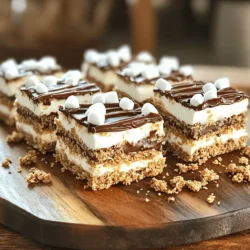 - 1 ½ cups graham cracker crumbs - ½ cup unsweetened cocoa powder - ½ cup granulated sugar - ½ cup unsalted butter, melted - 2 cups miniature marshmallows - 1 cup milk chocolate chips - 1 teaspoon vanilla extract - ½ cup semi-sweet chocolate chips (for drizzling) Gather these ingredients before you start. Each one plays a role in making these No Bake S’mores Bars a hit. The graham cracker crumbs give a sweet crunch. Cocoa powder adds rich flavor. Granulated sugar sweetens the mix. Unsalted butter binds it all together. Miniature marshmallows create that classic s’mores taste. Milk chocolate chips and vanilla extract bring a creamy finish. The semi-sweet chocolate drizzle is the perfect touch. You can swap out ingredients if needed. For a sweeter taste, use honey or maple syrup. Use 1/3 cup of either as a substitute for granulated sugar. If you want dairy-free bars, try coconut oil instead of butter. For the chocolate, opt for dairy-free chocolate chips. These swaps keep the bars tasty while meeting your needs. To make these bars, you need a few tools. Having the right equipment makes the process easy. - Measuring cups and spoons - Mixing bowls - Baking pan (8x8 inch) - Microwave-safe bowls for melting chocolate These tools help you measure, mix, and melt with ease. The baking pan shapes your bars perfectly. A microwave-safe bowl allows you to melt chocolate quickly. With these tools, you are all set to create a delicious treat. For the full recipe, check out the complete instructions above. - In a large mixing bowl, combine the graham cracker crumbs, cocoa powder, and sugar. Mix well until everything is even. - Pour in the melted butter and vanilla extract. Stir until the mixture looks like damp crumbs. - Line an 8x8 inch baking pan with parchment paper. Let some paper hang over the edges. - Press the graham cracker mix firmly into the bottom of the pan. Chill in the fridge for about 15 minutes. - In a microwave-safe bowl, add the milk chocolate chips and 1 cup of miniature marshmallows. Heat in 20-second intervals, stirring in between. Stop when the mix is smooth. - Take the chilled crust out of the fridge. Spread the melted chocolate and marshmallow mix evenly on top. - Sprinkle the remaining miniature marshmallows over the chocolate layer. Press them down gently. - In another bowl, melt the semi-sweet chocolate chips as before. Drizzle this melted chocolate over the marshmallows. - Return the pan to the fridge and chill for at least 2 hours. The bars should feel firm when set. - Once set, use the parchment paper to lift the bars from the pan. Cut them into squares and enjoy this tasty treat! You can find the Full Recipe for more detailed steps and serving suggestions. To get a firm yet chewy bar, make sure you measure your ingredients right. Use the right amount of butter; too much can make the bars greasy. When mixing the graham cracker crumbs and cocoa, stir until every crumb is coated with butter. Press the mixture firmly into the pan, but don’t overdo it. This helps keep a nice texture. Cutting the bars can be tricky. To prevent sticking, use a sharp knife. Dip the knife in hot water, then wipe it dry before making each cut. This keeps the edges clean and helps the bars hold their shape. To store leftover bars, place them in an airtight container. Keep them in the fridge to maintain freshness. They can last up to a week, but they are best when fresh. If you want to serve them warm, zap them in the microwave for a few seconds. For a fun twist, serve the bars with ice cream or whipped cream. You can also add a sprinkle of crushed graham crackers on top for added crunch. One common mistake is melting chocolate too fast. If you heat it too long, it can burn. Always melt chocolate in short bursts and stir in between. This keeps it smooth and creamy. Another mistake is over-pressing the graham cracker base. While it should be firm, pressing too hard can make it tough. Aim for a good balance to keep the bars light and easy to enjoy. {{image_4}} You can easily change the flavor of your no bake s'mores bars. Adding peanut butter or any nut butter brings a creamy texture. Mix in about half a cup for a rich taste. You can also try different types of chocolates. Swap milk chocolate for dark or white chocolate for a new twist. Each choice gives a different flavor, making your bars unique. If you need gluten-free options, use almond flour or gluten-free graham cracker crumbs. You can also try a nut-based crust for a tasty base. For a low-sugar version, use natural sweeteners like honey or maple syrup. These choices keep the flavor while meeting dietary needs. Seasonal flavors can make your bars even more exciting. For fall, add pumpkin spice to the chocolate layer. In winter, use peppermint extract for a refreshing taste. You can also create themed bars for holidays. Use orange food coloring for Halloween or mix in red and green sprinkles for Christmas. These fun ideas keep your treats festive and fun! For the full recipe, check out the ingredients and instructions provided. To keep your no bake s’mores bars fresh, use airtight containers. This helps to lock in moisture and flavor. Store them in the fridge for best results. They will stay good for up to a week. If you want to save them longer, you can freeze them. Wrap each bar in plastic wrap. Place wrapped bars in a freezer-safe bag or container. They can last for up to three months in the freezer. If your bars feel hard after chilling, you can refresh them. Let them sit at room temperature for a few minutes. This makes them softer and easier to eat. If you want to drizzle more chocolate, melt it again. Use the microwave in short bursts, stirring in between. This keeps the chocolate smooth and easy to pour. Check for changes in color or smell. If the bars look dry or crumbly, they may be spoiled. You might also notice an off smell. If you see mold, it's best to throw them away. Always dispose of spoiled food properly to avoid any health risks. No bake S’mores bars can last up to a week in the refrigerator. If you store them in the freezer, they can last for about three months. Just remember to wrap them well in plastic wrap or foil to keep them fresh. Yes, you can make these bars a day or two ahead of time. This gives them time to chill and set properly. Just store them in the fridge until you're ready to serve. You can use crushed cookies like digestive biscuits or vanilla wafers. For a gluten-free option, try almond flour or crushed gluten-free cookies. These will give you a similar flavor and texture. To melt chocolate smoothly, use a microwave-safe bowl. Heat in short bursts of 20 seconds. Stir between each burst to avoid hot spots. This method helps prevent the chocolate from seizing up. Yes, you can use coconut oil instead of butter. For chocolate, choose dairy-free chips. Use vegan marshmallows to keep it plant-based. These swaps work well without losing flavor. For the full recipe, check out the detailed instructions above. In this post, we covered how to make delicious no-bake S’mores bars. You learned about the key ingredients, important tools, and step-by-step instructions. I also shared tips for perfect texture and common mistakes to avoid. These treats are easy to customize and perfect for any season. Enjoy your time making these bars, and do not forget to store them well. With the right care, they'll last longer and taste even better. Happy cooking!