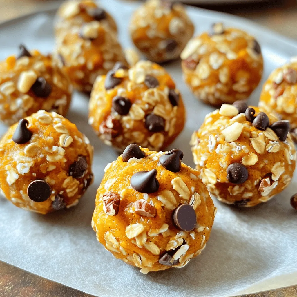 To make Pumpkin Spice Energy Bites, you will need: - 1 cup rolled oats - 1/2 cup canned pumpkin puree - 1/4 cup nut butter (peanut or almond preferred) - 1/4 cup honey or maple syrup - 1 teaspoon pure vanilla extract - 1 teaspoon pumpkin spice mix - 1/4 teaspoon salt - 1/4 cup mini chocolate chips (optional) - 1/4 cup chopped nuts or seeds (like walnuts or sunflower seeds) You can switch out some ingredients for different flavors or needs: - Use sunflower seed butter if you have nut allergies. - Swap honey for agave syrup if you want a vegan option. - Replace mini chocolate chips with dried fruit for a healthier choice. - For gluten-free energy bites, choose certified gluten-free oats. Each serving contains about: - Calories: 120 - Protein: 3g - Carbohydrates: 15g - Fat: 6g - Fiber: 2g - Sugar: 5g Pumpkin Spice Energy Bites are tasty and healthy. They give you energy without the sugar crash. You can enjoy these bites as a quick snack or a wholesome treat. For the full recipe, check out the detailed instructions above. To make these tasty pumpkin spice energy bites, start by gathering your ingredients. You need rolled oats, pumpkin puree, nut butter, honey or maple syrup, and vanilla extract. Place them in a large bowl. Mix them well with a spoon until they come together. Next, add your pumpkin spice mix and salt. Stir until everything is well mixed. This step ensures every bite is full of flavor. If you like a sweet twist, fold in mini chocolate chips and chopped nuts or seeds. They add fun texture and taste. Now, grab clean hands or a small cookie scoop. Take portions of the mixture and roll them into small balls, about one inch wide. Make them similar in size. This helps them cook evenly. Place the balls on a parchment-lined baking sheet. Leave some space between each to avoid sticking. After rolling, put the sheet in the fridge. Let them chill for at least 30 minutes. This makes them firm and easy to handle. Mixing is key to getting the flavors right. Use a strong spoon or spatula to blend everything well. Don’t rush this step; it matters! When rolling, keep your hands slightly damp. This prevents the mixture from sticking. For even bites, use a cookie scoop. It helps create uniform shapes. You can also try using a melon baller for a fun twist. If the mixture feels too sticky, add a bit more oats. After chilling, the bites will be firmer. Store them in an airtight container. Keep them in the fridge for up to a week. For longer storage, consider freezing them. They freeze well and remain tasty. To enjoy, simply take out a bite whenever you need a quick snack. They make a great grab-and-go option! For the complete recipe, refer to the Full Recipe section. To make the best pumpkin spice energy bites, follow these tips. Use fresh ingredients for the best taste. Make sure your oats are rolled oats, as they blend well. When mixing, use a sturdy bowl to avoid spills. If the mix feels too wet, add a few more oats. For a firmer bite, chill the mixture longer before rolling. You can boost flavor with simple tricks. Add a dash of cinnamon or nutmeg for extra warmth. Try different nut butters for unique flavors. Almond butter adds a sweet, nutty taste. Experiment with add-ins like dried fruit or seeds. Chopped dates or cranberries add sweetness. Mini chocolate chips give a fun twist, but keep it balanced. Store your energy bites in an airtight container. They stay fresh in the fridge for up to a week. For longer storage, freeze them. Just take out what you want and enjoy. When serving, use a pretty bowl to show off your bites. Sprinkle some extra pumpkin spice on top for a nice touch. They are perfect for snacks or parties. Enjoy them any time you need a quick energy boost! {{image_4}} You can easily make these bites gluten-free. Just choose certified gluten-free oats. For a vegan option, swap honey for maple syrup. Both options keep the bites tasty and healthy. You still get the warm pumpkin flavor and spice without any animal products. Pumpkin spice is just the start. You can mix in cocoa powder for a chocolate twist. This gives a rich flavor and pairs well with the pumpkin. If you love nuts, try using different types like pecans or almonds. Each nut adds its own crunch and taste. You can even add dried fruits like cranberries or raisins for a fruity touch. Want to boost the nutrition? Consider adding chia seeds or flaxseeds. They add fiber and omega-3 fatty acids. You can also fold in protein powder to make these bites a great post-workout snack. Each add-in helps you get the most from your energy bites. Simply choose what fits your taste and needs. Check the Full Recipe to see how easy it is to customize these bites! Storing your pumpkin spice energy bites is easy. Place them in an airtight container. Keep the container in the fridge. They will stay fresh for about a week. If you want to keep them longer, freezing is a great option. To freeze your energy bites, first, let them chill in the fridge. After they firm up, arrange them in a single layer on a baking sheet. Put the baking sheet in the freezer for about an hour. Once frozen, transfer the bites to a freezer-safe bag. They will last up to three months this way. Just remember to label the bag with the date! Check your energy bites for signs of spoilage before eating. If they smell off or look dry, it’s best to toss them. Mold is a clear sign to discard them. Always trust your senses. Fresh energy bites should smell sweet and inviting. Pumpkin Spice Energy Bites last about one week in the fridge. Store them in an airtight container. This keeps them fresh and tasty. If you want them to last longer, you can freeze them. They’ll keep well in the freezer for about three months. Just thaw them in the fridge when you're ready to eat. Yes, you can make these energy bites ahead of time. They are perfect for meal prep. Just follow the recipe, and once they are set, store them in your fridge. This way, you’ll have a quick snack ready whenever you want. Making them in advance saves time on busy days. If you want to replace nut butter, try using sunflower seed butter. This option is nut-free and great for those with allergies. You can also use tahini, which adds a unique flavor. You might need to adjust the amount of sweetener if using a different butter. Just make sure to keep the mix moist enough to roll into bites. For the full recipe, check out the steps I shared earlier. In this post, we covered how to make Pumpkin Spice Energy Bites. We explored ingredients, substitutions, and nutrition. I shared step-by-step instructions and useful tips for mixing and rolling. You learned about variations, storage, and signs of spoilage. Energy bites are simple and fun to make. They fit various diets and tastes. Enjoy experimenting with flavors and add-ins. With proper storage, you can keep them fresh longer. Happy snacking!