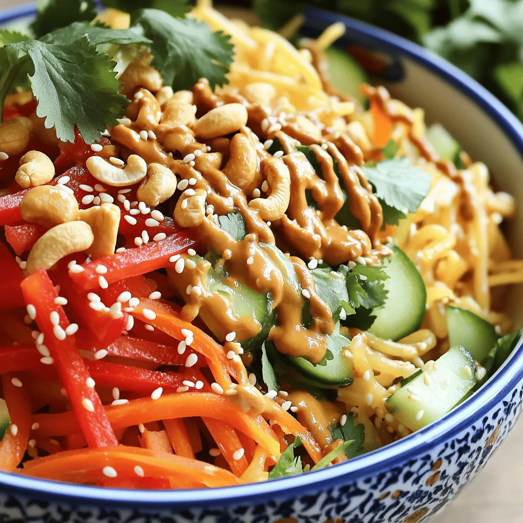 - 200g rice noodles - 1 cup raw cashews - 1 red bell pepper, julienned - 1 medium cucumber, julienned - 1 cup shredded carrots - 3 green onions, thinly sliced - 1/4 cup fresh cilantro, chopped - 1/4 cup soy sauce (or tamari for a gluten-free option) - 2 tablespoons sriracha (feel free to adjust based on your spice tolerance) - 2 tablespoons creamy peanut butter - 1 tablespoon sesame oil - Juice of 1 lime - 1 tablespoon honey (substitute with maple syrup for a vegan option) - Salt and pepper to taste - Sesame seeds for garnish When cooking, accurate measurement matters. Use a kitchen scale for the rice noodles. For cups, fill them and level off with a knife for precision. This ensures that every bite is just right. Fresh ingredients add crunch and flavor. You can use fresh veggies like bell peppers and cucumbers for the best taste. If you can’t find fresh, dried options can work. Just remember, dried veggies won't provide the same texture. To cook the noodles perfectly, start with a large pot. Boil water and add the rice noodles. Follow the package directions, usually about 4-5 minutes. You want them tender but still firm. After cooking, drain the noodles. Rinse them under cold water. This stops the cooking and keeps them from getting mushy. Make sure they drain well before using. Toasting cashews adds a great flavor. Use a skillet over medium heat. Add the raw cashews and stir them often. Toast for about 5-7 minutes. You want them golden brown and fragrant. Keep an eye on them to avoid burning. Once they are done, remove them from the heat and let them cool. Then, chop them coarsely. For a smooth dressing, mix the soy sauce, sriracha, peanut butter, and sesame oil in a small bowl. Add the lime juice and honey, or maple syrup. Whisk these together until well blended. If you want more heat, add more sriracha. Adjust it to fit your taste. In a large bowl, combine the cooked noodles with the vegetables. Add the red bell pepper, cucumber, carrots, green onions, and cilantro. Layering the ingredients makes the salad more colorful. Once everything is in the bowl, pour the dressing over the top. Toss gently to coat all ingredients evenly. For serving, divide the salad into bowls. Each bowl should have a good mix of noodles and veggies. Top with the toasted cashews and sprinkle with sesame seeds. This adds a nice crunch. For a pretty touch, use bright bowls and add extra cilantro or sesame seeds on top. You can even arrange the veggies for a rainbow look. Enjoy your Spicy Cashew Noodle Salad! - Overcooking noodles: This is a big mistake. Cook the rice noodles for only 4-5 minutes. They should be soft but still firm. If you overcook them, they turn mushy. Always rinse the noodles in cold water right after cooking to stop the cooking process. - Dressing issues: Make sure your dressing is well-mixed. If it’s too thick, add a bit more lime juice or water. If it's too thin, add a touch more peanut butter. Finding the right balance is key to making your salad taste great. - Additional spices to consider: Try adding a pinch of crushed red pepper or garlic powder for extra kick. You can also use fresh ginger for a zesty flavor boost. These spices can take your salad to the next level. - Suggested pairings: This salad pairs well with grilled chicken or shrimp. You can also serve it alongside spring rolls for a delightful meal. Fresh herbs like mint or basil can add a refreshing touch as well. - Must-have kitchen tools: You will need a pot for cooking noodles and a skillet for toasting the cashews. A mixing bowl is essential for combining the ingredients. A whisk works well for mixing the dressing. - Recommended serveware: Use vibrant bowls to serve your salad. Clear glass bowls also let the colorful ingredients shine. Having a large serving platter can make sharing easier, too. For a complete guide, check the Full Recipe. {{image_4}} To make this spicy cashew noodle salad fit your needs, consider these easy swaps. - Gluten-free adjustments: Use rice noodles and replace soy sauce with tamari. This keeps it tasty and gluten-free. - Vegan alternatives: Substitute honey with maple syrup. This simple swap makes the dish vegan-friendly. Adding protein can make this salad even more filling. - Adding tofu or chicken: Marinate tofu in soy sauce and add it to the salad. For chicken, grill or roast it before slicing and mixing in. - Other nut options: If you're not a fan of cashews, try peanuts or almonds. Both add great crunch and flavor. Using fresh, seasonal produce can elevate your salad. - Using fresh seasonal vegetables: In spring, add snap peas or asparagus. In summer, consider ripe tomatoes or zucchini. - Flavor variations for different seasons: In fall, add roasted butternut squash. In winter, try kale or Brussels sprouts for a heartier salad. These variations help you customize the spicy cashew noodle salad to your taste and the season. To keep your spicy cashew noodle salad fresh, use airtight containers. Glass or plastic containers work well. Ensure the lid is tight to keep air out. Store the salad in the fridge right after serving. This helps it stay crisp and tasty. You can reheat the salad using a microwave or a stove. For the microwave, place a portion in a bowl, cover it, and heat on low for a short time. Stir every 30 seconds. If you use the stove, heat it in a pan over low heat. Add a splash of water to help maintain moisture. Avoid overheating, as it can make the noodles mushy. This salad lasts about three days in the fridge. Check for signs of spoilage before eating. If it smells off or looks slimy, toss it. Freshness is key to enjoying this dish! Yes, you can make this salad ahead of time. Prepare the dressing and chop the veggies. Store them in separate containers. Mix them together on the day you plan to eat. This keeps the noodles and veggies fresh and crunchy. Want it milder? Use less sriracha. For more heat, add extra sriracha or chili flakes. Taste the dressing before mixing it in. Adjust it until it suits your palate. You can try a sesame ginger dressing for a different flavor. A peanut sauce also works well. Experiment with lime juice, honey, and soy sauce for a simple mix. Each option gives a unique twist to the salad. Absolutely! This salad stores well in the fridge. Keep the dressing separate to avoid sogginess. If stored correctly, it lasts up to three days. Just remember to toss it well before serving. To make this salad gluten-free, use tamari instead of soy sauce. For the noodles, opt for rice noodles, which are naturally gluten-free. Both options ensure you enjoy the flavors without gluten. Yes, feel free to swap out veggies! Broccoli, snap peas, or bell peppers work great. You can also add edamame or radishes for crunch. Use whatever you have on hand for a fresh taste. For the full recipe, check out the detailed instructions. This blog post covered key steps for creating a delicious rice noodle salad. We discussed the right ingredients, cooking tips, and how to store leftovers. I also shared ways to customize the dish to fit your diet or seasonal ingredients. Remember, feel free to experiment with flavors and dressings. Trust your taste and have fun in the kitchen. Enjoy making this salad your own!
