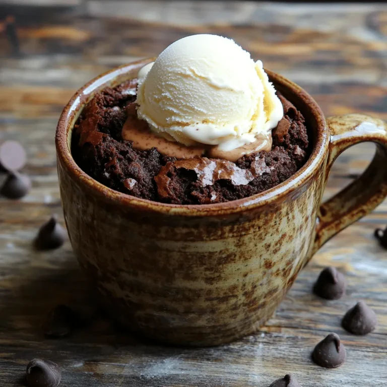 - 4 tablespoons all-purpose flour - 4 tablespoons granulated sugar - 2 tablespoons unsweetened cocoa powder - 1/8 teaspoon baking powder - 3 tablespoons vegetable oil - 3 tablespoons water - 1/4 teaspoon vanilla extract - A pinch of salt The core ingredients in this fudgy brownie mug cake create a rich and tasty treat. Each one plays a role in giving you that perfect dessert experience. The flour gives structure, while sugar adds sweetness. Cocoa powder brings the chocolate flavor. Baking powder helps it rise. Oil keeps it moist, and water helps blend everything smoothly. Vanilla adds a warm note, and salt enhances all the flavors. - Chocolate chips - Nuts - Ice cream topping Want to make your mug cake unique? Add chocolate chips for extra chocolatey goodness. Nuts add crunch and flavor. A scoop of ice cream on top makes it even more special. Get creative! - Microwave-safe mug (12 ounces) - Mixing utensils (small whisk or spoon) You need a microwave-safe mug for cooking. A 12-ounce mug gives enough space for the cake to rise. A small whisk or spoon helps mix your ingredients well. These tools are simple but key to making your mug cake a success. 1. Start with a microwave-safe mug, about 12 ounces. 2. In the mug, combine: - 4 tablespoons all-purpose flour - 4 tablespoons granulated sugar - 2 tablespoons unsweetened cocoa powder - 1/8 teaspoon baking powder - A pinch of salt 3. Use a small whisk or spoon to mix the dry ingredients well. Make sure there are no clumps. 4. Pour in: - 3 tablespoons vegetable oil - 3 tablespoons water - 1/4 teaspoon vanilla extract 5. Stir until the batter is smooth. Scrape the bottom and edges of the mug to mix all the dry stuff in. 6. If you want, fold in a tablespoon of chocolate chips or nuts for a tasty twist. 1. Put the mug in the microwave. Cook it on high for 40 seconds. 2. After 40 seconds, check the texture. It should be set but fudgy. 3. If it needs more time, microwave it in 10-second intervals. Avoid overcooking; you want it moist. 1. Once done, take the mug out and let it cool for about one minute. 2. For extra flavor, top it with: - A scoop of ice cream - A sprinkle of chocolate chips - A drizzle of chocolate sauce 3. Serve it right in the mug for a cozy touch. Enjoy your Fudgy Brownie Mug Cake! For the full recipe, check the earlier section. To make your Fudgy Brownie Mug Cake just right, measuring ingredients is key. Use a spoon to scoop flour, then level it off with a knife. This ensures you add the right amount. Too much flour can make your cake dry. Microwave wattage can change cooking times. If your microwave is powerful, start with 40 seconds. If it is less powerful, you may need a bit more time. Always check the texture after the first round. The cake should look set but still soft. A common mistake is overmixing the batter. Stir just until the ingredients blend. If you mix too much, your mug cake can turn tough. Another pitfall is overcooking the cake. Keep a close eye on it in the microwave. If you cook it too long, it will lose its fudgy texture. The goal is a soft, gooey center. Serving your mug cake in the mug adds a fun touch. You can also transfer it to a plate for a fancy look. Top it with a scoop of ice cream or a drizzle of chocolate sauce. These extras make it even more special. Try pairing it with fresh berries or a dollop of whipped cream. These add flavors that contrast nicely with the rich chocolate. Want something crunchy? A sprinkle of nuts on top works great, too. For the full recipe, check out the details above and enjoy your delicious creation! {{image_4}} You can easily change your fudgy brownie mug cake with fun flavors. Try adding different extracts like almond or mint. A few drops can change the taste. You can also mix in spices like cinnamon or espresso powder. This adds warmth and depth. Experimenting is part of the fun! Want to make it healthier? Use gluten-free flour if you need it. Almond flour or coconut flour works well. You can also reduce the sugar or fat in the recipe. Try less sugar or swap some oil for applesauce. This keeps your cake tasty while making it more nutritious. Seasonal ingredients can add a nice touch. In fall, mix in pumpkin puree for a cozy vibe. Add some pumpkin spice for extra flavor. In winter, try crushed peppermint for a festive kick. These twists make your mug cake special all year round. Check the Full Recipe for more ideas! You can store leftover mug cake in the fridge for a day. Just cover it tightly with plastic wrap or put it in an airtight container. When you want to eat it again, reheat it in the microwave. Heat for about 10-15 seconds. Check if it’s warm enough. If not, heat it for a few more seconds until it’s right. This mug cake is perfect for one person. It’s rich and filling, so you don’t need more than one serving. Each serving has about 300 calories, depending on your toppings. If you add ice cream or extra chocolate chips, the calories will go up. To keep your mug cake fresh, eat it soon after cooking. If you wait, the cake may become dry. Storing it in the fridge helps, but the texture may change. If you plan to make it later, just prepare the dry ingredients ahead of time. When you’re ready, mix in the wet ingredients and cook it fresh. This way, you’ll always have that fudgy, warm goodness! Making a Fudgy Brownie Mug Cake is super quick. You can whip it up in about 5 minutes. It takes just 2 minutes to cook in the microwave. So, in less than 10 minutes, you can enjoy a warm, delicious cake right from your mug. Yes, you can easily make this recipe vegan. Instead of using egg, you can use 1 tablespoon of applesauce or mashed banana. For dairy, replace the milk with almond milk or oat milk. This keeps the mug cake rich and tasty while being plant-based. If you don’t have a microwave, you can bake your mug cake in the oven. Preheat your oven to 350°F (175°C). Pour the batter into a small, oven-safe dish. Bake it for about 15-20 minutes or until a toothpick comes out clean. Just keep an eye on it to avoid overbaking. To reduce the sweetness of your mug cake, cut back on the sugar. Instead of 4 tablespoons, try using 2-3 tablespoons. You can also add a pinch of salt to balance the flavors. Using dark cocoa powder can help, too. This adds depth without extra sugar. Yes, it is safe to eat a mug cake that is slightly gooey. The fudgy texture is part of the charm. Just make sure it is cooked enough to be warm throughout. If it looks wet but is warm, it should be fine to enjoy. You can top your Fudgy Brownie Mug Cake with many fun things. A scoop of vanilla ice cream adds a creamy touch. You can also sprinkle some chocolate chips or nuts on top. Whipped cream or a drizzle of chocolate sauce works great too. Enjoy experimenting with different toppings! You learned how to make a fudgy brownie mug cake from scratch. We covered essential ingredients, tools, and steps to create your dessert in minutes. Remember to measure well for the best texture and avoid overcooking. Feel free to add your favorite flavors or toppings to make it unique. Enjoy your quick treat, whether it's for a snack or a fun dessert. Keep experimenting and have fun with your creations!