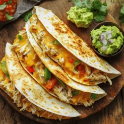- 2 cups cooked chicken, shredded - 1 cup shredded cheese (cheddar or Monterey Jack) - 1 bell pepper, diced - 1 small onion, finely chopped Easy chicken quesadillas start with simple and tasty ingredients. The key is shredded chicken. It adds protein and flavor. Use leftover chicken or rotisserie chicken for ease. Shredded cheese melts beautifully and gives a creamy texture. I prefer cheddar or Monterey Jack for their great taste. Diced bell pepper adds color and crunch. Finely chopped onion brings sweetness and depth. These four main ingredients create a solid base for your quesadillas. - 1 teaspoon ground cumin - 1 teaspoon smoked paprika - Salt and pepper, to taste Spices elevate the flavor of your quesadillas. Ground cumin gives a warm, earthy taste. Smoked paprika adds a hint of smokiness that is delightful. Use salt and pepper to enhance all the flavors. These spices are easy to find and make a big difference in taste. - 1 tablespoon extra-virgin olive oil - 4 large flour tortillas - Salsa or guacamole for serving Extra-virgin olive oil helps cook the veggies nicely. It also prevents sticking in the skillet. Flour tortillas are soft and hold the filling well. They are easy to fold and cook. Salsa or guacamole adds freshness when you serve. These extras bring your meal together and make it special. For the full recipe, refer to the detailed instructions provided earlier. - Heat one tablespoon of olive oil in a medium skillet over medium heat. - Add one small onion, finely chopped, and one diced bell pepper. - Cook for about five minutes. Stir often until the vegetables are soft and fragrant. - Next, add two cups of shredded chicken to the skillet. - Sprinkle in one teaspoon of ground cumin and one teaspoon of smoked paprika. - Season with salt and pepper to taste. Stir well and heat for three to four minutes. - Take one large flour tortilla and lay it flat on a clean surface. - On one half, spread a quarter of the chicken mixture evenly. - Top it with one cup of shredded cheese. Fold the tortilla over to seal the filling. - Wipe the skillet clean and return it to medium heat. - Place one folded quesadilla in the skillet and cook for three to four minutes until golden brown. - Carefully flip the quesadilla and cook the other side for another three to four minutes. - Once cooked, remove the quesadilla from the skillet and let it cool for about a minute. - Slice it into wedges. Serve warm with salsa or guacamole on the side for dipping. For the full recipe, check out the detailed list and steps above. - Use a non-stick skillet: This helps prevent the quesadillas from sticking. It makes flipping easy and keeps them intact. - Avoid overcrowding the pan: Cook one quesadilla at a time. If you crowd the pan, they won’t get crispy. Give each quesadilla space to cook evenly. - Best cheese options for melts: I love using cheddar or Monterey Jack. They melt well and add great flavor. You can also try pepper jack for a spicy twist. - Tips for layering cheese: Layer cheese both inside and on the outside of the quesadilla. This creates a gooey center and a crispy shell. Don’t be shy with the cheese; it makes everything better! - Creative serving suggestions: Arrange quesadilla wedges in a fan shape on a platter. This looks fancy and invites people to dig in. - Adding garnishes: Drizzle with sour cream or sprinkle fresh cilantro on top. This adds color and flavor. You can also serve with salsa or guacamole on the side for dipping. For the full recipe, check out the Cheesy Chicken Quesadillas Delight! {{image_4}} You can easily swap the chicken for ground beef or turkey. These meats add a rich flavor that many enjoy. Ground beef works well with the same spices. Cook it until it's browned before adding it to the quesadilla. For vegetarian options, try black beans or sautéed mushrooms. These ingredients bring a hearty feel without meat. You can also mix in some corn for added sweetness. Kick up the flavor by adding jalapeños or fresh spinach. Jalapeños give a nice heat that warms the dish. Spinach adds a healthy touch and bright color. Both mix well with the chicken and cheese. Using different cheese blends can also enhance the taste. Try pepper jack for a spicy kick or feta for a tangy twist. Mixing cheeses can create a rich, creamy texture that's hard to resist. If you're feeling adventurous, use corn tortillas instead of flour. They add a different texture and flavor. Corn tortillas are also great at holding the filling together. For those who need gluten-free options, look for gluten-free tortillas. Many stores offer good choices that taste great. These options ensure everyone can enjoy your quesadillas. Want to see the full recipe? Check it out [Full Recipe]. To keep your cooked quesadillas fresh, store them in an airtight container. Place a layer of parchment paper between each quesadilla to prevent sticking. They will last in the fridge for up to three days. Before serving, check for any signs of spoilage, like an off smell or discoloration. If you want to save some for later, freezing is a great option. Start by letting the quesadillas cool completely. Then, wrap each one tightly in plastic wrap. Place them in a freezer-safe bag or container. They can stay frozen for up to two months. When you're ready to eat, remove them from the freezer and let them thaw in the fridge overnight. For the best taste, reheat quesadillas in a skillet. Warm it over medium heat for about 3-4 minutes on each side. This keeps them crispy. You can also use an oven. Preheat it to 350°F (175°C) and bake for about 10-15 minutes. If you're in a hurry, a microwave works too, but it may make them a bit soggy. Just heat for 30 seconds to 1 minute. For the full recipe, check out the easy chicken quesadillas details above. Making Easy Chicken Quesadillas is quick. You need about 10 minutes to prep. Cooking takes another 10 minutes. That means you can have a tasty meal ready in just 20 minutes! Yes, using leftover chicken works great! Just shred it and add it to the mix. It saves time and reduces waste. Leftovers can make this dish even more flavorful. You can serve quesadillas with many sides. A fresh salad pairs well. You can also serve rice or beans. These sides will add color and taste to your meal. You can prep quesadillas in advance! Assemble them, then store them in the fridge. Just cook them when you're ready to eat. This is a great time-saver for busy days. To get crispy quesadillas, use a non-stick skillet. Heat it well before adding the quesadilla. Cook it until golden brown on both sides. This ensures a nice, crunchy texture. Easy chicken quesadillas are quick and fun to make at home. You need simple ingredients like chicken, cheese, and spices. Follow our steps to sauté, combine, assemble, and cook. Use tricks to perfect your quesadillas, choose your favorite cheese, and get creative with serve ideas. You can even vary the protein and tortillas for new flavors. Storing and reheating leftovers is easy, too. Enjoy making these tasty meals with family or friends. Happy cooking!