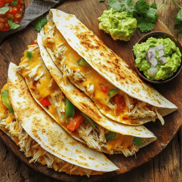 - 2 cups cooked chicken, shredded - 1 cup shredded cheese (cheddar or Monterey Jack) - 1 bell pepper, diced - 1 small onion, finely chopped Easy chicken quesadillas start with simple and tasty ingredients. The key is shredded chicken. It adds protein and flavor. Use leftover chicken or rotisserie chicken for ease. Shredded cheese melts beautifully and gives a creamy texture. I prefer cheddar or Monterey Jack for their great taste. Diced bell pepper adds color and crunch. Finely chopped onion brings sweetness and depth. These four main ingredients create a solid base for your quesadillas. - 1 teaspoon ground cumin - 1 teaspoon smoked paprika - Salt and pepper, to taste Spices elevate the flavor of your quesadillas. Ground cumin gives a warm, earthy taste. Smoked paprika adds a hint of smokiness that is delightful. Use salt and pepper to enhance all the flavors. These spices are easy to find and make a big difference in taste. - 1 tablespoon extra-virgin olive oil - 4 large flour tortillas - Salsa or guacamole for serving Extra-virgin olive oil helps cook the veggies nicely. It also prevents sticking in the skillet. Flour tortillas are soft and hold the filling well. They are easy to fold and cook. Salsa or guacamole adds freshness when you serve. These extras bring your meal together and make it special. For the full recipe, refer to the detailed instructions provided earlier. - Heat one tablespoon of olive oil in a medium skillet over medium heat. - Add one small onion, finely chopped, and one diced bell pepper. - Cook for about five minutes. Stir often until the vegetables are soft and fragrant. - Next, add two cups of shredded chicken to the skillet. - Sprinkle in one teaspoon of ground cumin and one teaspoon of smoked paprika. - Season with salt and pepper to taste. Stir well and heat for three to four minutes. - Take one large flour tortilla and lay it flat on a clean surface. - On one half, spread a quarter of the chicken mixture evenly. - Top it with one cup of shredded cheese. Fold the tortilla over to seal the filling. - Wipe the skillet clean and return it to medium heat. - Place one folded quesadilla in the skillet and cook for three to four minutes until golden brown. - Carefully flip the quesadilla and cook the other side for another three to four minutes. - Once cooked, remove the quesadilla from the skillet and let it cool for about a minute. - Slice it into wedges. Serve warm with salsa or guacamole on the side for dipping. For the full recipe, check out the detailed list and steps above. - Use a non-stick skillet: This helps prevent the quesadillas from sticking. It makes flipping easy and keeps them intact. - Avoid overcrowding the pan: Cook one quesadilla at a time. If you crowd the pan, they won’t get crispy. Give each quesadilla space to cook evenly. - Best cheese options for melts: I love using cheddar or Monterey Jack. They melt well and add great flavor. You can also try pepper jack for a spicy twist. - Tips for layering cheese: Layer cheese both inside and on the outside of the quesadilla. This creates a gooey center and a crispy shell. Don’t be shy with the cheese; it makes everything better! - Creative serving suggestions: Arrange quesadilla wedges in a fan shape on a platter. This looks fancy and invites people to dig in. - Adding garnishes: Drizzle with sour cream or sprinkle fresh cilantro on top. This adds color and flavor. You can also serve with salsa or guacamole on the side for dipping. For the full recipe, check out the Cheesy Chicken Quesadillas Delight! {{image_4}} You can easily swap the chicken for ground beef or turkey. These meats add a rich flavor that many enjoy. Ground beef works well with the same spices. Cook it until it's browned before adding it to the quesadilla. For vegetarian options, try black beans or sautéed mushrooms. These ingredients bring a hearty feel without meat. You can also mix in some corn for added sweetness. Kick up the flavor by adding jalapeños or fresh spinach. Jalapeños give a nice heat that warms the dish. Spinach adds a healthy touch and bright color. Both mix well with the chicken and cheese. Using different cheese blends can also enhance the taste. Try pepper jack for a spicy kick or feta for a tangy twist. Mixing cheeses can create a rich, creamy texture that's hard to resist. If you're feeling adventurous, use corn tortillas instead of flour. They add a different texture and flavor. Corn tortillas are also great at holding the filling together. For those who need gluten-free options, look for gluten-free tortillas. Many stores offer good choices that taste great. These options ensure everyone can enjoy your quesadillas. Want to see the full recipe? Check it out [Full Recipe]. To keep your cooked quesadillas fresh, store them in an airtight container. Place a layer of parchment paper between each quesadilla to prevent sticking. They will last in the fridge for up to three days. Before serving, check for any signs of spoilage, like an off smell or discoloration. If you want to save some for later, freezing is a great option. Start by letting the quesadillas cool completely. Then, wrap each one tightly in plastic wrap. Place them in a freezer-safe bag or container. They can stay frozen for up to two months. When you're ready to eat, remove them from the freezer and let them thaw in the fridge overnight. For the best taste, reheat quesadillas in a skillet. Warm it over medium heat for about 3-4 minutes on each side. This keeps them crispy. You can also use an oven. Preheat it to 350°F (175°C) and bake for about 10-15 minutes. If you're in a hurry, a microwave works too, but it may make them a bit soggy. Just heat for 30 seconds to 1 minute. For the full recipe, check out the easy chicken quesadillas details above. Making Easy Chicken Quesadillas is quick. You need about 10 minutes to prep. Cooking takes another 10 minutes. That means you can have a tasty meal ready in just 20 minutes! Yes, using leftover chicken works great! Just shred it and add it to the mix. It saves time and reduces waste. Leftovers can make this dish even more flavorful. You can serve quesadillas with many sides. A fresh salad pairs well. You can also serve rice or beans. These sides will add color and taste to your meal. You can prep quesadillas in advance! Assemble them, then store them in the fridge. Just cook them when you're ready to eat. This is a great time-saver for busy days. To get crispy quesadillas, use a non-stick skillet. Heat it well before adding the quesadilla. Cook it until golden brown on both sides. This ensures a nice, crunchy texture. Easy chicken quesadillas are quick and fun to make at home. You need simple ingredients like chicken, cheese, and spices. Follow our steps to sauté, combine, assemble, and cook. Use tricks to perfect your quesadillas, choose your favorite cheese, and get creative with serve ideas. You can even vary the protein and tortillas for new flavors. Storing and reheating leftovers is easy, too. Enjoy making these tasty meals with family or friends. Happy cooking!