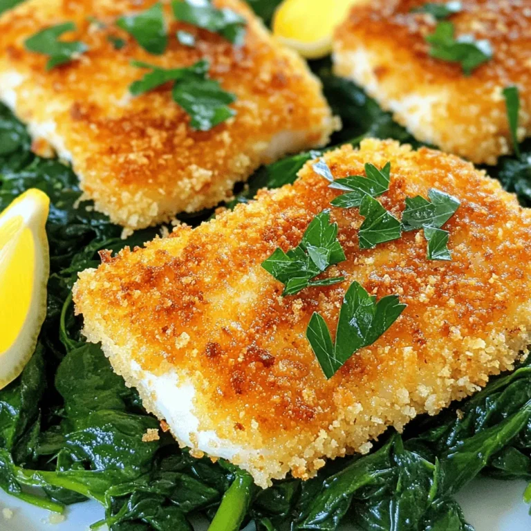 - 4 fresh tilapia fillets - 1 cup finely grated Parmesan cheese - 1 cup panko breadcrumbs - 1 teaspoon garlic powder - 1 teaspoon onion powder - 1 teaspoon dried Italian herbs - 1/2 teaspoon freshly ground black pepper - 1/4 teaspoon salt - 2 large eggs - 2 tablespoons freshly squeezed lemon juice - 2 tablespoons melted butter or olive oil The main ingredients are fresh tilapia fillets, Parmesan cheese, and panko breadcrumbs. These items create a crunchy and cheesy crust that makes the fish delightful. Garlic powder and onion powder add depth to the flavor. The dried Italian herbs give the dish a classic taste. - Fresh herbs like parsley or dill - Lemon wedges as a garnish - Roasted vegetables or a fresh salad You can use fresh herbs to brighten the dish. Parsley or dill adds a nice touch. Lemon wedges are perfect for squeezing over the fish. They enhance the flavor while adding a bright zest. For sides, you might pair this with roasted veggies or a crisp salad. They complement the dish well and add nutrition. If you want to get creative, you can try alternate coatings. Almond flour or crushed cornflakes can replace panko breadcrumbs for a unique twist. These options give the crust a different texture while still being tasty. For the full recipe, check out the detailed cooking instructions above. First, set your oven to 400°F (200°C). This temperature gives the fish a nice golden crust. Next, grab a baking sheet and grease it lightly. You can use cooking spray, melted butter, or olive oil to stop the fish from sticking. In a big bowl, mix the dry ingredients. Combine 1 cup of finely grated Parmesan cheese, 1 cup of panko breadcrumbs, 1 teaspoon of garlic powder, 1 teaspoon of onion powder, 1 teaspoon of dried Italian herbs, 1/2 teaspoon of black pepper, and 1/4 teaspoon of salt. Stir well to ensure an even blend. In another bowl, whisk 2 large eggs with 2 tablespoons of freshly squeezed lemon juice. Mix until combined and a bit frothy. Take each tilapia fillet and dip it into the egg mixture. Make sure both sides are coated well. Allow any extra egg to drip back into the bowl. Then, dredge each fillet in the Parmesan-breadcrumb mix. Gently press the coating onto the fish. This step helps it stick and adds a great crunch. Place the coated fillets on the prepared baking sheet. Space them apart for even cooking. Drizzle 2 tablespoons of melted butter or olive oil over each fillet. This helps with crispiness and flavor. Bake the fish for 15 to 20 minutes. It should be flaky and golden brown when done. For an extra crispy finish, turn on the broiler for 1-2 minutes at the end. Watch closely to prevent burning. After baking, let the fillets rest for a few minutes before serving. This keeps them moist and tasty. To get a crispy crust, press the coating onto the fish. This helps it stick well. Use your fingers to gently push the mixture into the tilapia. After coating, drizzle melted butter or oil on top. This adds flavor and helps it crisp up. To check if your fish is done, use a fork. Flake the fish gently. If it flakes easily, it is ready. After baking, let the fish rest for a few minutes. This helps keep it juicy and tasty. For plating, place the tilapia on a colorful plate. You can use sautéed spinach or vibrant roasted veggies as a base. Garnish your dish with fresh herbs like parsley or dill. A lemon wedge adds a bright touch and flavor, making it look even better. {{image_4}} If you can't find tilapia, don't worry! You can use other fish. Cod or haddock works well. Both have a nice texture and mild taste. If you prefer chicken, try chicken breasts. Cut them into similar sizes to tilapia. For a veggie option, use eggplant or zucchini. Both can be coated and baked just like the fish. To make this dish your own, change the herbs and spices. Basil and parsley can add bright notes. For a bold twist, add paprika or cayenne pepper. This adds a nice kick to the crust. You can also mix in lemon zest for a fresh flavor boost. Simply grate the zest of a lemon into the breadcrumb mix. Pair your tilapia with tasty sides. Quinoa, rice, or a fresh salad works well. You can also serve it with roasted veggies for color. For dips, try a zesty tartar sauce or a spicy aioli. These will enhance the flavor and add a fun touch to your meal. Enjoy experimenting with these ideas to make your dish unique! To keep your leftover tilapia fresh, place it in an airtight container. This helps seal in moisture and flavor. Make sure to refrigerate it right away. Leftover tilapia stays good for up to three days. After that, the quality may drop, and it could spoil. When you’re ready to enjoy your leftover tilapia, choose the oven for reheating. Set it to 350°F (175°C) and place the fish on a baking sheet. Cover it with foil to keep it moist. Heat for about 10 minutes, or until it’s warm throughout. To keep the crust crispy, remove the foil for the last few minutes. You can also use an air fryer for a quick reheating option. This method keeps the crust nice and crunchy. The best fish for Parmesan crusting is tilapia. It has a mild flavor and a flaky texture. Other good options include cod, haddock, and sole. These fish also have similar textures. They hold up well under a crispy crust. Yes, you can prep this dish ahead of time. You can coat the fish and store it in the fridge. Cover it with plastic wrap to keep it fresh. You can also mix the dry ingredients and store them in a separate bowl. This helps save time when you're ready to cook. To make this recipe gluten-free, you can use gluten-free breadcrumbs. There are many brands available that taste great. You can also use crushed cornflakes or ground almonds as alternatives. For flour substitutes, try almond flour or coconut flour. These options will give a nice texture without gluten. In this post, we covered how to make Parmesan Crusted Tilapia. You learned about essential ingredients, prep steps, and baking techniques. We also shared tips for achieving a golden crust and suggested flavorful variations. Whether you're using tilapia or another fish, this recipe can fit your taste. Store leftovers properly to enjoy later, and reheat to keep that crunch. With these methods and ideas, you can create a tasty and satisfying dish with ease. It's time to get cooking and impress your family or friends!