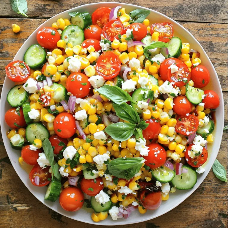 - 3 ears of fresh corn - 2 cups cherry tomatoes - 1 medium cucumber - 1/4 red onion - 1/4 cup fresh basil - 1/4 cup feta cheese - 3 tablespoons extra virgin olive oil - 2 tablespoons balsamic vinegar - Sea salt - Freshly cracked black pepper Using fresh produce is key for flavor and nutrition. Fresh ingredients brighten the dish. I recommend visiting local farmers' markets. Here, you can find fresh corn, tomatoes, and herbs. They are often sweeter and more vibrant than store-bought. Organic ingredients usually offer better taste and less chemical exposure. However, conventional ingredients can still be tasty. Choose what fits your cooking style and budget. Just ensure everything is fresh. Quality matters in every bite. For the full recipe, check out the Sunny Summer Corn & Tomato Salad. To cook the corn perfectly, start by boiling a large pot of water. Add a generous amount of salt once the water boils. Carefully add the husked corn and cook it for about 5-7 minutes. The kernels should be tender and bright yellow. Once done, remove the corn and set it aside to cool slightly. When handling the corn, let it cool until you can touch it safely. Hold the ear of corn upright in a bowl to catch any falling kernels. Use a sharp knife to slice down the sides of the cob. This will release the kernels into the bowl. Now, it’s time to mix the salad. Add the halved cherry tomatoes, diced cucumber, finely chopped red onion, and freshly chopped basil to the bowl with corn. Gently mix these ingredients to ensure they are evenly distributed. This step is key to getting all the flavors in every bite. For the dressing, take a small bowl and combine the extra virgin olive oil and balsamic vinegar. Add a pinch of salt and freshly cracked black pepper. Use a whisk to blend the mixture until smooth. This simple whisking technique helps combine the flavors well. A smooth dressing coats the salad nicely and enhances each ingredient. Drizzle the dressing over the corn and vegetable mix in the large bowl. Use a large spoon to gently stir the ingredients together. Be careful not to break down the feta too much as you mix. The goal is to have all ingredients coated evenly with the dressing. Finally, sprinkle the crumbled feta cheese over the top. Give it one last gentle toss to incorporate the cheese without breaking it down too much. For the full recipe, refer to the section above. To make the best Summer Corn Tomato Salad, choose seasonal ingredients. Fresh corn adds sweetness, while ripe tomatoes bring bright flavor. Look for tomatoes that feel firm and smell sweet. Check that the corn ears have bright green husks and moist silk. You should use your ingredients soon after buying. Store corn in the fridge for up to three days. Keep tomatoes at room temperature for the best taste. Serving is key for summer events. Use a large, colorful platter to show off your salad. For a fun touch, serve in individual bowls. Garnish with extra basil leaves and a sprinkle of feta on top. This adds color and makes it look fresh. You can also pair the salad with grilled meats for a complete meal. Overcooking corn is a common mistake. Cook it just long enough for the kernels to be tender. This keeps the corn sweet and crunchy. Another mistake is not seasoning properly. Taste your salad after mixing. Adjust the salt and pepper to enhance the flavors. A little seasoning makes a big difference! {{image_4}} You can make your salad heartier by adding protein. Grilled chicken or shrimp works perfectly. Just season them lightly and grill until cooked through. Slice them and toss them into the salad. For a vegetarian option, use beans like black beans or chickpeas. They add great flavor and protein without meat. You can elevate the taste of your salad with simple additions. Try adding diced avocado for creaminess. Bell peppers also add crunch and sweetness. Don’t forget to experiment with different dressings! A zesty lime vinaigrette or a creamy ranch can change everything. If you need gluten-free options, this salad is naturally gluten-free. Just check your dressing. For vegan substitutions, omit the feta cheese. You can replace it with avocado or a vegan cheese. These adjustments let everyone enjoy this dish without worry. After making your summer corn tomato salad, store it in the fridge to keep it fresh. Use an airtight container to prevent exposure to air. This helps keep the flavors bright and the veggies crisp. You can also layer a piece of plastic wrap over the salad before sealing the lid. This extra step helps lock in moisture. In the fridge, your salad will last about 3 days. After that, the veggies may start to lose their crunch. If you want to keep it longer, freezing is not a good idea. Freezing changes the texture of fresh veggies. Always enjoy it fresh for the best taste. To refresh your salad after storage, add a drizzle of olive oil and a squeeze of lemon juice. This adds life back to the flavors. You can also mix in some fresh herbs, like basil or parsley. If you want to switch it up, try adding grilled chicken or chickpeas for a new twist. Enjoy your summer corn tomato salad in a new way! For the full recipe, check out the Sunny Summer Corn & Tomato Salad. To make this salad, start with fresh corn. Boil three ears for about five to seven minutes. Once cooked, cool the corn. Cut the kernels off the cob into a bowl. Add two cups of halved cherry tomatoes, one diced cucumber, and some finely chopped red onion. Toss in a quarter cup of chopped basil. In a separate bowl, whisk together three tablespoons of olive oil and two tablespoons of balsamic vinegar. Pour this dressing over the salad and mix gently. Finally, sprinkle a quarter cup of crumbled feta cheese on top and give a light toss. You can find the full recipe [here](#). If you want a dairy-free option, try crumbled tofu. It has a similar texture. You can also use cashew cheese for a creamier taste. If you are not vegan, goat cheese works well too. It adds a nice tang. Nutritional yeast can also give a cheesy flavor without the dairy. You can use canned corn, but fresh corn is best for taste. Canned corn is already cooked, so it saves time. However, it may lack the crunch of fresh corn. If you use canned corn, rinse it well to remove extra salt. Fresh corn has a sweeter taste and better texture. For summer salads, I prefer fresh corn. To serve more people, simply double or triple the ingredients. Use six or nine ears of corn. Adjust the other ingredients accordingly. Keep the same ratios for flavor. Prepare the dressing in larger amounts too. If you want to make it easier, mix everything in a big bowl for easy serving. This salad is perfect for parties! This blog post guided you through making a delicious Summer Corn Tomato Salad. We covered fresh ingredients, cooking tips, and variations to suit your taste. Remember to use fresh produce for the best flavor. Don’t forget to experiment with proteins or different dressings to keep it exciting. Storing and reviving leftovers will help you enjoy this dish longer. A tasty salad can brighten up any meal, so go ahead and get creative!