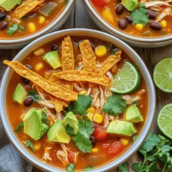 - 1 lb boneless, skinless chicken thighs (or breasts) - 1 medium onion, finely diced - 3 cloves garlic, minced - 1 can (14.5 oz) diced tomatoes, including juice - 1 can (15 oz) black beans, thoroughly rinsed and drained - 1 can (15 oz) corn kernels, drained - 4 cups low-sodium chicken broth - 1 tablespoon chili powder - 1 teaspoon ground cumin - 1 teaspoon smoked paprika - 1 cup bell peppers (diced red and yellow) - 2 tablespoons extra virgin olive oil - Tortilla strips, cilantro, avocado, lime - Additional spices for flavor enhancement - Topping alternatives like cheese or sour cream When making my Southwest Chicken Tortilla Soup, I gather all these ingredients first. The chicken thighs give the soup a rich flavor. Onions and garlic add a nice base. Diced tomatoes give it a fresh taste. The black beans and corn bring a sweet touch. I choose low-sodium chicken broth to keep the soup healthy. Chili powder, cumin, and smoked paprika add warmth and depth. Bell peppers bring color and crunch. I use extra virgin olive oil to sauté the base. For garnishes, I love tortilla strips, fresh cilantro, diced avocado, and lime wedges. You can even mix in some cheese or sour cream if you like. This is not just a soup; it is a meal that warms you up. With these ingredients, you can create a dish that is both tasty and satisfying. For the full recipe, check the details above! Start by heating two tablespoons of olive oil in a large pot over medium heat. Once hot, add one diced onion. Sauté it for about three to four minutes until it turns translucent. This step builds a great flavor base for your soup. Next, add three minced garlic cloves. Cook them for one more minute. Make sure to stir so they don’t burn. When they smell fragrant, you know it’s time to move on. Now, it’s time for the chicken. Use one pound of boneless, skinless chicken thighs or breasts. Season them with salt, pepper, chili powder, cumin, and smoked paprika. Sear the chicken in the pot for about five to six minutes. Turn it occasionally until it gets a nice golden-brown color. After that, carefully pour in four cups of low-sodium chicken broth. Add one can of diced tomatoes, one can of black beans, one can of corn, and one cup of diced bell peppers. Stir everything well to combine. Bring the soup to a gentle boil, then lower the heat to simmer. Cover the pot and let it simmer for 20 to 25 minutes. This allows the chicken to cook through and become tender. Once done, remove the chicken from the pot. Use two forks to shred the chicken and return it to the soup. Now, taste your creation and adjust the seasoning if needed. You can add a bit more salt, pepper, or spices. Ladle the hot soup into bowls and garnish with tortilla strips, diced avocado, and fresh cilantro. Serve with lime wedges for an extra zing. Enjoy your savory Southwest Chicken Tortilla Soup! You can find the full recipe for further details. To make your soup shine, seasoning is key. Start with salt and pepper. Add chili powder for a kick. A squeeze of lime at the end brightens the flavors. Taste as you go. This way, you can adjust the seasoning to your liking. Simmering time matters too. Let the soup cook for at least 20-25 minutes. This helps all the flavors blend well. If you rush it, you miss out on the deep taste. A sturdy pot is a must. I recommend a large, heavy-bottomed pot. It holds heat well and lets your soup cook evenly. A good wooden spoon helps mix the ingredients without scratching the pot. You also need a sharp knife. Dicing the onion, garlic, and peppers will be quick and easy. A sharp knife makes clean cuts, so you avoid any mess. Garnishing makes a big difference. Top your soup with tortilla strips for crunch. Add diced avocado for creaminess. Fresh cilantro gives a fresh taste. Squeeze lime juice over the top for a zesty finish. For sides, try corn muffins or tortilla chips. They pair well with the soup and add a nice touch. If you want a refreshing drink, serve iced tea or a light beer. You can find the full recipe in the earlier sections. Enjoy crafting this flavorful dish! {{image_4}} If you want a vegetarian version, skip the chicken. You can add more beans instead. Black beans work great, or try pinto beans. Tofu is another good choice. Use firm tofu for the best texture. Cube it and add it to the soup. This change keeps the soup tasty and filling. To change the heat, adjust the chili powder. For mild soup, use less chili powder. If you love heat, add more. Fresh peppers can also boost the spice. Jalapeños or serranos are great options. Dice them up and toss them into the mix for a flavorful kick. Feel free to swap proteins. Turkey or pork can replace the chicken easily. Each brings a unique taste to the soup. You can also add extra vegetables. Carrots, zucchini, or spinach add color and nutrition. These swaps make the soup your own. For the full recipe, check out the complete guide to making this delicious dish! To keep your soup fresh, let it cool first. Pour it into airtight containers. Make sure to leave some space at the top. This helps with expansion when freezing. Store the soup in the fridge for up to three days. If you want to keep it longer, consider freezing it. For freezing, use freezer-safe containers or heavy-duty bags. Remove as much air as possible to prevent freezer burn. You can freeze the soup for up to three months. To thaw, place it in the fridge overnight or use the microwave. Avoid refreezing once it has thawed. To reheat the soup, use a pot on the stove over medium heat. Stir often to keep it from sticking. You can also use the microwave in short bursts. This helps keep the soup flavorful and fresh. Add a splash of broth if it seems too thick. Serve hot with your favorite toppings from the Full Recipe for extra flavor! It takes about 15 minutes to prep. The cook time is around 25 minutes. So, the total time is about 45 minutes. This soup is quick and easy for a weeknight meal. Yes, you can make this soup a day ahead. Store it in the fridge for up to 3 days. Just reheat it on the stove or in the microwave before serving. You can use turkey or tofu as alternatives. For a vegetarian option, add more beans like kidney or pinto. You could also use lentils for a hearty twist. The soup has a mild spice level. To lower the heat, use less chili powder. To increase spice, add fresh jalapeños or cayenne pepper. Taste as you go to find your perfect balance. For the full recipe, check out the detailed instructions above. You can make a delicious Southwest Chicken Tortilla Soup with simple ingredients. Start with chicken, onion, and tomatoes. Add black beans and corn for nutrition. Sauté and simmer for rich flavor. Consider the tips for seasoning and serving to enhance your dish. You can also personalize it with spices or toppings. Try this soup hot, and store leftovers for easy meals. Enjoy the process, and let your creativity shine in the kitchen!