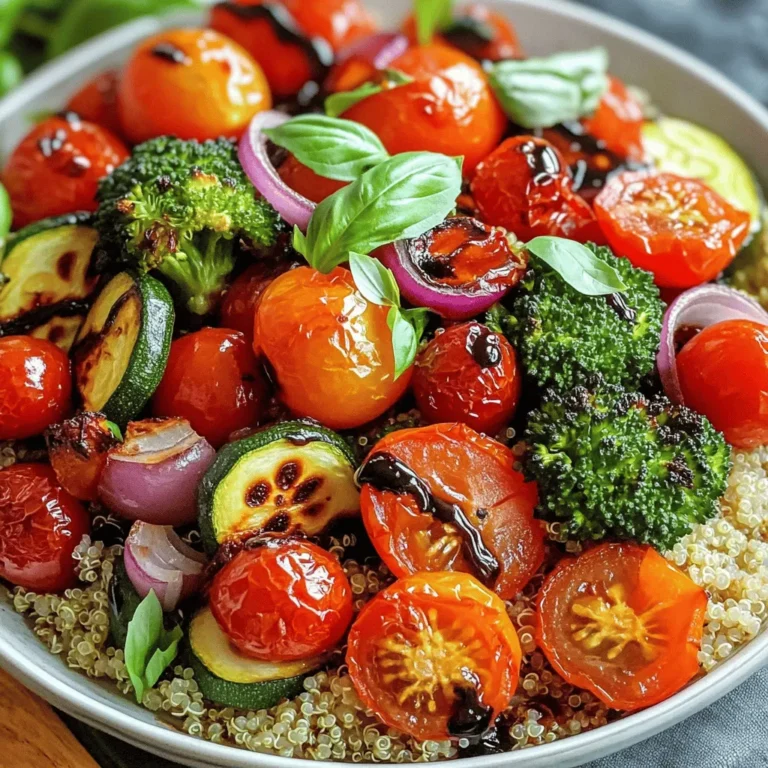 - 1 cup cherry tomatoes, halved - 1 red bell pepper, chopped into bite-sized pieces - 1 medium zucchini, sliced into half-moons - 1 medium red onion, diced into small chunks - 1 cup broccoli florets, cleaned and trimmed - 3 tablespoons extra virgin olive oil - 4 tablespoons balsamic vinegar - 2 teaspoons honey (or maple syrup for vegan option) - Salt and freshly ground black pepper, to taste - 1 teaspoon garlic powder - 1 teaspoon dried oregano - 1 cup cooked quinoa or brown rice (your choice) - Fresh basil leaves for garnish In my kitchen, I love using fresh, colorful veggies. They not only taste good but also make the meal look great. Each ingredient plays a role in the dish. For example, cherry tomatoes add a burst of sweetness. Red bell pepper brings a crunchy texture. Zucchini and red onion add depth and flavor. Broccoli packs in nutrients and makes the dish more filling. To bring out the best in these veggies, I use flavorings that meld perfectly. Extra virgin olive oil adds richness. Balsamic vinegar gives a tangy kick, while honey sweetens the mix. Seasoning with salt and pepper ensures every bite is tasty. Garlic powder adds a savory note, and oregano gives an earthy touch. For the base, I often choose quinoa or brown rice. Both options are healthy and hearty. They soak up the delicious balsamic dressing. Finally, fresh basil leaves are the cherry on top. They add a bright, herbal note. For the full recipe, check out the details above. - Preheat your oven to 425°F (220°C). - In a large mixing bowl, combine the halved cherry tomatoes, chopped red bell pepper, sliced zucchini, diced red onion, and cleaned broccoli florets. - Drizzle the vegetables with extra virgin olive oil and balsamic vinegar. - Add honey, salt, freshly ground black pepper, garlic powder, and dried oregano. Toss everything well to coat each piece. - Spread the seasoned vegetable mix evenly onto a baking sheet. - Roast for 20-25 minutes, stirring halfway through. You want them tender and slightly browned. - While the veggies roast, prepare your quinoa or brown rice according to package instructions. - Once the vegetables are done, let them cool a bit to enhance their flavors. - In each bowl, add a scoop of the cooked grains at the bottom. - Pile the roasted veggies high on top of the grains for a colorful look. - Finish with fresh basil leaves for a pop of flavor and color. For the complete recipe, check the [Full Recipe]. - Use parchment paper for easy cleanup. - Avoid overcrowding the baking sheet for even roasting. When you roast veggies, a clean baking sheet makes life easier. Parchment paper helps the veggies slide off and keeps your pan clean. It also helps the veggies get crispy. If you pack too many veggies onto the sheet, they might steam instead of roast. Give them space to cook evenly. - Substitute vegetables based on seasonal availability. - For more heat, add a pinch of red pepper flakes. Feel free to switch out the veggies based on what you have. Carrots, sweet potatoes, or asparagus all work well. Using seasonal veggies not only tastes better but is also good for your wallet. If you like some heat, a pinch of red pepper flakes adds a nice kick. - Drizzle with balsamic reduction before serving. - Serve in colorful bowls for a vibrant display. To make your dish pop, drizzle balsamic reduction on top. It adds flavor and looks fancy. Bright bowls can also make your meal more fun. The colors of the veggies will shine against a bold bowl. You can find the full recipe at the beginning of this article. Enjoy making your Balsamic Roasted Veggie Bowls! {{image_4}} You can boost your Balsamic Roasted Veggie Bowls with extra protein. Adding chickpeas gives a nice crunch and a hearty feel. They soak up the balsamic flavor well. If you want meat, grilled chicken is a great choice. For a plant-based option, try tofu. It soaks up the sauce and adds creaminess. Switching grains can change the dish's vibe. You can use farro or couscous instead of quinoa or brown rice. Each grain has its own taste and texture. If you want a low-carb option, try cauliflower rice. It’s light and pairs well with roasted veggies. Herbs can really change the taste of your bowl. Experiment with thyme or rosemary for a fresh twist. You can also add cheese for creaminess. Feta or goat cheese works great on top. Both add a touch of tanginess that complements the sweet balsamic. Feel free to get creative with these variations to make your dish unique! For the full recipe, check out the provided link. Store any leftovers in airtight containers in the refrigerator. They stay fresh for about 3-5 days. Keeping them sealed helps maintain their flavor and texture. You can freeze individual portions for quick meals later. Just make sure to let them cool first. Thaw overnight in the fridge before you reheat them. This method keeps your veggies tasty and fresh. When you're ready to enjoy your leftovers, reheat them in the microwave or oven until warmed through. For an extra kick, add a splash of balsamic vinegar while reheating. It brings back that wonderful flavor from the first time you made them. Yes, substitute honey with maple syrup. This small swap keeps the dish sweet and plant-based. You can enjoy the same great taste while sticking to your vegan diet. You can add any seasonal vegetables or protein of your choice. Try using asparagus, carrots, or sweet potatoes. Feel free to mix in chickpeas or grilled chicken for extra protein. The options are endless, so let your taste guide you! This dish pairs well with a light salad or crusty bread for a complete meal. A fresh greens salad adds crunch and balance. Crusty bread is perfect for soaking up any leftover balsamic glaze. Enjoy your meal with these simple sides for a satisfying experience. This blog post shared a simple way to make Balsamic Roasted Veggie Bowls. You now know the right ingredients, how to prepare them, and tips for roasting. Adding protein or using different grains can change your dish too. Remember to store leftovers correctly, so nothing goes to waste. Enjoy making this healthy meal that fits your taste and needs! Get creative and enjoy every bite!