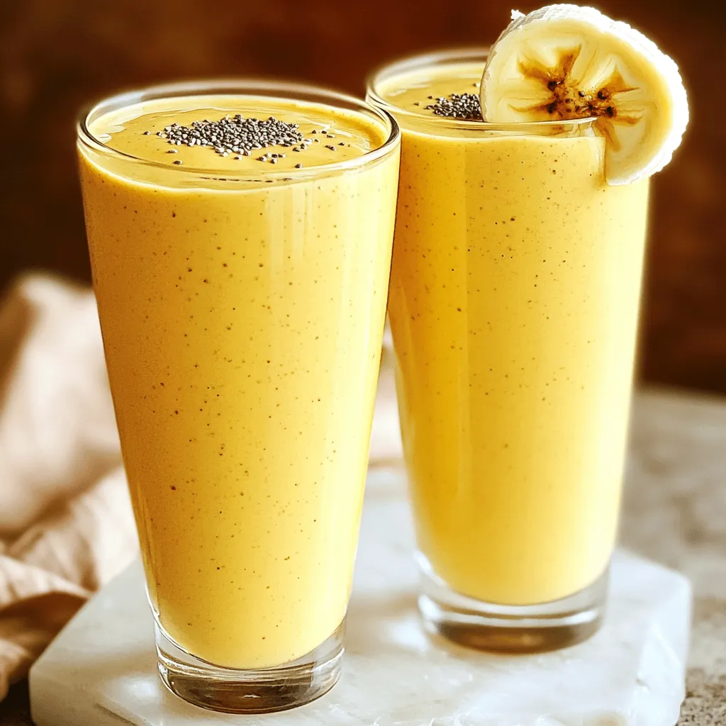 - 2 ripe bananas, frozen - 2 tablespoons creamy peanut butter - 1 cup unsweetened almond milk (or your preferred milk alternative) - 1 tablespoon honey or maple syrup (optional, to enhance sweetness) - 1/2 teaspoon vanilla extract - 1 tablespoon chia seeds (optional, for a nutritional boost) - A pinch of cinnamon (for added flavor) For this easy recipe, you will need specific amounts for each item. Here’s a quick guide: - Bananas: Use 2 ripe, frozen bananas for a creamy base. - Peanut Butter: Add 2 tablespoons for rich flavor. - Almond Milk: Pour in 1 cup for smooth blending. - Sweetener: 1 tablespoon of honey or maple syrup is optional. - Vanilla Extract: Use 1/2 teaspoon for a hint of warmth. - Chia Seeds: 1 tablespoon gives added nutrition but is not required. - Cinnamon: Just a pinch enhances the taste. This recipe serves two, making it perfect for sharing. You can adjust the amounts based on your needs. A peanut butter banana smoothie is not just tasty; it’s also good for you. Here are some key points: - Calories: This smoothie has about 350-400 calories per serving. - Nutrients: It is rich in potassium, protein, and fiber. - Health Benefits: Bananas provide energy and help digestion. Peanut butter adds protein and healthy fats. Together, they make a filling snack or meal. This smoothie is a great choice for breakfast or an afternoon boost. Enjoy the flavors and the health benefits! 1. Start with two ripe bananas. Peel them and break them into smaller chunks. This makes blending easier and helps the smoothie become smooth. 2. Grab a high-speed blender. Add the banana pieces to the blender. Then, add two tablespoons of creamy peanut butter. Next, pour in one cup of almond milk. If you want it sweeter, add one tablespoon of honey or maple syrup. Also, add half a teaspoon of vanilla extract, one tablespoon of chia seeds, and a pinch of cinnamon for extra flavor. - Blend all the ingredients on high speed. Stop occasionally to scrape down the sides. This helps mix everything well. - If your smoothie is too thick, add more almond milk. Blend again after each addition. This will help you find the right thickness for your taste. 1. Once blended, pour the smoothie into tall glasses. This makes it look nice and inviting. 2. For a fun touch, sprinkle some chia seeds on top. You can also add a slice of banana on the rim of the glass. This adds a cheerful look to your smoothie. Enjoy it right away for the best taste! To make a great smoothie, start with ripe bananas. Look for bananas with brown spots. These are sweet and creamy when blended. If you want a thicker smoothie, freeze your bananas ahead of time. This gives a nice texture. For peanut butter, choose creamy varieties. Natural peanut butter works well and adds rich flavor. Check the label for minimal ingredients. You want pure peanuts and salt, nothing more. A high-speed blender is best for this smoothie. It blends the banana and peanut butter smoothly. If you have a regular blender, it still works. Just blend longer and pause to scrape down the sides. Cleaning your blender is easy. Fill it halfway with warm water and a drop of soap. Blend for a few seconds, then rinse. This keeps your blender fresh and ready for your next smoothie. For younger taste buds, use extra sweeteners like honey or maple syrup. Start with a small amount and taste. You can also add a little vanilla extract for extra flavor. Involve your kids in making this smoothie! Let them peel the bananas or pour ingredients into the blender. It makes cooking fun and teaches them healthy habits. Plus, they will love drinking something they helped make! {{image_4}} To make your peanut butter banana smoothie even more fun, try adding cocoa powder. This will turn it into a rich chocolate treat. Just add one tablespoon of cocoa powder when blending. You will love the extra flavor. Another fun way to change the taste is by adding spinach. This makes your smoothie green and adds good nutrients. Just toss in a handful of fresh spinach before blending. You won’t even taste it! If you want to add more protein, think about using protein powder. A scoop in your smoothie can help keep you full for longer. It’s a quick way to boost your nutrition. You can also use Greek yogurt instead of almond milk. This will make your smoothie thick and creamy. Plus, it adds protein and calcium, making it a great meal choice. For those who want non-dairy options, try different milk types. You can use oat milk, coconut milk, or soy milk. Each gives a unique twist to the flavor. If you’re vegan, skip honey and use maple syrup instead. This keeps your smoothie plant-based. You can also use agave nectar for sweetness. It’s a great way to enjoy this tasty drink while sticking to your diet. For the full recipe, check out the detailed instructions above. To keep your peanut butter banana smoothie fresh, store any leftovers in the fridge. Use a tightly sealed container. This helps prevent oxidation, which can change the flavor and color. Enjoy it within 24 hours for the best taste. If you want to save your smoothie for later, freezing is a great option. Pour the smoothie into ice cube trays or freezer-safe bags. This way, you can grab a portion when needed. Frozen smoothies can last up to three months in the freezer. When you're ready to enjoy a frozen smoothie, thaw it properly. The best method is to leave it in the fridge overnight. This keeps the texture smooth and creamy. If you're in a hurry, you can also thaw it at room temperature for about 30 minutes. After thawing, you may find the smoothie has separated. Simply give it a quick blend to mix everything back together. Adding a little almond milk can help restore the creamy texture. A quick spin in the blender ensures a delicious smoothie every time. What are the health benefits of a peanut butter banana smoothie? This smoothie is packed with nutrients. Bananas provide potassium and fiber. Peanut butter offers protein and healthy fats. Together, they boost energy and keep you full longer. The chia seeds add omega-3 and more fiber. This makes it a great snack or meal replacement. Can I use peanut butter alternatives like almond or sunflower butter? Yes, you can! Almond butter gives a nutty taste. Sunflower butter is a great option for nut allergies. Both work well in this recipe. Just use the same amount as the peanut butter. How can I make this smoothie more filling? To make this smoothie more filling, add oats or Greek yogurt. Both add more protein and fiber. You can also add a scoop of protein powder. This keeps you satisfied longer. How to make a peanut butter banana smoothie without a blender? If you don’t have a blender, mash the bananas in a bowl. Stir in the peanut butter and almond milk. Use a fork to mix until smooth. It may not be as creamy, but it will taste great! Can I make this smoothie ahead of time? Yes, you can prepare this smoothie ahead of time. Store it in the fridge for up to 24 hours. Just give it a quick stir before drinking. For longer storage, freeze it in portions. Thaw overnight in the fridge. Alternatives for almond milk If you can’t find almond milk, use soy milk or oat milk. Both are tasty and work well. You can also use regular milk if you prefer. Substitutes for honey or maple syrup If you want to skip honey or maple syrup, try agave syrup or stevia. These sweeteners are good options. You can also leave it out if you like it less sweet. This blog post covered how to make a peanut butter banana smoothie, highlighting key ingredients like ripe bananas, creamy peanut butter, and almond milk. We discussed easy steps for preparation and blending, plus tips for making it kid-friendly. In conclusion, this smoothie is tasty and packed with nutrients. Experiment with flavors and enjoy it fresh or frozen. With these tips, you can make your smoothie perfect every time. Enjoy your blend of health and fun!