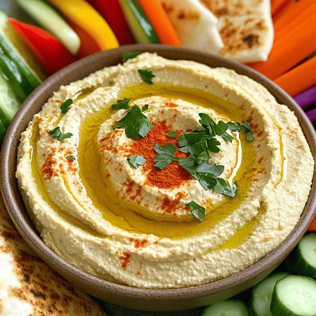 To make this tasty dip, you need: - 1 cup canned chickpeas, drained and rinsed - 4 cloves roasted garlic - 3 tablespoons tahini - 2 tablespoons freshly squeezed lemon juice - 2 tablespoons extra virgin olive oil, plus more for drizzling - 1/2 teaspoon ground cumin - Salt to taste - Water, as needed for desired texture For added flair and flavor, consider these garnishes: - Fresh parsley, chopped - Smoked paprika You will need a few tools to whip up this hummus: - A powerful food processor - A mixing bowl - A sharp knife - Aluminum foil for roasting garlic - A shallow serving bowl for presentation Gather these ingredients and tools before you start. This way, you can focus on creating your amazing roasted garlic hummus. For the full recipe, refer to the earlier section. To start, preheat your oven to 400°F (200°C). Take a whole head of garlic and slice off the top. This exposes the cloves. Drizzle the garlic with a good amount of olive oil. Wrap it in aluminum foil. Place the wrapped garlic in the oven and roast for 30-35 minutes. The cloves should become soft and smell great. Let it cool a bit, then squeeze the soft, caramelized cloves into a bowl. In a powerful food processor, combine the drained chickpeas, roasted garlic, tahini, lemon juice, olive oil, ground cumin, and salt. Pulse the mixture until it turns smooth. You may need to scrape down the sides to mix evenly. The goal is a silky texture that is easy to spread. Taste your hummus. If it’s too thick, add water slowly, one tablespoon at a time. Blend after each addition until you reach the creaminess you want. If the flavor needs a boost, add more salt or a splash of lemon juice. Blend again to mix any changes. Enjoy the deliciousness of your roasted garlic hummus! For the complete recipe, check out the Full Recipe section. To make your hummus creamy, use a powerful food processor. Start with well-drained chickpeas for a smooth base. Add roasted garlic to bring rich flavor. If your hummus is too thick, add cold water slowly. Blend and check the texture until it feels just right. You want it silky, not chunky. Taste is key! After blending, give your hummus a taste. You might want more salt or lemon juice. A pinch of cayenne can add a nice kick. Fresh herbs like cilantro or basil can brighten the flavor. Experiment until you find a balance that you love. Store leftover hummus in an airtight container. It keeps well in the fridge for about a week. If it thickens, add a bit of water when you serve it again. For reheating, gently warm it in the microwave. Always add a drizzle of olive oil before serving for freshness. For a complete guide, check out the Full Recipe. {{image_4}} To spice things up, you can easily add heat to your roasted garlic hummus. Start by adding fresh jalapeños or red pepper flakes to the mix. You can also blend in a teaspoon of harissa for a North African twist. This will give your hummus a nice kick without losing its creamy texture. Adjust the spice to your taste, and enjoy the warmth it brings! Herbs can elevate your hummus to new heights. Try adding fresh basil, cilantro, or dill to the mix. Each herb will give your hummus a unique flavor profile. A sprinkle of fresh chives or thyme can also add a nice touch. Blend these herbs in at the end for a fresh burst of flavor. This way, you keep the vibrant green color and enjoy the aroma. If you want to switch things up, consider using different beans. White beans or black beans can create a new taste. Instead of tahini, you can use Greek yogurt for a creamy texture and tang. For a nut-free option, sunflower seed butter works well too. You can also replace lemon juice with lime juice for a zesty twist. The key is to experiment and find what you love! For the full recipe, check out the instructions on how to make this delicious dip. Hummus is not just a tasty dip; it is also packed with health benefits. This creamy delight is full of nutrients that support your body. Let's explore why hummus, especially roasted garlic hummus, is a smart choice. Roasted garlic hummus is rich in protein and fiber. A serving typically contains: - 1 cup canned chickpeas, drained and rinsed - 4 cloves roasted garlic - 3 tablespoons tahini - 2 tablespoons lemon juice - 2 tablespoons extra virgin olive oil These ingredients provide essential vitamins and minerals. The fiber helps with digestion, while the protein keeps you full. Healthy fats from olive oil support heart health. Chickpeas are a fantastic food choice. They are high in protein and fiber. This helps you feel satisfied longer. Plus, they are low in fat. Eating chickpeas may also lower your risk of heart disease. They contain vitamins like B6 and folate, which support energy and mood. Roasted garlic adds a unique flavor and many health perks. It has antioxidants that help fight disease. Roasting makes garlic sweeter and milder, making it easy to enjoy. It may also boost your immune system and lower blood pressure. Plus, roasted garlic gives your hummus a rich, savory taste that everyone loves. For the full recipe, check out the Roasted Garlic Hummus section. It's an easy way to make a healthy and flavorful dip. To make roasted garlic hummus, first, roast garlic by cutting off the top of a head and drizzling it with olive oil. Wrap it in foil and bake at 400°F for 30-35 minutes. After it cools, squeeze the soft cloves into a bowl. In a food processor, add 1 cup of chickpeas, the roasted garlic, 3 tablespoons of tahini, 2 tablespoons of lemon juice, and 2 tablespoons of olive oil. Blend until smooth. If it’s too thick, add water slowly. Taste for salt and lemon juice. Transfer it to a bowl and garnish. For the full recipe, check the detailed instructions above. You can use raw garlic, but the flavor changes. Raw garlic tastes sharp and spicy. Roasted garlic is sweet and creamy. If you choose raw garlic, use less. Start with one clove and taste. Adjust as needed. The taste will be different, so I recommend sticking to roasted garlic for the best hummus. Roasted garlic hummus pairs well with many foods. Here are some great options: - Warm pita bread - Crisp veggie sticks (carrots, cucumbers, bell peppers) - Whole-grain crackers - Grilled chicken or shrimp - Stuffed grape leaves These choices add color and crunch. They make your hummus dish more fun and tasty. Enjoy experimenting with different pairings! Roasted garlic hummus is simple to make and tasty. You learned about key ingredients and how to prepare them. I shared tips for perfecting your hummus and exploring fun variations. Plus, we discussed health benefits that come with this dish. Enjoy making your own hummus, and don't be afraid to try new flavors. Each batch is a chance to learn and create. Happy cooking!