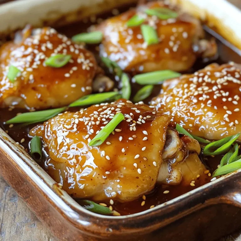 - 4 boneless, skinless chicken thighs - 1/4 cup soy sauce (low sodium recommended for a lighter option) - 1/4 cup honey or maple syrup (for sweetness) - 2 tablespoons rice vinegar (for tanginess) - 2 tablespoons sesame oil (for nuttiness) - 2 cloves garlic, minced (for aroma) - 1 teaspoon fresh ginger, grated (for a spicy kick) - 1 tablespoon cornstarch (for thickening) - 2 tablespoons water (to mix with the cornstarch) - Sesame seeds (to garnish) - Sliced green onions (to garnish) When making Baked Teriyaki Chicken, the ingredients play a vital role. The chicken thighs are juicy and flavorful, making them the perfect choice. The soy sauce brings saltiness, while honey or maple syrup adds a sweet touch. Rice vinegar adds tang, and sesame oil gives a nutty flavor that is hard to resist. You can customize the dish with optional ingredients. Try adding red pepper flakes for heat or fresh herbs for brightness. These tweaks can make the dish unique to your taste. Presentation is key! After baking, sprinkle sesame seeds and sliced green onions on top. This not only looks great but also adds fresh flavor. You can serve this dish with rice and vegetables for a complete meal. Check the [Full Recipe] for detailed instructions on preparing this delicious dish. How to prepare the marinade Start by mixing your marinade. In a bowl, add the soy sauce, honey or maple syrup, rice vinegar, sesame oil, minced garlic, and grated ginger. Whisk until smooth. This blend gives your chicken a rich flavor. Marinating the chicken for optimal flavor Place the chicken thighs in a baking dish. Pour the marinade over the chicken. Ensure each piece is covered well. For best results, cover the dish and chill it in the fridge for at least 30 minutes. If you have more time, marinate for up to 2 hours. This will boost the flavor. Arranging chicken for baking After marinating, take the chicken out of the fridge. Arrange the chicken thighs in a single layer in the baking dish. Set aside the leftover marinade for later. This step is key for even cooking. Baking time and temperature details Preheat your oven to 400°F (200°C). Bake the chicken for 25-30 minutes. This will cook the chicken evenly and make it juicy. Checking doneness with a meat thermometer To check if the chicken is done, use a meat thermometer. Insert it into the thickest part of the thigh. The chicken should reach an internal temperature of 165°F (75°C). This ensures it is safe to eat. Thickening the leftover marinade While the chicken bakes, take the reserved marinade and pour it into a saucepan. In a bowl, mix cornstarch with water until smooth. Gradually stir this mixture into the marinade. Heat the saucepan over medium heat. Bring it to a gentle boil, stirring for 2-3 minutes. It will thicken nicely for serving. This recipe gives you a juicy and flavorful dish that is sure to impress. For the complete instructions, see the Full Recipe. To marinate chicken effectively, choose a deep dish. This helps the chicken soak up all the flavors. Use a mix of soy sauce, honey, rice vinegar, sesame oil, garlic, and ginger. For the best taste, let the chicken sit in the marinade for at least 30 minutes. If you can, go for 2 hours. The longer it sits, the better it tastes. You can use leftover marinade in many ways. After baking, heat it to make a sauce. Just add cornstarch mixed with water to thicken it. You can also use it as a dipping sauce for veggies or rice. Adjust the recipe to fit your taste. Want it sweeter? Add more honey or maple syrup. If you like it spicy, toss in some red pepper flakes. Play around with the ingredients to find your perfect blend. When baking chicken thighs, make sure they fit in one layer. This helps them cook evenly. Preheat your oven to 400°F (200°C) for best results. Use a meat thermometer to check if the chicken is done. It should reach 165°F (75°C). For preparation, a good baking dish makes a difference. Use glass or ceramic for even heat. A whisk will help mix your marinade well, so keep one handy. To achieve the perfect glaze, drizzle the thickened sauce on the chicken right after baking. Let it sit for a bit to soak in. This step adds shine and flavor. Enjoy the delicious results of your baked teriyaki chicken! {{image_4}} You can change some ingredients if you want. Here are some ideas: - Honey or maple syrup: Try using agave syrup or brown sugar. Both add sweetness. - Low-sodium soy sauce: Look for coconut aminos for a gluten-free option. It tastes great too! - Different proteins: Swap chicken thighs for chicken breasts or use tofu for a plant-based option. Tofu absorbs flavor well. Want to spice things up? Here are some ways to enhance your dish: - Adding spices: Add red pepper flakes for some heat or black pepper for a slight kick. - Incorporating vegetables: Toss in broccoli or bell peppers to turn this into a one-pan meal. They roast well and add color. - Fusion ideas: Try adding a hint of curry powder for an Indian twist or citrus zest for a fresh flavor. These small changes can make your meal exciting. You can find the Full Recipe to explore more ideas! To keep your Baked Teriyaki Chicken fresh, store it in an airtight container. Place it in the fridge right after it cools. This helps maintain its juicy texture. Baked Teriyaki Chicken lasts about 3 to 4 days in the fridge. After that, it may dry out or lose flavor. If you want to save it for longer, freezing is a great option. Wrap the chicken tightly in plastic wrap or foil, then place it in a freezer bag. This method helps prevent freezer burn. Baked Teriyaki Chicken can last up to 3 months in the freezer. To reheat, thaw it overnight in the fridge, then warm it in the oven at 350°F (175°C) until hot. You can create exciting meals with your leftovers. Try slicing the chicken and adding it to salads or wraps. This adds a delicious teriyaki flavor to your lunch. You can also serve it over rice or noodles for a quick dinner. Pair Baked Teriyaki Chicken with sides like steamed broccoli or fried rice. These dishes complement the sweet and savory flavors well. For drinks, consider serving it with iced tea or sparkling water. For meal prep, portion out the chicken with your favorite sides. This makes it easy to grab a meal during busy days. Using Baked Teriyaki Chicken in meal prep helps you enjoy tasty dishes all week long! You can find the full recipe above to start your culinary adventure. How long should I marinate Baked Teriyaki Chicken? I recommend marinating for at least 30 minutes. For better flavor, try 2 hours. This helps the chicken soak up all that yummy teriyaki sauce. Can I use chicken breast instead of thighs? Yes, you can use chicken breast. Keep in mind that chicken thighs stay juicier. If you use breasts, watch the bake time so they don't dry out. What can I substitute for sesame oil? You can use olive oil or canola oil. These oils won’t give the same nutty taste, but they work well in a pinch. Is Baked Teriyaki Chicken gluten-free? Not always. Regular soy sauce contains gluten. Look for gluten-free soy sauce or tamari for a safe option. How do I know when my chicken is fully cooked? Use a meat thermometer. The chicken should reach 165°F (75°C). This ensures it is safe to eat and juicy. Baked Teriyaki Chicken is simple and fun to make. We covered key ingredients, steps, and tips. You learned how to marinate chicken and achieve a tasty glaze. Remember to customize your recipe with your favorite flavors. Enjoy leftovers in new meals or snacks. With these insights, you can create a delicious dish that impresses everyone at the table. Get cooking, and savor every bite of your Teriyaki Chicken delight!