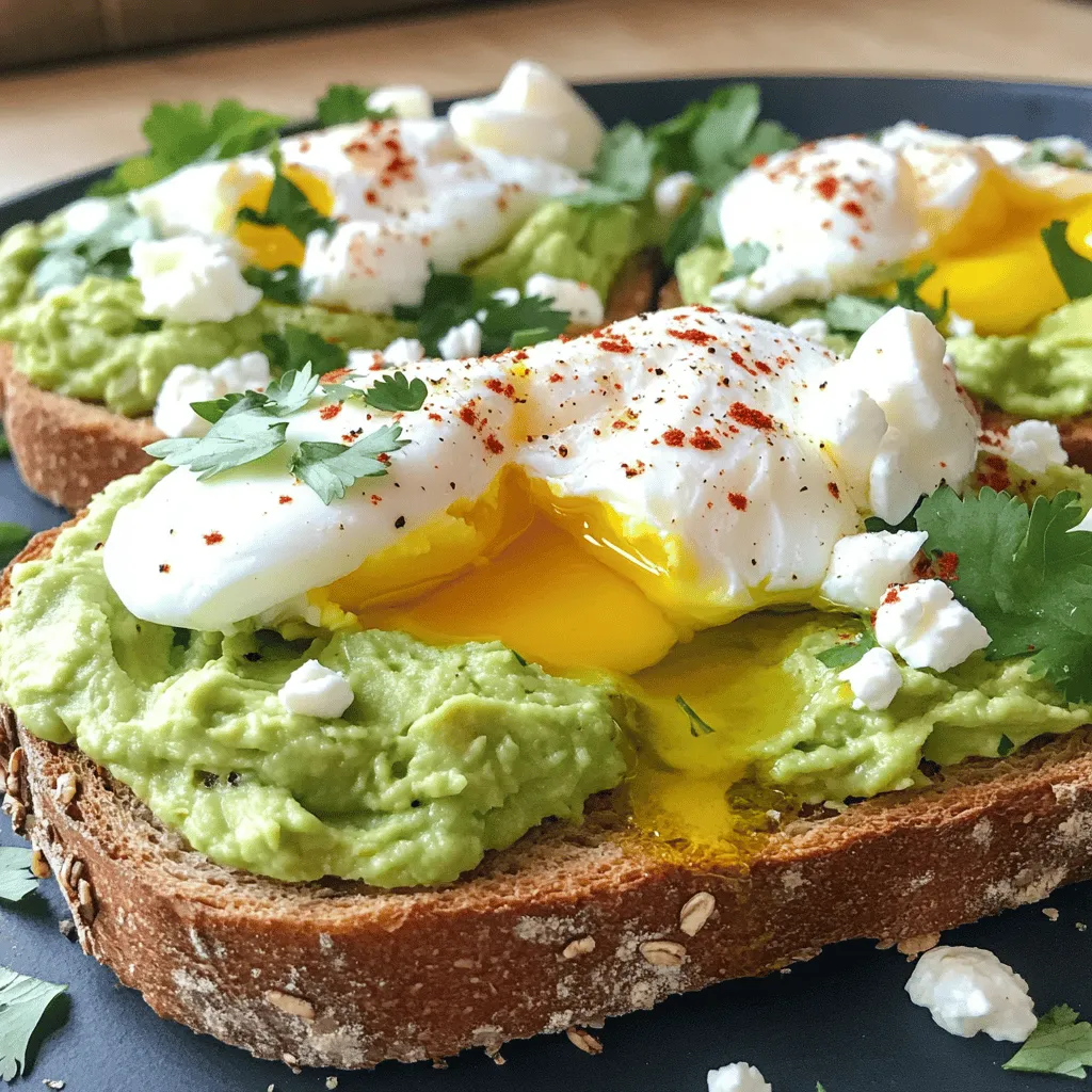 Creating a delicious avocado toast with a poached egg starts with fresh ingredients. Here are what you will need: - Whole Grain Bread - Avocado - Eggs - Olive Oil - Seasonings - Optional Add-Ons Now, let’s dive deeper into each ingredient. Whole Grain Bread: This type of bread gives a hearty base. It adds fiber and nutrients. Choose a bread you love. The crunch of toasted bread pairs well with creamy toppings. Avocado: A ripe avocado is key. It should feel soft but not mushy. This fruit provides healthy fats and a rich, creamy texture. Plus, it has a mild flavor that balances well with other ingredients. Eggs: Fresh eggs are essential for poaching. They add protein and richness to the dish. Look for large eggs for the best results. Olive Oil: A drizzle of olive oil enhances flavor. It adds a nice touch of richness. Use high-quality olive oil for the best taste. Seasonings: Simple salt and pepper are a must. They bring out the flavors of the avocado and egg. You can also add red pepper flakes for some heat. Optional Add-Ons: Feel free to get creative! You can add crumbled feta for a salty bite or fresh herbs like cilantro. These extras can elevate the dish and make it your own. For the full recipe, check out the detailed instructions to bring this dish to life! - Toasting the Bread: Start by toasting two slices of whole grain bread. You can use a toaster or a skillet. Toast until the bread turns golden brown. A crispy base holds the toppings well. - Preparing the Avocado: While the bread toasts, grab a ripe avocado. Cut it in half and remove the pit. Scoop the green flesh into a bowl. Use a fork to mash it lightly. Leave some chunks for texture. Add the juice of half a lemon to keep it fresh. Season with salt and pepper to taste. - Simmering Water Tips: Fill a medium pot with 2-3 inches of water. Heat it on medium until it simmers gently. You can add a splash of vinegar to help the egg whites hold together. - Timing for Egg Consistency: Crack each egg into a small bowl. This helps avoid broken yolks. Gently slide the eggs into the simmering water. Cook for 3-4 minutes for runny yolks. Cook longer if you like them firmer. Remove the eggs with a slotted spoon and drain on a paper towel. - Spread Avocado Mixture: Take your toasted bread. Spread a generous layer of the mashed avocado on each slice. Make sure to cover it well for great flavor. - Placing the Poached Egg: Top each toast with one poached egg. Let the bright yellow yolk peek through. This makes your toast look amazing and appetizing. Enjoy every bite of your avocado toast with poached egg! For the full recipe, check out [Full Recipe]. Optimal Water Temperature Keep your water at a gentle simmer. The ideal temperature is around 180°F. This helps the eggs hold their shape while cooking. Too high, and the eggs will break apart. Too low, and they won't cook well. Using Vinegar Effectively Adding a splash of vinegar helps the egg whites stay together. It makes for a neat poach. Use white vinegar or apple cider vinegar. A tablespoon is all you need. This tip is a game changer for perfect poached eggs. Seasoning Suggestions Salt and pepper are must-haves for your avocado toast. They boost the flavor of the avocado and egg. You can also try garlic powder or smoked paprika for a twist. These spices add depth and make each bite pop. Suggested Topping Combinations You can get creative with toppings. Try crumbled feta for a tangy kick. Fresh herbs like cilantro or parsley add brightness. A sprinkle of red pepper flakes gives a spicy note. Mix and match to find your favorite combo. Arranging for Visual Appeal Start with your toasted bread as the base. Spread a generous layer of avocado. Place the poached egg on top, letting the yolk shine. A well-arranged plate looks tempting and inviting. Garnishing Ideas Finish with a drizzle of olive oil for shine. A sprinkle of salt and pepper brings everything together. Add some fresh herbs for color and flavor. These little touches make your dish look professional and tasty. {{image_4}} For your avocado toast, you can choose different bread types to suit your taste. If you want a gluten-free option, try using gluten-free bread. Many brands offer great choices that are soft and flavorful. You can also try sourdough or rye bread for a unique twist. Both add their own taste and texture to the dish. To make your avocado toast even more exciting, consider adding cheese or veggies. Feta cheese adds a salty kick and creamy texture. Just sprinkle some on top after you put on the poached egg. You can also add sliced tomatoes or spinach for extra nutrients. These additions not only taste great but also make your dish look colorful and fresh. If you follow a vegan diet, you can easily modify this recipe. Instead of eggs, try using tofu or chickpea flour to create a scramble. This keeps the protein high while staying plant-based. For those watching carbs, use thinly sliced zucchini or eggplant instead of bread. These options keep the meal satisfying while fitting your dietary needs. For more details, check out the Full Recipe and explore all the options you can try! Avocado Storage Tips To keep your leftover avocado fresh, store it in the fridge. Place it in an airtight container. You can also sprinkle lemon juice on the cut side. This helps slow down browning. If you have leftover mashed avocado, press plastic wrap directly onto the surface to reduce air contact. Toast Storage Solutions For leftover toast, let it cool completely. Wrap each slice in foil or plastic wrap. Store it in the fridge for up to two days. If you want to keep it longer, freeze the toast. Place slices in a freezer bag, and use them within a month. Best Practices for Toast When reheating toast, the toaster works best. It brings back the crispiness. If you use a microwave, it may become soggy. Heat for just a few minutes, then check to prevent burning. Reheating Poached Eggs To reheat poached eggs, place them in hot water for about 2–3 minutes. This warms the eggs without cooking them further. Be gentle to keep the yolk intact. Where to Buy Fresh Avocados You can find fresh avocados at local grocery stores or farmer’s markets. Look for avocados that yield slightly to gentle pressure. This means they are ripe and ready to eat. If you buy unripe avocados, place them in a brown paper bag to speed up ripening. Finding Quality Eggs For great eggs, check local farms or well-stocked grocery stores. Look for eggs labeled as "free-range" or "organic" for the best quality. Fresh eggs have bright yolks and firm whites. To make poached eggs perfectly, focus on timing and water temperature. Use fresh eggs for the best results. Here are some tips: - Use a gentle simmer: Heat water to a light simmer, not boiling. This helps the egg whites set without breaking apart. - Add vinegar: A splash of vinegar helps the egg whites stay together. - Crack eggs into bowls: This prevents yolk breakage and makes it easier to slide them into the water. Common Mistakes to Avoid: - Too high heat: Boiling water can ruin the egg shape. - Old eggs: Fresh eggs hold their shape better. Absolutely! Avocado toast is a great blank canvas. Here are some creative additions: - Sliced radishes: They add a nice crunch. - Cherry tomatoes: Halved tomatoes bring sweetness and color. - Smoked salmon: This adds a rich, savory flavor. Seasonal Toppings to Consider: - Fresh herbs in spring: Basil or chives brighten the toast. - Roasted squash in fall: Adds a sweet and hearty touch. Yes, avocado toast is a healthy choice! Nutritional Benefits: - Healthy fats: Avocados are rich in monounsaturated fats. - Fiber: Whole grain bread and avocados provide fiber, which aids digestion. Comparing Breakfast Options: - Eggs on toast: More protein than sugary cereals. - Smoothies: While good, they often lack the satiety of avocado toast. For the full recipe, check out the delightful Avocado Bliss Toast with Poached Egg! You’ve learned how to make a delicious avocado toast. We discussed the best ingredients and how to cook the perfect poached egg. You now have tips to enhance flavor and make it look great. Don’t forget about variations to suit your diet! Store any leftovers properly to enjoy later. Avocado toast is not only tasty but also packed with nutrients. Now, go ahead and make this dish your own—experiment with flavors and enjoy every bite!