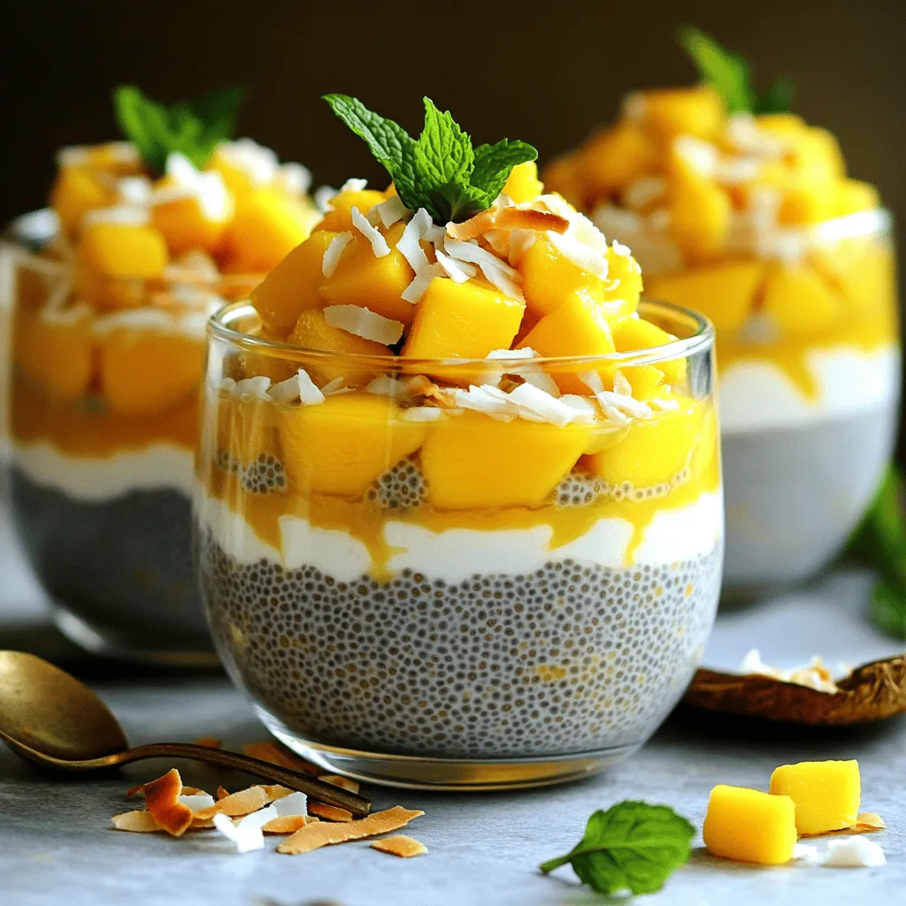 To make Mango Coconut Chia Pudding, you need a few simple ingredients: - 1 cup coconut milk (either canned or carton) - 1/4 cup chia seeds - 2 tablespoons maple syrup or honey (to taste) - 1 ripe mango, diced into small cubes - 1/2 teaspoon vanilla extract - A pinch of sea salt - Toasted coconut flakes (for garnish) - Fresh mint leaves (for garnish) When choosing ingredients, quality matters. Opt for unsweetened coconut milk for a rich flavor. Use ripe mangoes for the best sweetness and texture. Always check for the freshest chia seeds. They should be whole, not broken. For those with dietary restrictions, there are alternatives. Almond milk or oat milk can replace coconut milk. If you want a sugar-free option, use a sugar substitute for the maple syrup or honey. For a nut-free version, stick with rice milk. These swaps keep the recipe delicious while meeting your needs. If you want to explore more delicious options, check out the Full Recipe. 1. Mixing the base ingredients: Start by pouring 1 cup of coconut milk into a medium bowl. Add in 1/4 cup of chia seeds, 2 tablespoons of maple syrup or honey, 1/2 teaspoon of vanilla extract, and a pinch of sea salt. Whisk these ingredients well. This step mixes everything together smoothly and ensures the chia seeds spread out evenly. 2. Importance of refrigeration time: Cover the bowl tightly with plastic wrap or a lid. Place it in the refrigerator for at least 4 hours, but overnight is best. This cooling time allows the chia seeds to absorb the coconut milk. They swell and create a thick, creamy pudding. Skipping this step means you miss out on that perfect texture. 3. Layering the pudding for serving: After the pudding has chilled, stir it well to break up clumps. Grab your serving glasses or bowls. Start with a layer of chia pudding, then add a layer of diced mango. Repeat this until the glasses are full. Finish by topping each serving with toasted coconut flakes and fresh mint leaves. This adds a nice crunch and a pop of color. - Overview images of each preparation step: Picture the vibrant coconut milk mixing with chia seeds. Next, see the thick, creamy pudding after chilling. Finally, imagine the beautiful layers of pudding and mango in clear glasses. - Final presentation photos: Visualize the final dish, topped with golden coconut flakes and bright green mint leaves. It's a treat for both the eyes and the palate, making it perfect for any occasion. For the complete recipe, check out the Full Recipe. To get the best texture in your Mango Coconut Chia Pudding, whisk the chia seeds well. This step helps them mix evenly in the coconut milk. If you skip this, you may end up with clumps. After the pudding sets, give it a good stir. This breaks up any lumps and gives you that smooth feel you want. Garnishing makes your pudding pop! I love to sprinkle toasted coconut flakes on top. They add crunch and a nice look. Fresh mint leaves are great too. They add a bright color and fresh taste. Serve your pudding cold for the best experience. It’s refreshing and perfect for warm days. For a fun twist, try layering the pudding in clear cups to show off those bright mango chunks! For the full recipe, check out the details above. Enjoy your creation! {{image_4}} You can easily change the taste of mango coconut chia pudding. Here are some fun ideas: - Substituting fruit options: Try using different fruits. Pineapple, berries, or banana work well too. Each fruit adds a unique flavor and color. You can mix and match to find your favorite. - Adding spices or flavors: Add a pinch of cinnamon for warmth. Coconut extract boosts the coconut taste. You can also try nutmeg or cardamom for a twist. Just a small amount can change the whole dish. This pudding can fit many diets. Here are some options: - Vegan, gluten-free options: All the ingredients are vegan and gluten-free. Use maple syrup for sweetness. This makes it safe for those who avoid animal products or gluten. - Low-sugar versions: To cut back on sugar, use less maple syrup or honey. You can also skip the sweetener entirely if you prefer it less sweet. The fruit adds natural sweetness, so it remains tasty. For the complete recipe, check out the [Full Recipe]. To keep your Mango Coconut Chia Pudding fresh, store it in the refrigerator. Use a clean, airtight container. This helps prevent any odors from other foods. Your pudding will last up to five days when stored properly. Just remember to give it a good stir before you enjoy it again. You cannot freeze this pudding because it changes texture. If you do freeze it, thaw it in the fridge overnight. Stir it well after thawing to get a smoother consistency. For the best taste, enjoy it cold right from the fridge. For the full recipe, check out the instructions above. What can I use instead of coconut milk? You can use almond milk, soy milk, or oat milk. These are good choices if you want a different flavor. Just make sure to pick unsweetened types for the best taste. Each milk will change the pudding's flavor. Can I prepare this pudding in advance? Yes, you can prepare Mango Coconut Chia Pudding ahead of time. I often make it the night before. It tastes best after sitting for at least four hours. This gives the chia seeds time to soak up the liquid. You can store it in the fridge for up to five days. How can I make it vegan? This recipe is almost vegan! Just switch honey with maple syrup. This small change keeps it plant-based. All the other ingredients are already vegan. You can enjoy this tasty treat while sticking to your diet. For the full recipe, check out the earlier section. In this post, we covered key ingredients, preparation steps, tips, and variations for making pudding. Quality ingredients make a big difference, and knowing how to store your pudding helps it last longer. Using substitutions ensures everyone can enjoy this treat. Remember, experimenting with flavors keeps it fun. Keep these tips in mind for the best results. Now you have the tools to make a delicious, customized pudding at home. Enjoy every bite!