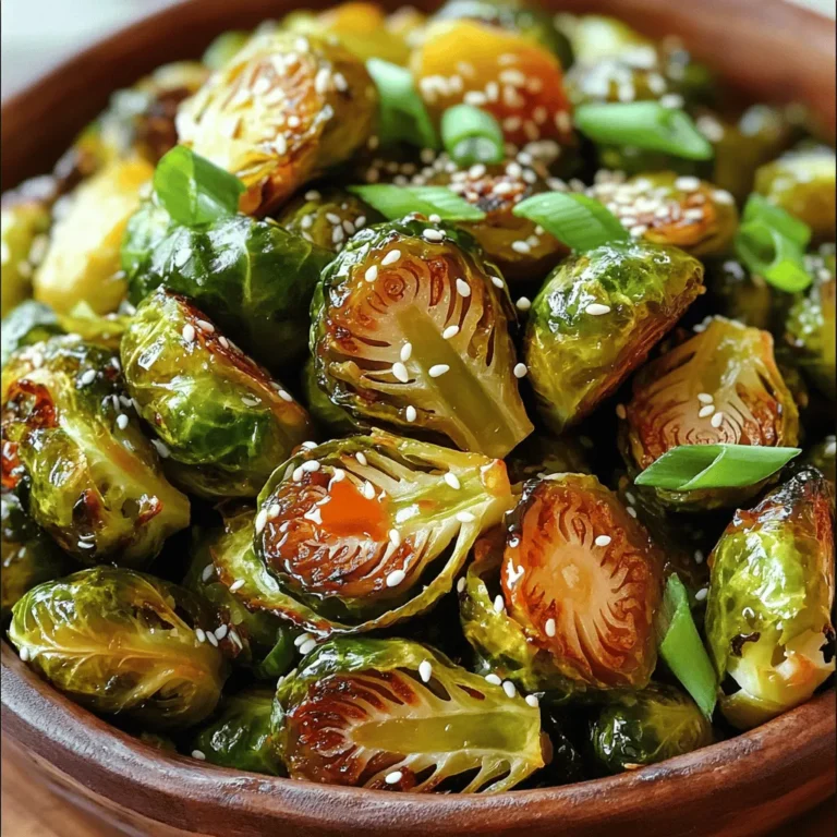 - 1 lb Brussels sprouts, freshly trimmed and halved - 2 tablespoons extra virgin olive oil - 3 tablespoons pure honey - 2 tablespoons Sriracha sauce - 1 tablespoon low-sodium soy sauce - 2 cloves fresh garlic, finely minced - Salt and freshly cracked pepper, to taste - Sesame seeds for garnish (optional) - Green onions, thinly sliced for garnish (optional) The main ingredients for Honey Sriracha Brussels sprouts work together to create a tasty dish. Brussels sprouts are the star here. They are rich in vitamins and have a nice crunch. The honey adds sweetness, while Sriracha brings heat. The olive oil helps everything roast nicely. The soy sauce adds depth to the flavor. Garlic gives an extra kick. When you mix these ingredients, you get a blend of sweet and spicy. This balance makes every bite exciting. For garnish, sesame seeds add a nice crunch. Green onions give a fresh taste. You can skip these if you want, but they add to the look and taste. This dish is easy to make. You can follow the Full Recipe for step-by-step guidance. Enjoy the zesty flavor boost! - Preheat oven to 400°F (200°C). - Prepare Brussels sprouts by trimming and halving them. - Toss Brussels sprouts in olive oil. - Prepare honey-Sriracha glaze in a separate bowl. To make the glaze, mix honey, Sriracha, soy sauce, garlic, salt, and pepper. This mix brings sweet and spicy flavors together. You control the spice by adjusting the Sriracha. If you want it hotter, add more! - Spread Brussels sprouts on a lined baking sheet. - Roast for 20-25 minutes and garnish before serving. Halfway through roasting, stir the sprouts for even cooking. When they finish, they should be brown and tender. To serve, sprinkle with sesame seeds and green onions for a fresh touch. Enjoy your Honey Sriracha Brussels sprouts! For the complete recipe, check the [Full Recipe]. To get the best out of your Honey Sriracha Brussels sprouts, space them out on the baking sheet. This spacing allows hot air to circulate, leading to even roasting. Stir them halfway through cooking to ensure they caramelize nicely. This step helps each sprout get that golden-brown color and enhances the flavor. Adjust the Sriracha according to your taste. If you love heat, add more. For a milder dish, use less. You can also boost the sweetness with extra honey if you want. This balance makes the sprouts shine with flavor, giving you a perfect sweet and spicy bite. Serve these Brussels sprouts right after cooking for the best texture. Their crispness is key to enjoying this dish. They pair well with grilled chicken or tofu, making them a great side dish. You can also add them to salads or bowls for a zesty twist. For a full recipe, check out the Honey Sriracha Brussels Sprouts Delight. {{image_4}} - You can use maple syrup instead of honey. This makes the dish vegan. - If you want a gluten-free option, use coconut aminos in place of soy sauce. - For more heat, add crushed red pepper flakes to the glaze. - You can mix in other veggies like carrots or bell peppers for extra color and taste. These tasty changes will give your Honey Sriracha Brussels Sprouts a fresh twist. Try them out to find your favorite flavor! Don't forget to check the Full Recipe for complete details on making this dish. Store any leftover Honey Sriracha Brussels sprouts in an airtight container. They will stay fresh for up to 3 days. This helps keep their flavor and texture intact. Make sure the container seals well. This way, you avoid moisture loss and keep them tasty. To enjoy your leftovers, reheat them in the oven or air fryer. This method gives the sprouts a nice crisp texture. Heat them at 350°F (175°C) for about 10 minutes. Keep an eye on them to ensure they don’t overcook. If you're in a hurry, the microwave is a quick option. Just remember, it may make the sprouts a bit soggy. For the best experience, stick with the oven or air fryer. Try these methods for a delicious taste every time. For the full recipe, check out the [Full Recipe]. Yes, you can prep and coat the sprouts ahead of time. Just roast them right before serving for the best results. This keeps them crisp and full of flavor. If you don’t have Sriracha, you can use chili paste or another hot sauce. Adjust the amount to fit your taste. This way, you still get that spicy kick. Yes, Brussels sprouts are very healthy. They are packed with nutrients, high in fiber, and low in calories. Eating them can help you feel full and satisfied without extra calories. You’ll know the Brussels sprouts are done when they are tender and caramelized. Look for a nice brown exterior. This shows they have roasted well and developed great flavor. In this blog post, we covered a delicious recipe for Honey Sriracha Brussels sprouts. We looked at the simple ingredients, step-by-step instructions, and helpful tips for perfect results. Remember to roast these sprouts to a tasty, caramelized finish. You can customize flavors or try healthier swaps as needed. Enjoy them right away for the best texture. Cooking should be fun and simple, so get creative and enjoy your meal!