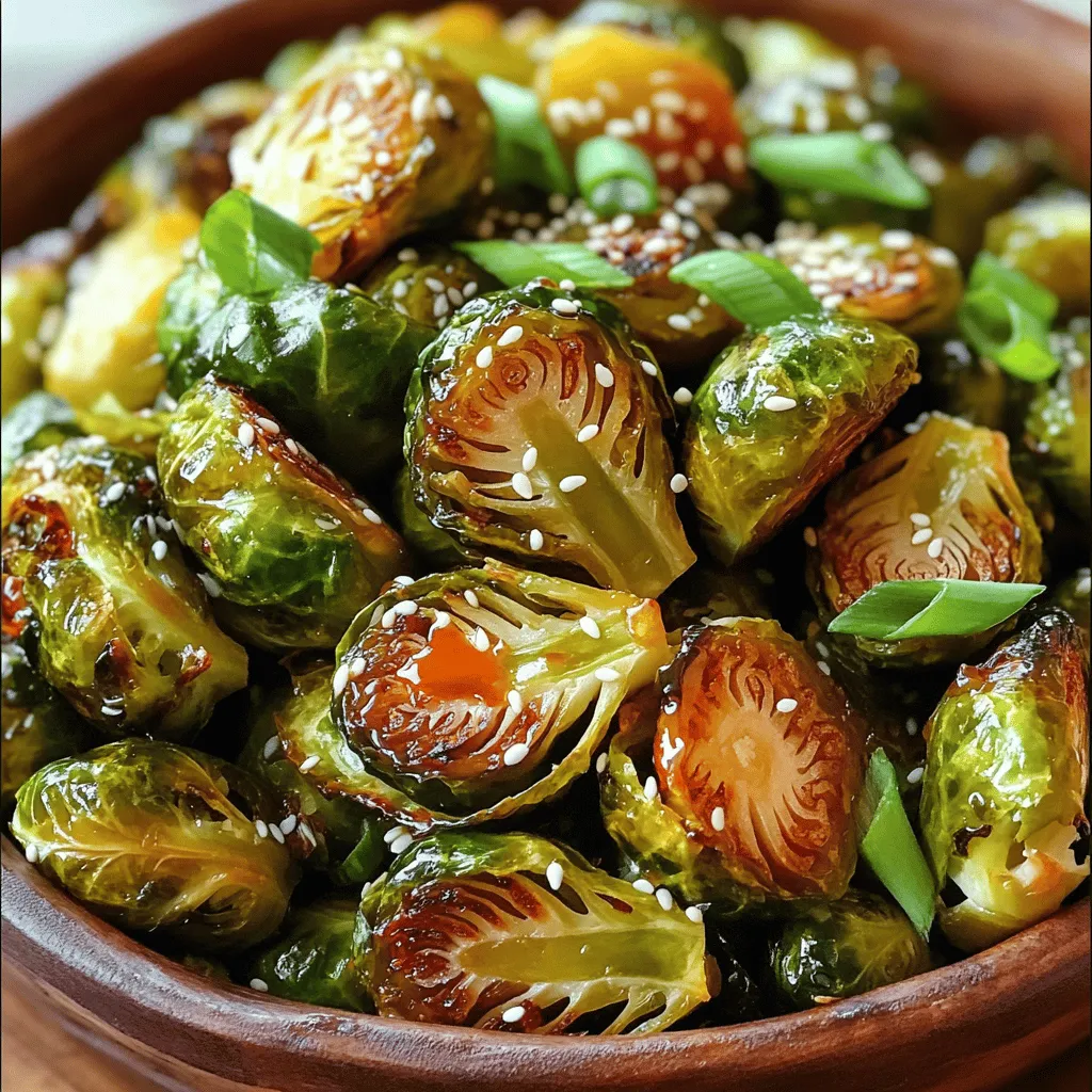 - 1 lb Brussels sprouts, freshly trimmed and halved - 2 tablespoons extra virgin olive oil - 3 tablespoons pure honey - 2 tablespoons Sriracha sauce - 1 tablespoon low-sodium soy sauce - 2 cloves fresh garlic, finely minced - Salt and freshly cracked pepper, to taste - Sesame seeds for garnish (optional) - Green onions, thinly sliced for garnish (optional) The main ingredients for Honey Sriracha Brussels sprouts work together to create a tasty dish. Brussels sprouts are the star here. They are rich in vitamins and have a nice crunch. The honey adds sweetness, while Sriracha brings heat. The olive oil helps everything roast nicely. The soy sauce adds depth to the flavor. Garlic gives an extra kick. When you mix these ingredients, you get a blend of sweet and spicy. This balance makes every bite exciting. For garnish, sesame seeds add a nice crunch. Green onions give a fresh taste. You can skip these if you want, but they add to the look and taste. This dish is easy to make. You can follow the Full Recipe for step-by-step guidance. Enjoy the zesty flavor boost! - Preheat oven to 400°F (200°C). - Prepare Brussels sprouts by trimming and halving them. - Toss Brussels sprouts in olive oil. - Prepare honey-Sriracha glaze in a separate bowl. To make the glaze, mix honey, Sriracha, soy sauce, garlic, salt, and pepper. This mix brings sweet and spicy flavors together. You control the spice by adjusting the Sriracha. If you want it hotter, add more! - Spread Brussels sprouts on a lined baking sheet. - Roast for 20-25 minutes and garnish before serving. Halfway through roasting, stir the sprouts for even cooking. When they finish, they should be brown and tender. To serve, sprinkle with sesame seeds and green onions for a fresh touch. Enjoy your Honey Sriracha Brussels sprouts! For the complete recipe, check the [Full Recipe]. To get the best out of your Honey Sriracha Brussels sprouts, space them out on the baking sheet. This spacing allows hot air to circulate, leading to even roasting. Stir them halfway through cooking to ensure they caramelize nicely. This step helps each sprout get that golden-brown color and enhances the flavor. Adjust the Sriracha according to your taste. If you love heat, add more. For a milder dish, use less. You can also boost the sweetness with extra honey if you want. This balance makes the sprouts shine with flavor, giving you a perfect sweet and spicy bite. Serve these Brussels sprouts right after cooking for the best texture. Their crispness is key to enjoying this dish. They pair well with grilled chicken or tofu, making them a great side dish. You can also add them to salads or bowls for a zesty twist. For a full recipe, check out the Honey Sriracha Brussels Sprouts Delight. {{image_4}} - You can use maple syrup instead of honey. This makes the dish vegan. - If you want a gluten-free option, use coconut aminos in place of soy sauce. - For more heat, add crushed red pepper flakes to the glaze. - You can mix in other veggies like carrots or bell peppers for extra color and taste. These tasty changes will give your Honey Sriracha Brussels Sprouts a fresh twist. Try them out to find your favorite flavor! Don't forget to check the Full Recipe for complete details on making this dish. Store any leftover Honey Sriracha Brussels sprouts in an airtight container. They will stay fresh for up to 3 days. This helps keep their flavor and texture intact. Make sure the container seals well. This way, you avoid moisture loss and keep them tasty. To enjoy your leftovers, reheat them in the oven or air fryer. This method gives the sprouts a nice crisp texture. Heat them at 350°F (175°C) for about 10 minutes. Keep an eye on them to ensure they don’t overcook. If you're in a hurry, the microwave is a quick option. Just remember, it may make the sprouts a bit soggy. For the best experience, stick with the oven or air fryer. Try these methods for a delicious taste every time. For the full recipe, check out the [Full Recipe]. Yes, you can prep and coat the sprouts ahead of time. Just roast them right before serving for the best results. This keeps them crisp and full of flavor. If you don’t have Sriracha, you can use chili paste or another hot sauce. Adjust the amount to fit your taste. This way, you still get that spicy kick. Yes, Brussels sprouts are very healthy. They are packed with nutrients, high in fiber, and low in calories. Eating them can help you feel full and satisfied without extra calories. You’ll know the Brussels sprouts are done when they are tender and caramelized. Look for a nice brown exterior. This shows they have roasted well and developed great flavor. In this blog post, we covered a delicious recipe for Honey Sriracha Brussels sprouts. We looked at the simple ingredients, step-by-step instructions, and helpful tips for perfect results. Remember to roast these sprouts to a tasty, caramelized finish. You can customize flavors or try healthier swaps as needed. Enjoy them right away for the best texture. Cooking should be fun and simple, so get creative and enjoy your meal!