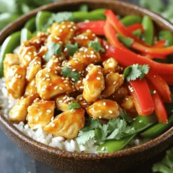 - Diced chicken breasts - Jasmine rice - Sweet chili sauce - Red bell pepper - Snap peas - Soy sauce - Fresh ginger and garlic - Sesame seeds and cilantro When I make my Sweet Chili Chicken Bowl, I focus on fresh and simple ingredients. The stars of this dish are diced chicken breasts, jasmine rice, and sweet chili sauce. These main ingredients blend well, creating a delightful flavor. Next, I add colorful vegetables. Red bell pepper adds sweetness and crunch. Snap peas bring a nice texture and bright color. Together, they make the bowl look vibrant and inviting. To finish the dish, I use soy sauce, fresh ginger, and garlic. These add depth and warmth to the flavors. I like to garnish with sesame seeds and cilantro. This adds a nice crunch and fresh taste. You can find the full recipe with all the details to make this tasty meal. - Rinse 1 cup of jasmine rice under cold water until the water runs clear. This helps remove extra starch and keeps the rice fluffy. - In a medium pot, bring 1 cup of chicken broth to a boil. This adds great flavor. - Add the rinsed rice, lower the heat, cover, and simmer for 15 minutes. Wait until all the liquid is absorbed. - Remove the pot from heat and let it sit covered for 5 more minutes. Fluff with a fork to separate the grains. - Heat 1 tablespoon of vegetable oil in a large skillet over medium-high heat. This helps get a nice sear on the chicken. - Add 2 diced chicken breasts to the skillet. Season with salt and pepper. Cook for 5-7 minutes until golden brown and fully cooked. The chicken should reach 165°F (75°C). - Once the chicken is done, add 1 sliced red bell pepper and 1 cup of snap peas to the skillet. - Stir-fry for 3-4 minutes. This keeps the veggies bright and crisp. - In a small bowl, mix 1/4 cup of sweet chili sauce, 2 tablespoons of soy sauce, 1 teaspoon of minced ginger, and 1 clove of minced garlic. - Pour this sauce over the chicken and vegetables in the skillet. Stir and cook for 2-3 minutes until everything is well-coated and heated through. - To serve, scoop a generous amount of rice into a bowl. - Top the rice with the sweet chili chicken and vegetables. The colors should pop and look inviting. - Finish with a sprinkle of sesame seeds for crunch. - Add fresh cilantro leaves for a burst of flavor. Enjoy your meal! For the full recipe, check the details above. To make sure your rice is perfect, rinse it well. This removes extra starch. Use chicken broth to cook the jasmine rice. It gives the rice a nice flavor. Cook it on low heat with a lid. This keeps the steam in. After cooking, let it sit for a few minutes. Fluff it gently with a fork. For the chicken, use boneless, skinless breasts. Cut them into bite-sized pieces. Season them well with salt and pepper. Cook them until golden brown. Make sure they reach 165°F (75°C). This ensures the chicken is safe to eat. You can serve the Sweet Chili Chicken Bowl with simple side dishes. Steamed broccoli or a fresh salad works great. Adjust the sauce to your taste. If you like it spicy, add sriracha. For a sweeter flavor, add more sweet chili sauce. A beautiful bowl layout makes the meal more fun. Start with a scoop of fluffy rice at the bottom. Then, add the chicken and veggies on top. Use bright colors like red bell pepper and green snap peas. Garnish with sesame seeds and cilantro. This adds a nice crunch and fresh taste. {{image_4}} You can switch up the protein in your Sweet Chili Chicken Bowl for variety. If you want a vegetarian option, try using tofu. Tofu absorbs flavors well and adds a nice texture. Cut it into bite-sized pieces and cook it just like the chicken. You can also use shrimp or beef. Both options cook quickly and pair well with the sweet chili sauce. The sauce is key to this dish. If you like heat, add sriracha to the sweet chili sauce. This will kick up the spice level. You can also try different sauces like teriyaki or hoisin. Each sauce will change the flavor profile and keep things fresh. Feel free to use seasonal vegetables for added nutrition. Broccoli, carrots, or zucchini can work great. You can also add leafy greens like spinach or kale. Just toss them in the skillet near the end of cooking. This way, they stay vibrant and crisp, adding color and nutrients to your bowl. To store leftovers, let your Sweet Chili Chicken Bowl cool first. Then, place it in an airtight container. This helps keep the flavors fresh. The dish stays good in the fridge for about three to four days. Remember to label the container with the date to track its freshness. If you want to freeze your bowl, portion it into smaller containers. This makes it easy to thaw only what you need. Make sure to leave some space in each container. The meal can last in the freezer for about two to three months. When you’re ready to eat, take it out and thaw it overnight in the fridge. To reheat, use the microwave for quick warming. If you want the best texture, try using a skillet. Heat it on medium-low, stirring often to avoid burning. Add a splash of water or broth to keep it moist. This helps prevent sogginess, making sure your bowl stays delicious. A Sweet Chili Chicken Bowl is a colorful dish made with chicken, rice, and veggies. You mix tender chicken with sweet chili sauce, bell peppers, and snap peas. It’s easy to make and full of flavor. This dish is great for a quick dinner or meal prep. You get warmth from the chicken and sweetness from the sauce. It’s a complete meal in one bowl. Yes, you can make this dish gluten-free. Swap regular soy sauce for gluten-free tamari. Make sure the sweet chili sauce is also gluten-free. This way, you keep the flavors while catering to dietary needs. The Sweet Chili Chicken Bowl takes about 30 minutes to make. You’ll spend around 15 minutes prepping and 15 minutes cooking. This makes it perfect for busy weeknights. You can whip up a tasty meal in no time. You can use brown rice, but it will change the flavor. Brown rice has a nuttier taste and a chewier texture. If you use brown rice, cook it longer. Follow the package instructions for the best results. This dish pairs well with a crisp salad or steamed broccoli. You can also enjoy it with a light drink, like iced tea or lemonade. These sides balance the flavors and keep the meal fresh. The dish has a mild spice level. Sweet chili sauce is sweet with a hint of heat. If you prefer more heat, add a touch of sriracha. This will give the bowl an extra kick. Enjoy the balance of sweet and spicy! This Sweet Chili Chicken Bowl combines tasty ingredients, easy steps, and helpful tips. You learned how to cook with chicken, rice, and fresh veggies. You now have options for variations, storage, and even reheating. This dish is flexible to fit your taste. Enjoy making it your own! With simple swaps, you can create a meal that’s a delight. I hope you try this recipe and share it with others. Cooking should be fun and rewarding. Dive in and enjoy your delicious bowl!
