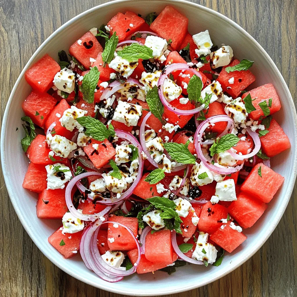 When you want a fresh taste, this watermelon feta salad shines bright. Here’s what you’ll need: - 4 cups seedless watermelon, cut into bite-sized cubes - 1 cup feta cheese, crumbled into small pieces - 1 small red onion, thinly sliced into rings - 1/4 cup fresh mint leaves, coarsely chopped - 2 tablespoons balsamic reduction - 2 tablespoons extra-virgin olive oil - Sea salt and freshly ground pepper, to taste Each ingredient plays a role in creating this delightful dish. The watermelon brings sweet juiciness. The feta adds a salty touch that balances the flavors. The red onion gives a nice crunch and a hint of sharpness. Fresh mint brings a burst of freshness that brightens the whole salad. I love using a balsamic reduction for its rich flavor. It ties everything together perfectly. And a drizzle of olive oil adds smoothness. Seasoning with salt and pepper enhances all the tastes. Together, these ingredients create a refreshing summer delight that you will enjoy. For the full recipe, check out the instructions ahead. To make this fresh watermelon feta salad, follow these simple steps. - Gently combine watermelon, feta, and red onion in a bowl. I like to use a large mixing bowl to give the ingredients space. Start by adding the cubed watermelon, crumbled feta, and sliced red onion. Be gentle when mixing. You want the feta to stay chunky. - Add mint leaves and toss gently. The mint adds a bright touch. I love the flavor it brings. After adding the mint, toss everything lightly. This helps mix the mint without bruising it. - Mix balsamic reduction and olive oil in a small bowl. In a separate bowl, whisk together the balsamic reduction and olive oil. This dressing is key to tying the flavors together. Make sure it’s well combined. - Drizzle dressing over salad and season with salt and pepper. Pour the dressing over your salad. Then, sprinkle a little sea salt and freshly ground pepper. This step enhances the taste of the salad. - Let salad rest for 5-10 minutes before serving. This rest time allows the flavors to meld. I recommend covering it lightly with plastic wrap during this time. - Serve chilled or at room temperature. You can serve this salad cold for a refreshing bite. If you prefer, it can also be enjoyed at room temperature. Either way, it’s delicious! For the full recipe, check out the details above. Enjoy your fresh watermelon feta salad! - Use chilled watermelon for extra refreshing taste. Cold fruit boosts the salad's zing. - Gently toss the salad to maintain feta texture. This keeps the cheese creamy and intact. - Let the salad rest to enhance flavor melding. Waiting a bit lets the tastes mix and deepen. - Serve in a shallow bowl with mint garnishes. This adds color and freshness to your dish. - Drizzle additional balsamic reduction for visual appeal. A glossy finish makes it look gourmet. When you follow these tips, your watermelon feta salad will shine. It becomes not just food, but an experience. Enjoy the bright colors and tastes. You can find the full recipe to guide you through this delightful dish. {{image_4}} You can switch feta for goat cheese. Goat cheese adds a creamier flavor. It blends well with the sweet watermelon. You might also try adding cucumber. Cucumber gives the salad extra crunch and freshness. It adds a nice bite to each spoonful. For a citrusy twist, incorporate lime juice. Just a splash brightens the whole dish. It enhances the sweetness of the watermelon. If you like some heat, add a pinch of red pepper flakes. This tiny change can create a fun contrast. The heat balances the coolness of the salad. Each variation can make your dish special. Explore these options to find your favorite mix! For the full recipe, check out the provided link. To keep your salad fresh, place leftovers in an airtight container. This way, they stay crisp and tasty for up to two days. Avoid freezing the salad. The texture of watermelon changes when frozen, making it mushy. For the best taste, serve the salad straight from the fridge. This gives you a cool and refreshing bite. As the salad sits, expect the flavors to meld and get even better. Enjoying it chilled enhances the experience, making it a perfect summer treat. For the full recipe, check out the earlier section. You can prep ingredients ahead of time. Cut the watermelon and cheese in advance. Slice the onion and chop the mint too. Keep them separate in the fridge. Assemble the salad just before serving. This keeps everything fresh and tasty. Yes, you can use other cheeses. Crumbled cotija cheese or queso fresco works well. These options add a nice twist. Each cheese brings its own flavor, so feel free to try different ones. Yes, this salad is gluten-free. It contains no gluten ingredients. This makes it a great choice for those with gluten sensitivities. You can enjoy it without worry. This salad pairs well with grilled meats. It also goes nicely with crusty bread. The fresh flavors of the salad balance rich dishes. Enjoy it as a side to enhance your meal. This watermelon salad combines fresh ingredients for a tasty treat. We mixed juicy watermelon, creamy feta, and crunchy red onion with mint. The balsamic dressing adds a nice touch. Remember to let it chill for great flavor. You can change the cheese or add cucumber to suit your taste. Store leftovers in the fridge for up to two days for a refreshing snack. Enjoy this salad as a side for grilled meats or on its own!