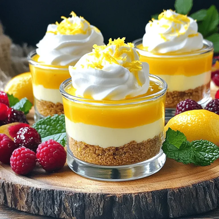 For the No Bake Lemon Cheesecake Cups, you need fresh and quality ingredients. Here’s what you will need: - 1 cup graham cracker crumbs - 2 tablespoons granulated sugar - 1/4 cup unsalted butter, melted - 8 oz cream cheese, softened to room temperature - 1 cup powdered sugar - 1/2 cup sour cream - 1/4 cup freshly squeezed lemon juice - Zest of 1 lemon - 1 teaspoon pure vanilla extract Each ingredient plays a key role. The graham cracker crumbs and butter create a tasty base. The cream cheese gives the cups their creamy texture. Use full-fat cream cheese for the best taste. Fresh lemon juice and zest add a bright, zesty flavor that lifts the dessert. You can customize these cheesecake cups with fun toppings. Here are some ideas: - Whipped cream - Fresh berries (strawberries, blueberries, or raspberries) - Chocolate drizzle - Extra lemon zest or lemon slices Feel free to switch things up. You can use Greek yogurt instead of sour cream for a tangy twist. If you want a sweeter option, drizzle some honey or chocolate sauce on top. These little changes can make your cheesecake cups even more special! Start with a medium-sized mixing bowl. Combine 1 cup of graham cracker crumbs with 2 tablespoons of granulated sugar. Pour in 1/4 cup of melted unsalted butter. Use a fork or your fingers to mix these until they look like wet sand. This mixture holds everything together. Next, take small cups or mason jars. Divide the graham cracker mix evenly among them. Use the back of a spoon to press down firmly. This step is key for an even crust that won’t crumble when you dig in. Now, it’s time for the filling. In a large mixing bowl, beat 8 oz of softened cream cheese with an electric mixer. Mix until smooth and creamy. This should take about 2 minutes. Gradually add 1 cup of powdered sugar. Mix well after each addition. You want a silky texture. To get that perfect creaminess, blend in 1/2 cup of sour cream, 1/4 cup of fresh lemon juice, and the zest of 1 lemon. Don’t forget the 1 teaspoon of pure vanilla extract. Keep mixing until everything is well combined and fluffy. Spoon the creamy filling into each cup, layering it over the crust. Make sure to distribute it evenly to each cup. This ensures every bite has that creamy lemon goodness. Cover the cups with plastic wrap and place them in the fridge. Chill for at least 4 hours. This cooling time helps the filling set. You want a firm texture that holds its shape when served. For the full recipe, check out the earlier sections. To get the best cream cheese texture, start with softened cream cheese. Cold cream cheese can create lumps. Beat it with a mixer until smooth. If you see lumps, keep mixing. Gradually add powdered sugar to blend well. This step helps maintain a creamy texture. Want even more lemon flavor? Add extra lemon zest. This boosts the freshness and taste. You can also mix in a splash of lemon extract. For a twist, try adding a bit of crushed fruit. Fresh berries or a hint of lavender can create unique flavors. Serve your cheesecake cups in clear glass cups. This shows off the layers and colors. A decorative platter makes it look fancy. You can also add fresh berries around the cups. Sprigs of mint add a nice touch. For the best look, use matching dishware. For the full recipe, check out the details above. {{image_4}} You can change the taste of these cheesecake cups by using other citrus fruits. Lime and orange work well and add a fun twist. You can also mix in chocolate. A little dark chocolate drizzle can give it a rich layer of flavor. If you want something different, try adding vanilla or almond extracts for extra depth. To make a lighter version, consider using Greek yogurt instead of sour cream. It adds creaminess while cutting down on calories. You can also switch the crust to gluten-free options. Use almond flour or gluten-free graham crackers. This way, more people can enjoy the dessert without worry. Pair these cheesecake cups with a cup of herbal tea. The lightness of the tea complements the rich cheesecake. At parties, serve them in mason jars for a cute look. You can even add small spoons for easy eating. Add fresh fruit or mint leaves on top for color and flavor. This makes them attractive and tasty! For the full recipe, check out the steps to create these delightful treats. Store your lemon cheesecake cups in the fridge. Use an airtight container to keep them fresh. They stay good for up to five days. The cool air helps keep the filling creamy and tasty. You can freeze these cheesecake cups for longer storage. Wrap each cup tightly in plastic wrap, then place them in a freezer-safe bag. They can last up to three months in the freezer. When you're ready to eat, thaw them in the fridge overnight. This keeps the texture nice. Before serving, check the texture. If they seem too firm, let them sit at room temperature for about 10 minutes. This helps soften them slightly. They should still taste delicious after storage! Enjoy your zesty treat! For the full recipe, check back at the beginning! Yes, you can make these a day ahead. Just prepare the cheesecake cups and chill them overnight. This gives the flavors time to blend. Plus, it ensures they are nicely set when you serve. If you want a dairy-free or vegan option, use cashew cream or coconut cream. These give a nice texture. Silken tofu is another option, which blends smoothly for a creamy filling. Check if the filling feels firm to the touch. You can also gently shake the cup. If it jiggles slightly, it needs more time to chill. Properly set cheesecake cups will hold their shape well. Yes, you can easily make larger servings. Just increase the ingredient amounts. Use bigger cups or bowls for the filling. Adjust the chilling time as needed. Larger cups may take longer to set. This blog post covered a delightful creamy dessert. You learned about key ingredients and how to mix them for the best texture. We also explored various toppings and fun flavor twists. The tips and tricks will help you achieve the perfect finish and presentation. Remember, this dessert can be prepped in advance and stored easily. With these techniques and ideas, you can impress family and friends. Enjoy making this treat your own!