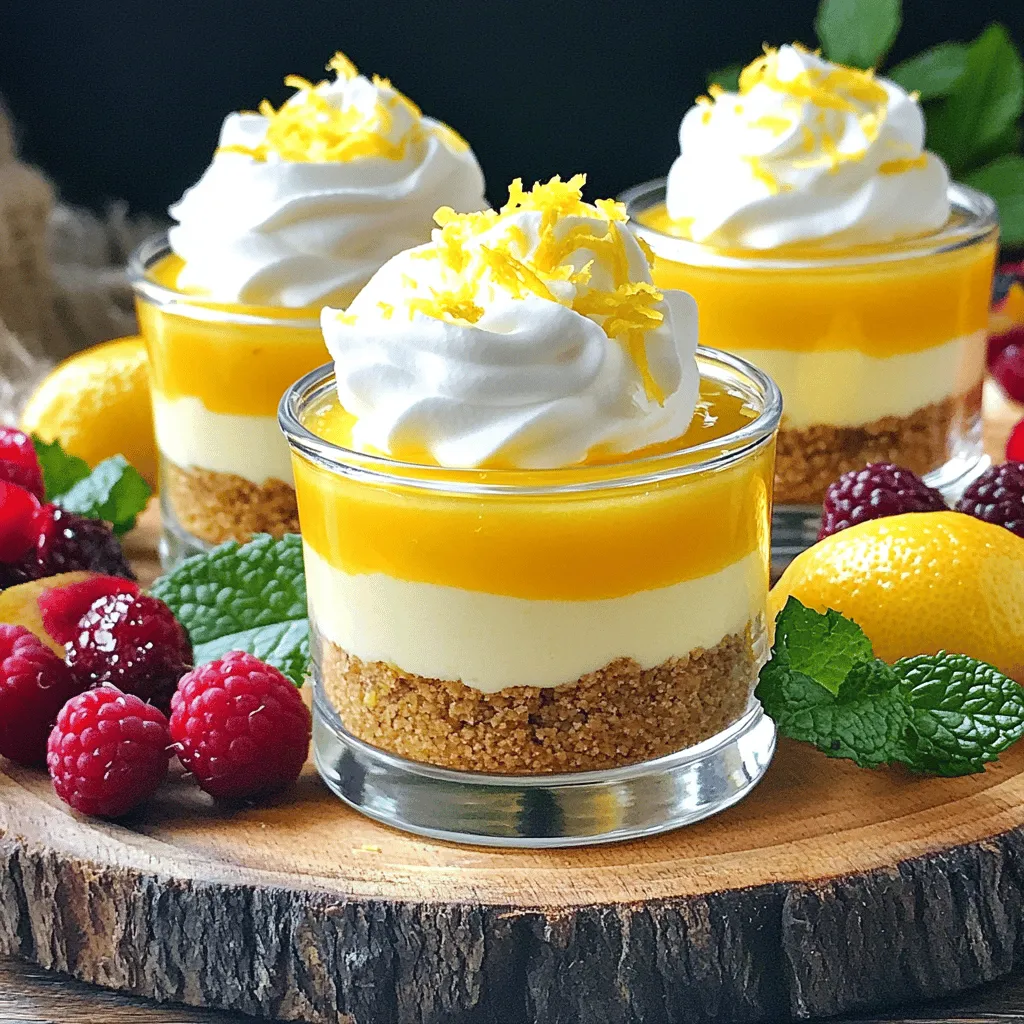 For the No Bake Lemon Cheesecake Cups, you need fresh and quality ingredients. Here’s what you will need: - 1 cup graham cracker crumbs - 2 tablespoons granulated sugar - 1/4 cup unsalted butter, melted - 8 oz cream cheese, softened to room temperature - 1 cup powdered sugar - 1/2 cup sour cream - 1/4 cup freshly squeezed lemon juice - Zest of 1 lemon - 1 teaspoon pure vanilla extract Each ingredient plays a key role. The graham cracker crumbs and butter create a tasty base. The cream cheese gives the cups their creamy texture. Use full-fat cream cheese for the best taste. Fresh lemon juice and zest add a bright, zesty flavor that lifts the dessert. You can customize these cheesecake cups with fun toppings. Here are some ideas: - Whipped cream - Fresh berries (strawberries, blueberries, or raspberries) - Chocolate drizzle - Extra lemon zest or lemon slices Feel free to switch things up. You can use Greek yogurt instead of sour cream for a tangy twist. If you want a sweeter option, drizzle some honey or chocolate sauce on top. These little changes can make your cheesecake cups even more special! Start with a medium-sized mixing bowl. Combine 1 cup of graham cracker crumbs with 2 tablespoons of granulated sugar. Pour in 1/4 cup of melted unsalted butter. Use a fork or your fingers to mix these until they look like wet sand. This mixture holds everything together. Next, take small cups or mason jars. Divide the graham cracker mix evenly among them. Use the back of a spoon to press down firmly. This step is key for an even crust that won’t crumble when you dig in. Now, it’s time for the filling. In a large mixing bowl, beat 8 oz of softened cream cheese with an electric mixer. Mix until smooth and creamy. This should take about 2 minutes. Gradually add 1 cup of powdered sugar. Mix well after each addition. You want a silky texture. To get that perfect creaminess, blend in 1/2 cup of sour cream, 1/4 cup of fresh lemon juice, and the zest of 1 lemon. Don’t forget the 1 teaspoon of pure vanilla extract. Keep mixing until everything is well combined and fluffy. Spoon the creamy filling into each cup, layering it over the crust. Make sure to distribute it evenly to each cup. This ensures every bite has that creamy lemon goodness. Cover the cups with plastic wrap and place them in the fridge. Chill for at least 4 hours. This cooling time helps the filling set. You want a firm texture that holds its shape when served. For the full recipe, check out the earlier sections. To get the best cream cheese texture, start with softened cream cheese. Cold cream cheese can create lumps. Beat it with a mixer until smooth. If you see lumps, keep mixing. Gradually add powdered sugar to blend well. This step helps maintain a creamy texture. Want even more lemon flavor? Add extra lemon zest. This boosts the freshness and taste. You can also mix in a splash of lemon extract. For a twist, try adding a bit of crushed fruit. Fresh berries or a hint of lavender can create unique flavors. Serve your cheesecake cups in clear glass cups. This shows off the layers and colors. A decorative platter makes it look fancy. You can also add fresh berries around the cups. Sprigs of mint add a nice touch. For the best look, use matching dishware. For the full recipe, check out the details above. {{image_4}} You can change the taste of these cheesecake cups by using other citrus fruits. Lime and orange work well and add a fun twist. You can also mix in chocolate. A little dark chocolate drizzle can give it a rich layer of flavor. If you want something different, try adding vanilla or almond extracts for extra depth. To make a lighter version, consider using Greek yogurt instead of sour cream. It adds creaminess while cutting down on calories. You can also switch the crust to gluten-free options. Use almond flour or gluten-free graham crackers. This way, more people can enjoy the dessert without worry. Pair these cheesecake cups with a cup of herbal tea. The lightness of the tea complements the rich cheesecake. At parties, serve them in mason jars for a cute look. You can even add small spoons for easy eating. Add fresh fruit or mint leaves on top for color and flavor. This makes them attractive and tasty! For the full recipe, check out the steps to create these delightful treats. Store your lemon cheesecake cups in the fridge. Use an airtight container to keep them fresh. They stay good for up to five days. The cool air helps keep the filling creamy and tasty. You can freeze these cheesecake cups for longer storage. Wrap each cup tightly in plastic wrap, then place them in a freezer-safe bag. They can last up to three months in the freezer. When you're ready to eat, thaw them in the fridge overnight. This keeps the texture nice. Before serving, check the texture. If they seem too firm, let them sit at room temperature for about 10 minutes. This helps soften them slightly. They should still taste delicious after storage! Enjoy your zesty treat! For the full recipe, check back at the beginning! Yes, you can make these a day ahead. Just prepare the cheesecake cups and chill them overnight. This gives the flavors time to blend. Plus, it ensures they are nicely set when you serve. If you want a dairy-free or vegan option, use cashew cream or coconut cream. These give a nice texture. Silken tofu is another option, which blends smoothly for a creamy filling. Check if the filling feels firm to the touch. You can also gently shake the cup. If it jiggles slightly, it needs more time to chill. Properly set cheesecake cups will hold their shape well. Yes, you can easily make larger servings. Just increase the ingredient amounts. Use bigger cups or bowls for the filling. Adjust the chilling time as needed. Larger cups may take longer to set. This blog post covered a delightful creamy dessert. You learned about key ingredients and how to mix them for the best texture. We also explored various toppings and fun flavor twists. The tips and tricks will help you achieve the perfect finish and presentation. Remember, this dessert can be prepped in advance and stored easily. With these techniques and ideas, you can impress family and friends. Enjoy making this treat your own!