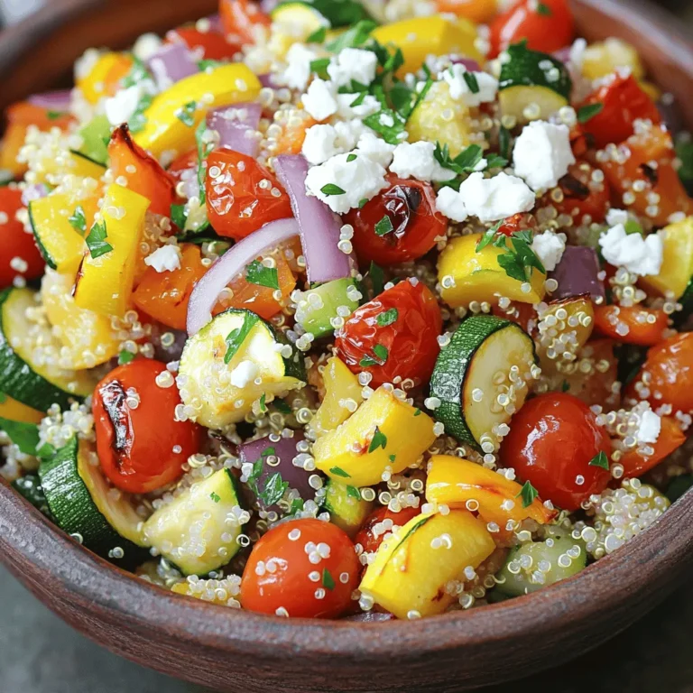 To make a delicious Roasted Vegetable Quinoa Salad, you need the following ingredients: - 1 cup quinoa, thoroughly rinsed - 2 cups vegetable broth - 1 red bell pepper, diced into bite-sized pieces - 1 medium zucchini, diced - 1 medium yellow squash, diced - 1 medium red onion, chopped - 2 cups cherry tomatoes, halved - 3 tablespoons olive oil, divided - 1 teaspoon garlic powder - 1 teaspoon dried oregano - Salt and freshly ground black pepper, to taste - ¼ cup feta cheese, crumbled (optional for added creaminess) - Fresh parsley, finely chopped, for garnish - Juice of 1 fresh lemon To ensure the best flavor, use high-quality olive oil. Look for extra virgin olive oil. It has a rich taste and adds depth to your salad. If you want a creamy touch, consider adding feta cheese. It pairs well with the roasted vegetables and quinoa. When choosing vegetables, pick fresh, firm ones. Look for vibrant colors and avoid any that are soft or bruised. Store fresh vegetables in the fridge. Keep them in a breathable bag or container to extend their freshness. Proper storage makes a big difference in taste and texture. You can find the complete recipe in the Full Recipe section above. Enjoy creating this healthy and flavorful dish! To start, rinse the quinoa thoroughly. Place it in a fine mesh strainer and run it under cold water. This step is key. Rinsing helps remove the bitter coating called saponin. You want your quinoa to have a clean taste. Next, cook the quinoa in vegetable broth. Bring the broth to a rolling boil in a medium saucepan. Once boiling, stir in your rinsed quinoa. This adds a nice flavor. Cover the saucepan and reduce the heat to low. Let it simmer for about 15 minutes. When done, the quinoa should absorb all the broth and look fluffy. Let it sit covered for another 5 minutes before fluffing it gently with a fork. Now, let’s move on to the vegetables. First, preheat your oven to 400°F (200°C). This hot oven helps caramelize the veggies, making them sweeter. In a large bowl, combine diced red bell pepper, zucchini, yellow squash, chopped red onion, and halved cherry tomatoes. Drizzle 2 tablespoons of olive oil over the vegetables. Sprinkle garlic powder, dried oregano, salt, and pepper. Toss well so each piece is coated. Spread the vegetables out on a baking sheet in a single layer. This allows them to roast evenly. Roast for about 20-25 minutes. Look for tender veggies with a nice golden edge. Once your veggies are roasted, it’s time to assemble the salad. Transfer the roasted vegetables to a large serving bowl. Add the cooked quinoa. Pour in the last tablespoon of olive oil and the juice of one fresh lemon. Toss everything gently so the flavors mix well. For a final touch, sprinkle crumbled feta cheese on top if you like. Add some fresh parsley for a pop of color. This dish is not just healthy; it’s also beautiful! You can find the full recipe for more detailed steps. To cook quinoa well, avoid rinsing it too quickly. Rinsing helps remove bitter saponins. Use a fine mesh strainer for best results. Overcooking is another common mistake. Quinoa should cook until fluffy, not mushy. To achieve the fluffiest quinoa, use vegetable broth. It adds flavor. Bring the broth to a rolling boil before adding the rinsed quinoa. Cover the pot, lower the heat, and let it simmer. After 15 minutes, let it sit covered for 5 more minutes. Fluff it gently with a fork to keep it light. For perfect roasted vegetables, cut them into uniform sizes. This ensures even cooking. Thicker cuts take longer, while smaller pieces roast faster. Aim for a mix of colors for a vibrant dish. Roasting times vary by vegetable. For bell peppers and zucchini, 20-25 minutes works well. A sprinkle of salt and pepper boosts flavor. You can also try different seasonings like cumin or paprika for a twist. Olive oil helps in achieving that golden brown look. Toss the veggies in oil before roasting for the best result. When serving your salad, presentation matters. Use a large bowl or platter to showcase the colors. A lemon wedge on the side adds brightness and flavor. For a complete meal, pair this salad with grilled chicken or fish. Add a side of whole-grain bread for extra carbs. You can also serve it with a light soup for a cozy feel. For the full recipe, check out the details above. Enjoy your healthy and flavorful Roasted Vegetable Quinoa Salad! {{image_4}} You can change the vegetables based on seasons. Try using: - Carrots - Sweet potatoes - Broccoli - Cauliflower These choices add variety and taste. You can also swap quinoa for other grains. Farro and bulgur work well, too. They bring different textures and flavors to the dish. For added crunch and taste, consider adding nuts or seeds. Walnuts, almonds, or sunflower seeds work great. You can also try different cheeses. Goat cheese or parmesan can add a new twist. Herbs and spices can also make your salad special. Fresh basil or cilantro can brighten the dish. Try adding smoked paprika or cumin for a warm flavor. If you need a gluten-free option, use quinoa or rice. Both are safe and delicious. For vegan options, skip the feta cheese. You can add chickpeas or lentils for protein. These choices boost nutrition while keeping the dish plant-based. Using these variations, you can make your roasted vegetable quinoa salad fit your taste and needs. Enjoy experimenting with flavors and ingredients! To keep your roasted vegetable quinoa salad fresh, store it in airtight containers. This helps seal in the flavors and keep it safe from other smells in the fridge. Use glass or BPA-free plastic containers. Glass is best for keeping flavors intact. Before sealing, make sure the salad has cooled down. Hot food can cause moisture to build up inside the container. This moisture can make your salad soggy. If you have leftovers, eat them within three days for the best taste. When you want to enjoy your quinoa salad again, reheating is simple. The best method is to use the microwave. Place your salad in a microwave-safe bowl. Heat it in 30-second intervals, stirring in between. This helps heat evenly without overcooking. To keep the veggies nice, avoid high heat. If you prefer the oven, spread the salad on a baking sheet. Cover it with foil to keep it moist. Heat it at 350°F (175°C) for about 10-15 minutes. This way, the vegetables stay tender and tasty. If you want to serve it cold, just take it out of the fridge. Let it sit for a few minutes to reach room temperature. Enjoy the fresh flavors just like the first day! Can I make this salad ahead of time? Yes, you can make this salad ahead of time. It tastes even better after sitting for a bit. Just store it in the fridge. The flavors blend nicely, and you save cooking time. How long will leftovers last in the fridge? Leftovers will last about 3 to 4 days in the fridge. Make sure to store it in an airtight container. Always check for freshness before eating. Overview of the health benefits of the ingredients This salad is packed with nutrients. Quinoa is a complete protein, which means it has all nine essential amino acids. The vegetables add vitamins, fiber, and antioxidants. Olive oil provides healthy fats, while lemon juice adds vitamin C. Feta cheese adds calcium and flavor. What are the calorie counts and macros per serving? Each serving has about 250 calories. It contains 9 grams of protein, 10 grams of fat, and 36 grams of carbs. These values can change based on added ingredients. Check the Full Recipe for exact macros. Tips for making the salad more appealing to children To make this salad kid-friendly, try adding sweet ingredients. You can include corn or diced apples for a hint of sweetness. Also, cut the veggies into fun shapes. Kids enjoy colorful plates! Suggestions for omitting certain vegetables or adding flavors Feel free to omit any vegetables your kids don’t like. Carrots, cucumbers, or even peas can be good swaps. Adding a bit of ranch dressing or a sprinkle of cheese can make it more appealing. This blog post covered everything you need to make a delicious Roasted Vegetable Quinoa Salad. We discussed the key ingredients, preparation steps, and tips for cooking and storage. I shared ideas for ingredient swaps and flavor twists to keep it fresh. Remember, you can make this salad your own with different veggies or grains. It is simple, healthy, and perfect for any meal. Enjoy your cooking adventure and the tasty results!