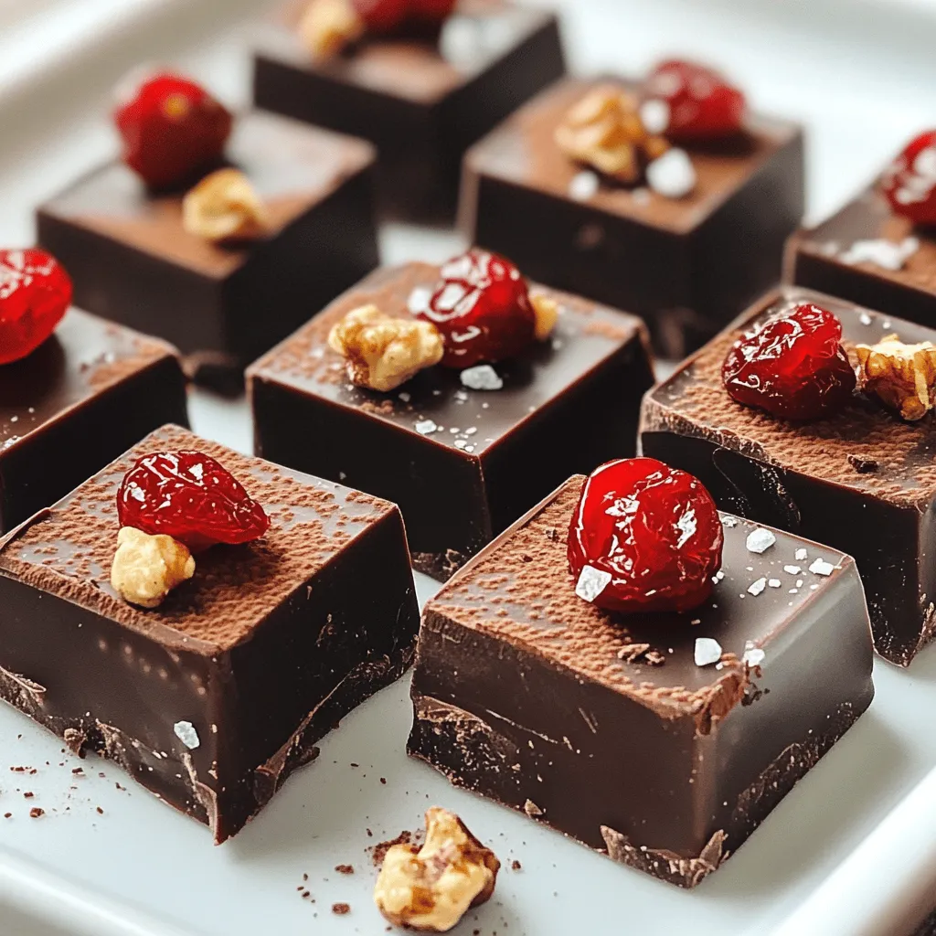 To make Cherry Chocolate Fudge Bites, you need a few simple ingredients. Each one adds a unique taste and texture to the fudge. Here’s what you’ll need: - 1 cup dark chocolate chips - 1/2 cup sweetened condensed milk - 1/4 teaspoon vanilla extract - 1/2 cup dried cherries, finely chopped - 1/4 cup walnuts, chopped (optional) - 1/4 teaspoon sea salt - Extra cocoa powder or shredded coconut for dusting The dark chocolate chips bring rich flavors. Sweetened condensed milk gives the fudge a creamy base. Vanilla extract adds warmth and depth. Dried cherries provide a sweet and tangy burst. Walnuts add crunch, but they are optional. Sea salt enhances the overall taste. Finally, the cocoa powder or shredded coconut gives a lovely finish. Using quality ingredients makes a big difference. When you pick fresh cherries and good chocolate, your fudge will shine. This recipe is simple, yet it creates a treat that impresses. You can find the full recipe in the main article. Start by taking a small square baking dish, about 8x8 inches. Line it with parchment paper. This step makes it easy to lift out the fudge once it's set. Make sure the paper covers the bottom and sides well. In a medium saucepan, add the dark chocolate chips and sweetened condensed milk. Place the saucepan on low heat. Stir the mixture slowly. Keep stirring until the chocolate is completely melted. This usually takes about 5 to 7 minutes. The goal is a smooth and glossy mixture. Once the chocolate is melted, take the saucepan off the heat. Add the vanilla extract to the chocolate. Next, mix in the finely chopped dried cherries. If you like, you can also add walnuts at this stage. Stir everything together until it's well combined. Now, pour the chocolate mixture into the prepared baking dish. Use a spatula to spread it evenly. Make sure the mixture reaches all corners of the dish. This ensures each bite is full of flavor. Lightly sprinkle sea salt over the top of the fudge. Take the back of the spatula and gently press the salt into the fudge. This step enhances the flavor and adds a nice touch. Let the fudge cool at room temperature for about 30 minutes. After that, place the dish in the refrigerator. Chill it for at least 2 hours or until it’s firm. Once set, lift the fudge out using the edges of the parchment paper. Place it on a cutting board and cut it into bite-sized squares. For a special touch, dust the fudge bites with cocoa powder or shredded coconut before serving. This recipe is a delightful treat that you can share with family and friends. For the complete recipe, check the Full Recipe. To get a smooth chocolate mixture, keep the heat low. High heat can cause the chocolate to seize. Stir the chocolate and sweetened condensed milk well. This helps the ingredients blend nicely. Stir continuously until the mixture is glossy. If it feels grainy, you may need to melt it a bit longer. Let your fudge cool at room temperature first. This step takes about 30 minutes. After that, move it to the fridge. Chill the fudge for at least 2 hours. This helps it set firm. If you want faster results, you can use the freezer. Just check it every 15 minutes to avoid freezing. For a lovely finish, dust the fudge with cocoa powder or shredded coconut. This adds a nice touch. You can cut the fudge into fun shapes too. Use cookie cutters for stars or hearts. Place the bites on a pretty plate to impress your guests. For a pop of color, add fresh cherries on top. These simple tricks make your dessert even more special. For the complete recipe, check out the Full Recipe section. {{image_4}} You can add nuts to your fudge for a crunchy twist. Chopped walnuts pair well with the smooth chocolate. Simply mix in 1/4 cup of walnuts when blending the chocolate and cherries. You can also try pecans or almonds for different flavors. Nuts not only add texture but also boost the nutrition of your treats. Want to mix it up? You can add caramel or peppermint to your fudge. For caramel, swirl in a few tablespoons after melting the chocolate. This creates a sweet layer that contrasts with the chocolate. For peppermint, add a few drops of peppermint extract to the chocolate. This gives a fresh, minty flavor that’s perfect for the holidays. To make this recipe vegan, swap the sweetened condensed milk for a plant-based version. You can use coconut cream or almond milk mixed with a thickener, like cornstarch. Also, choose dairy-free chocolate chips to keep it vegan. These simple swaps let everyone enjoy these tasty bites without dairy. For the full recipe, check out the Cherry Chocolate Fudge Bites section. Store your Cherry Chocolate Fudge Bites in an airtight container. This keeps them fresh and tasty. You can layer them with parchment paper to avoid sticking. Make sure the container is clean and dry before adding the fudge. This helps prevent moisture that can ruin your treats. Refrigeration is great for short-term storage. Place the fudge in the fridge if you plan to eat it within a week. For longer storage, freezing is your best bet. Wrap the fudge tightly in plastic wrap, then place it in a freezer-safe bag. This way, it stays fresh for months. When stored properly, Cherry Chocolate Fudge Bites last about a week in the fridge. If frozen, they can last up to three months. Just remember to thaw them in the fridge before enjoying again. This keeps the texture nice and smooth. For the best taste, eat them within a month of freezing. For the full recipe, check the details above. To make Cherry Chocolate Fudge Bites, follow these steps: 1. Line an 8x8 inch baking dish with parchment paper. 2. In a saucepan, melt 1 cup of dark chocolate chips with 1/2 cup of sweetened condensed milk over low heat. Stir until smooth. 3. Remove from heat and mix in 1/4 teaspoon of vanilla extract, 1/2 cup of finely chopped dried cherries, and optional 1/4 cup of chopped walnuts. 4. Pour the mixture into the baking dish, spreading it evenly. 5. Sprinkle with 1/4 teaspoon of sea salt and press it in gently. 6. Cool at room temperature for 30 minutes, then chill in the fridge for at least 2 hours. 7. Once set, lift the fudge out and cut it into bite-sized pieces. For the full recipe, check the section above. Yes, you can use milk chocolate instead of dark chocolate. Milk chocolate gives a sweeter and creamier taste. It will change the flavor slightly, but it will still be delicious. Just make sure to adjust the sweetness of the recipe if needed. You can find ready-made Cherry Chocolate Fudge Bites at specialty chocolate shops or gourmet stores. Some bakeries might also sell them. Always check local shops or online stores. They often have unique treats and flavors too. Yes, you can freeze Cherry Chocolate Fudge Bites. First, let them cool completely. Then, place them in an airtight container or wrap them tightly in plastic wrap. They can last up to three months in the freezer. When you're ready to enjoy them, simply thaw them in the fridge or at room temperature. In this blog post, we explored how to make Cherry Chocolate Fudge Bites. We covered the key ingredients, step-by-step instructions, and helpful tips. You learned about various flavors and textures, along with storage ideas to keep your treats fresh. Cherry Chocolate Fudge Bites are tasty and fun to make. Try different add-ins to customize your fudge. Enjoy sharing these treats with friends and family; they will love them!