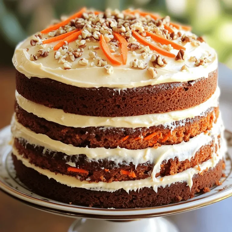 - 2 cups all-purpose flour - 2 cups granulated sugar - 1 teaspoon baking powder - 1 teaspoon baking soda - 1 teaspoon ground cinnamon - ½ teaspoon ground nutmeg - ½ teaspoon salt The dry ingredients are key to your cake's structure. Flour gives the cake its body, while sugar adds sweetness. Baking powder and baking soda help the cake rise. Cinnamon and nutmeg bring warmth and depth. Salt balances the sweetness and enhances flavor. - 1 cup vegetable oil - 4 large eggs - 2 cups finely grated carrots - 1 cup crushed pineapple, well-drained - 1 teaspoon vanilla extract Wet ingredients provide moisture and richness. Oil keeps the cake tender, while eggs create fluffiness. The grated carrots add texture and natural sweetness. Pineapple brings extra moisture and flavor. Vanilla rounds out the taste with a lovely aroma. - 1 cup chopped walnuts - Cream Cheese Frosting ingredients Chopped walnuts add a nice crunch and depth of flavor. They also boost nutrition. Cream cheese frosting is optional but highly recommended. It adds a creamy, tangy layer that perfectly complements the cake's sweetness. You can find the full recipe for this delightful treat to make it all come together beautifully. - Preheat oven to 350°F (175°C). - Grease and flour two 9-inch round cake pans. Start by getting your oven hot. This helps the cake bake well. Greasing and flouring the pans stops the cake from sticking. Use butter or oil to grease them, then dust with flour. - Combine flour, sugar, baking powder, baking soda, cinnamon, nutmeg, and salt. In a big bowl, mix the dry ingredients. This includes flour, sugar, baking powder, baking soda, cinnamon, nutmeg, and salt. Whisk them well. This makes sure everything works together. - Whisk together oil and eggs. - Stir in grated carrots, crushed pineapple, walnuts, and vanilla. In another bowl, whisk the oil and eggs. This makes a smooth mix. Then, add the grated carrots, drained crushed pineapple, walnuts (if you want), and vanilla. Stir until all ingredients are mixed well. - Fold wet ingredients into dry ingredients until just combined. Now, pour the wet mix into the dry mix. Use a spatula to fold them together. Do this gently until just combined. Overmixing can make the cake tough. - Divide batter into prepared pans and bake for 25-30 minutes. - Ensure cakes are done using a toothpick test. Divide the batter equally into the two pans. Place them in the oven and bake for 25 to 30 minutes. To check if they are done, insert a toothpick into the center. If it comes out clean, the cakes are ready. - Cool cakes in pans for 10 minutes, then transfer to wire rack. - Frost with cream cheese frosting if desired. Once baked, let the cakes cool in the pans for 10 minutes. Then, transfer them to a wire rack to cool completely. If you want, add cream cheese frosting to make it even more delicious. For the full recipe, check the details above. To keep your carrot cake light and fluffy, mix just enough. When you combine wet and dry ingredients, use a spatula to gently fold them together. Stop mixing as soon as you see no dry flour. Overmixing makes the cake dense and tough. Trust me; a little lumpiness is okay. For even layers and great texture, use the right pan. Grease your pans well and dust them with flour. This stops the cake from sticking. Bake in the center of your oven for even heat. Check your cakes around 25 minutes. Use a toothpick; it should come out clean. If it's still wet, give it more time. If you want to swap ingredients, here are some ideas. You can use applesauce instead of oil for a lighter cake. For less sugar, try using honey or maple syrup. Just remember, these changes can slightly alter the taste and texture. It’s fun to experiment, so find what works for you! {{image_4}} You can enhance your carrot cake with spices or zest. Adding a teaspoon of ground ginger gives a warm kick. For a fresh touch, consider adding the zest of one orange or lemon. This brightens the flavors and adds a citrusy aroma. You could also mix in some raisins or shredded coconut for extra texture. While cream cheese frosting is classic, you can mix it up! Try using buttercream frosting for a sweeter option. You might also enjoy chocolate frosting for a rich twist. If you want something lighter, a whipped cream frosting can add fluffiness. Each variation brings a new taste to your cake. To make a vegan carrot cake, swap eggs with flaxseed meal or applesauce. Use a flaxseed egg by mixing one tablespoon of ground flaxseed with three tablespoons of water. Let it sit until it thickens. Substitute the vegetable oil with a plant-based oil like coconut oil. You can also choose a dairy-free milk, like almond or oat milk, to keep it vegan. These simple changes keep the cake delicious and moist. For the complete recipe, check the Full Recipe section! To keep your carrot cake fresh, store it in an airtight container. This helps keep moisture in and prevents it from drying out. If you have leftover frosting, store it separately in the fridge. Place parchment paper between layers if stacking to avoid sticking. You can freeze your carrot cake for later. Wrap each layer in plastic wrap tightly. Then, place the layers in a freezer bag. If freezing the entire cake, wrap it well and use aluminum foil for extra protection. Thaw the cake in the fridge overnight before serving. At room temperature, your classic carrot cake lasts about 3 days. If you store it in the fridge, it can last up to a week. The cool air helps preserve its flavor and moisture. For the best taste, enjoy it fresh! A classic carrot cake has simple, key ingredients. You need finely grated carrots, which provide sweetness and moisture. The warm spices, like ground cinnamon and nutmeg, give it a rich flavor. You also need eggs and oil for moisture. These elements combine to create a soft and tender cake. The balance of flavors makes it a favorite among many. Yes, you can use whole wheat flour instead of all-purpose flour. However, this change alters the texture. Whole wheat flour makes the cake denser and gives it a nutty flavor. If you want a lighter cake, you can mix white and whole wheat flour. This keeps some health benefits while keeping the cake fluffy. To keep your carrot cake moist, use fresh carrots and drain the pineapple well. Adding oil helps too, as it keeps the cake soft. Don't overmix the batter. Mix until just combined to avoid a dry texture. Lastly, watch the baking time; overbaking can lead to dryness. You can add chopped walnuts for healthy fats and protein. They also add a nice crunch. Seeds, like chia or flaxseed, are great too. You might try adding raisins or shredded coconut for extra flavor and nutrition. These add-ins make the cake tasty and boost its health benefits. Baking powder is key for rising. Make sure it’s fresh for the best results. The right oven temperature also matters. Preheat your oven well, and don’t open the door while baking. Each of these steps helps your cake rise beautifully and creates that perfect fluffy texture. For the full recipe, check out the details above. In this blog post, I shared a detailed recipe for a classic carrot cake, covering ingredients, step-by-step instructions, and storage tips. I also included helpful variations and common questions to boost your baking skills. Remember, choosing quality ingredients and following instructions closely will lead to a delightful cake. Don’t hesitate to personalize it with flavors or frostings you love. Happy baking!