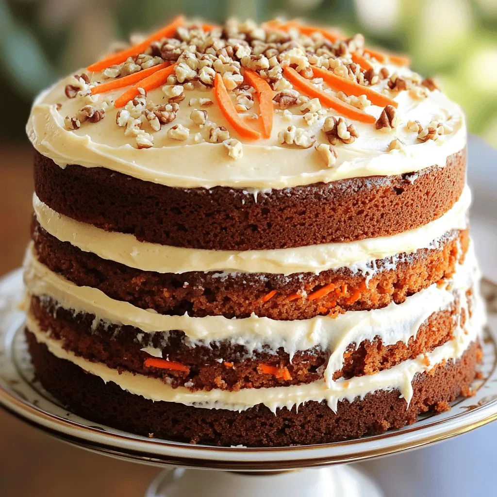 - 2 cups all-purpose flour - 2 cups granulated sugar - 1 teaspoon baking powder - 1 teaspoon baking soda - 1 teaspoon ground cinnamon - ½ teaspoon ground nutmeg - ½ teaspoon salt The dry ingredients are key to your cake's structure. Flour gives the cake its body, while sugar adds sweetness. Baking powder and baking soda help the cake rise. Cinnamon and nutmeg bring warmth and depth. Salt balances the sweetness and enhances flavor. - 1 cup vegetable oil - 4 large eggs - 2 cups finely grated carrots - 1 cup crushed pineapple, well-drained - 1 teaspoon vanilla extract Wet ingredients provide moisture and richness. Oil keeps the cake tender, while eggs create fluffiness. The grated carrots add texture and natural sweetness. Pineapple brings extra moisture and flavor. Vanilla rounds out the taste with a lovely aroma. - 1 cup chopped walnuts - Cream Cheese Frosting ingredients Chopped walnuts add a nice crunch and depth of flavor. They also boost nutrition. Cream cheese frosting is optional but highly recommended. It adds a creamy, tangy layer that perfectly complements the cake's sweetness. You can find the full recipe for this delightful treat to make it all come together beautifully. - Preheat oven to 350°F (175°C). - Grease and flour two 9-inch round cake pans. Start by getting your oven hot. This helps the cake bake well. Greasing and flouring the pans stops the cake from sticking. Use butter or oil to grease them, then dust with flour. - Combine flour, sugar, baking powder, baking soda, cinnamon, nutmeg, and salt. In a big bowl, mix the dry ingredients. This includes flour, sugar, baking powder, baking soda, cinnamon, nutmeg, and salt. Whisk them well. This makes sure everything works together. - Whisk together oil and eggs. - Stir in grated carrots, crushed pineapple, walnuts, and vanilla. In another bowl, whisk the oil and eggs. This makes a smooth mix. Then, add the grated carrots, drained crushed pineapple, walnuts (if you want), and vanilla. Stir until all ingredients are mixed well. - Fold wet ingredients into dry ingredients until just combined. Now, pour the wet mix into the dry mix. Use a spatula to fold them together. Do this gently until just combined. Overmixing can make the cake tough. - Divide batter into prepared pans and bake for 25-30 minutes. - Ensure cakes are done using a toothpick test. Divide the batter equally into the two pans. Place them in the oven and bake for 25 to 30 minutes. To check if they are done, insert a toothpick into the center. If it comes out clean, the cakes are ready. - Cool cakes in pans for 10 minutes, then transfer to wire rack. - Frost with cream cheese frosting if desired. Once baked, let the cakes cool in the pans for 10 minutes. Then, transfer them to a wire rack to cool completely. If you want, add cream cheese frosting to make it even more delicious. For the full recipe, check the details above. To keep your carrot cake light and fluffy, mix just enough. When you combine wet and dry ingredients, use a spatula to gently fold them together. Stop mixing as soon as you see no dry flour. Overmixing makes the cake dense and tough. Trust me; a little lumpiness is okay. For even layers and great texture, use the right pan. Grease your pans well and dust them with flour. This stops the cake from sticking. Bake in the center of your oven for even heat. Check your cakes around 25 minutes. Use a toothpick; it should come out clean. If it's still wet, give it more time. If you want to swap ingredients, here are some ideas. You can use applesauce instead of oil for a lighter cake. For less sugar, try using honey or maple syrup. Just remember, these changes can slightly alter the taste and texture. It’s fun to experiment, so find what works for you! {{image_4}} You can enhance your carrot cake with spices or zest. Adding a teaspoon of ground ginger gives a warm kick. For a fresh touch, consider adding the zest of one orange or lemon. This brightens the flavors and adds a citrusy aroma. You could also mix in some raisins or shredded coconut for extra texture. While cream cheese frosting is classic, you can mix it up! Try using buttercream frosting for a sweeter option. You might also enjoy chocolate frosting for a rich twist. If you want something lighter, a whipped cream frosting can add fluffiness. Each variation brings a new taste to your cake. To make a vegan carrot cake, swap eggs with flaxseed meal or applesauce. Use a flaxseed egg by mixing one tablespoon of ground flaxseed with three tablespoons of water. Let it sit until it thickens. Substitute the vegetable oil with a plant-based oil like coconut oil. You can also choose a dairy-free milk, like almond or oat milk, to keep it vegan. These simple changes keep the cake delicious and moist. For the complete recipe, check the Full Recipe section! To keep your carrot cake fresh, store it in an airtight container. This helps keep moisture in and prevents it from drying out. If you have leftover frosting, store it separately in the fridge. Place parchment paper between layers if stacking to avoid sticking. You can freeze your carrot cake for later. Wrap each layer in plastic wrap tightly. Then, place the layers in a freezer bag. If freezing the entire cake, wrap it well and use aluminum foil for extra protection. Thaw the cake in the fridge overnight before serving. At room temperature, your classic carrot cake lasts about 3 days. If you store it in the fridge, it can last up to a week. The cool air helps preserve its flavor and moisture. For the best taste, enjoy it fresh! A classic carrot cake has simple, key ingredients. You need finely grated carrots, which provide sweetness and moisture. The warm spices, like ground cinnamon and nutmeg, give it a rich flavor. You also need eggs and oil for moisture. These elements combine to create a soft and tender cake. The balance of flavors makes it a favorite among many. Yes, you can use whole wheat flour instead of all-purpose flour. However, this change alters the texture. Whole wheat flour makes the cake denser and gives it a nutty flavor. If you want a lighter cake, you can mix white and whole wheat flour. This keeps some health benefits while keeping the cake fluffy. To keep your carrot cake moist, use fresh carrots and drain the pineapple well. Adding oil helps too, as it keeps the cake soft. Don't overmix the batter. Mix until just combined to avoid a dry texture. Lastly, watch the baking time; overbaking can lead to dryness. You can add chopped walnuts for healthy fats and protein. They also add a nice crunch. Seeds, like chia or flaxseed, are great too. You might try adding raisins or shredded coconut for extra flavor and nutrition. These add-ins make the cake tasty and boost its health benefits. Baking powder is key for rising. Make sure it’s fresh for the best results. The right oven temperature also matters. Preheat your oven well, and don’t open the door while baking. Each of these steps helps your cake rise beautifully and creates that perfect fluffy texture. For the full recipe, check out the details above. In this blog post, I shared a detailed recipe for a classic carrot cake, covering ingredients, step-by-step instructions, and storage tips. I also included helpful variations and common questions to boost your baking skills. Remember, choosing quality ingredients and following instructions closely will lead to a delightful cake. Don’t hesitate to personalize it with flavors or frostings you love. Happy baking!