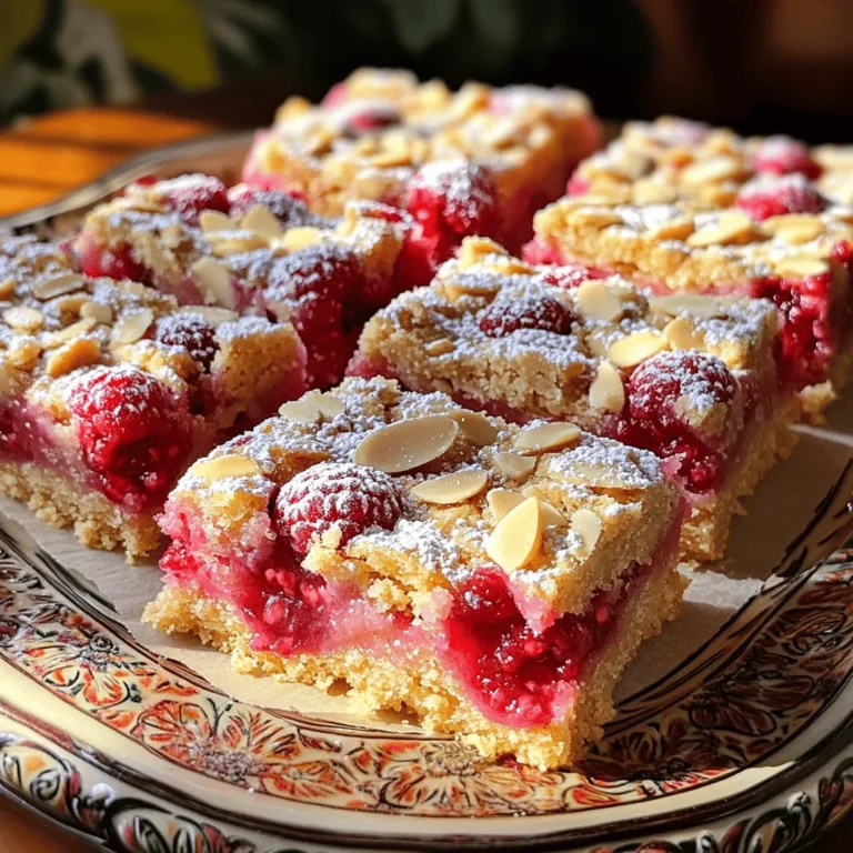 Cooking these Raspberry Almond Shortbread Bars is simple and fun. You will need: - 1 cup unsalted butter, softened - 3/4 cup powdered sugar - 1 teaspoon pure vanilla extract - 2 cups all-purpose flour - 1/4 teaspoon fine sea salt - 1 cup almond meal - 1 cup fresh raspberries - 1/4 cup sliced almonds - Optional: 1 tablespoon granulated sugar These ingredients come together to create a sweet and nutty treat. The butter gives richness, while the powdered sugar adds sweetness. Vanilla extract brings warmth to the flavor. The combination of all-purpose flour and almond meal makes the bars tender and crumbly. Fresh raspberries provide a tart burst of flavor. Sliced almonds on top add a lovely crunch. You can add granulated sugar to the raspberries if you want extra sweetness. This recipe is flexible, and you can adjust as you like. For the full recipe, check out the detailed instructions to make this delightful dessert. Enjoy baking! - Preheat the oven and prepare the baking pan: Start by setting your oven to 350°F (175°C). Take a 9x9-inch square baking pan and line it with parchment paper. Make sure the paper hangs over the edges. This will help you lift out the bars later. - Cream butter and sugar mixture: In a large bowl, use an electric mixer to beat 1 cup of softened butter with 3/4 cup of sifted powdered sugar. Mix until it becomes light and fluffy. Then, add 1 teaspoon of pure vanilla extract and blend it well. - Combine dry ingredients: Gradually mix in 2 cups of all-purpose flour, 1 cup of almond meal, and 1/4 teaspoon of fine sea salt. Stir gently until you form a soft dough. - Press the dough into the pan: Take about two-thirds of the dough and evenly press it into the bottom of the lined baking pan. Use your fingers or a measuring cup to smooth it out. - Distribute raspberries and sprinkle sugar: Carefully place 1 cup of fresh raspberries on top of the shortbread layer. If you want, sprinkle 1 tablespoon of granulated sugar over the berries to make them sweeter. - Crumble remaining dough on top: Take the rest of the dough and crumble it evenly over the raspberries. Make sure some berries peek through to look great. - Adding sliced almonds for texture: Sprinkle 1/4 cup of sliced almonds over the crumbled dough. This adds a nice crunch and flavor. - Bake and cool before slicing: Place the pan in the oven and bake for 30-35 minutes. Look for a golden brown top and firm edges. Once done, take it out and let it cool completely in the pan. - Cutting into squares for serving: Once cool, lift the bars out using the parchment paper. Place them on a cutting board and cut into 16 squares. You can find the Full Recipe to follow these steps easily. To get the best texture for your Raspberry Almond Shortbread Bars, mix the dough well. Start by creaming the butter and sugar until fluffy. This step adds air and helps your bars rise. Next, when you combine the dry ingredients, don’t overmix. You want a soft dough, not a tough one. For a golden top, watch the oven closely. Bake until the edges are firm and the top is light brown. If you see browning early, cover the pan with foil. This keeps the bars from burning while they finish baking. Pair your bars with drinks like tea or coffee. The sweet and tart flavors work well together. For a special occasion, serve them on a nice platter. Add some fresh raspberries around the bars for color. This makes the dish look fancy without extra effort. To make your bars look even better, dust them with powdered sugar. This adds a sweet touch that looks great. Use a fine sieve to sprinkle it evenly. Garnishing with fresh raspberries is another nice touch. Place a few on top of each bar or next to them on the plate. This adds freshness and makes the dish pop. For more ideas, check the Full Recipe for details on creating stunning presentations. {{image_4}} You can make these raspberry almond shortbread bars your own by changing a few key ingredients. - Using different berries: Instead of raspberries, you can use blueberries, strawberries, or blackberries. Each fruit brings its own flavor. For example, blueberries add a sweet note, while strawberries give a juicy burst. - Alternatives to almond meal: If you need a change, you can swap almond meal for hazelnut flour or even sunflower seed flour. These options will change the taste but still keep a nutty flavor. You can also adjust these bars for special times of the year. - Adjusting for holidays and events: For fall, add pumpkin spice to the dough. For winter, use cranberries instead of raspberries for a festive touch. You can even shape the bars into holiday-themed forms. - Creative toppings for various occasions: Try adding a drizzle of white chocolate for birthdays or a sprinkle of crushed candy canes for Christmas. If you or your guests have dietary needs, you can adapt this recipe. - Gluten-free options: To make these bars gluten-free, replace all-purpose flour with a gluten-free blend. Many blends work well and keep the texture nice. - Vegan alternatives to butter: You can use coconut oil or a vegan butter substitute for a dairy-free option. This keeps the bars soft and tasty. These variations allow you to enjoy raspberry almond shortbread bars in new ways. Check out the Full Recipe for more details! Store your raspberry almond shortbread bars at room temperature. They stay fresh in a cool, dry place. If your kitchen is warm, use the fridge. To keep them soft, wrap them tightly in plastic wrap or use a sealed container. This keeps moisture in and prevents them from drying out. You can freeze these bars for longer storage. Cut them into squares first. Place them on a baking sheet and freeze for about two hours. Once frozen, put them in a freezer bag. Remove as much air as you can. For the best taste, thaw them in the fridge overnight before serving. These bars last about five days at room temperature. If you store them in the fridge, they can last up to a week. Watch for signs of spoilage, like an off smell or mold. If they feel hard or dry, it's time to toss them. Enjoy your bars while they’re fresh for the best flavor! How do I prevent the bars from being too crumbly? To keep the bars from crumbling, make sure to mix the dough well. When you press the dough into the pan, use your fingers to pack it down tightly. This helps it stick together. Also, avoid overbaking, as this can dry them out. Can I use frozen raspberries? Yes, you can use frozen raspberries. Just make sure to thaw and drain them first. This helps reduce extra moisture. Keep some whole while chopping others for a nice texture. What type of almond meal should I use? You should use finely ground almond meal for the best results. This gives the bars a nice texture and flavor. You can find almond meal in most grocery stores or make your own by grinding blanched almonds. What to do if they are undercooked? If the bars are undercooked, return them to the oven. Bake them in five-minute increments until they firm up. Check for a golden top and edges. This will ensure they are fully cooked. How to fix bars that are too sweet? If the bars are too sweet, you can balance the flavor. Serve them with a dollop of unsweetened whipped cream or plain yogurt. This adds a creamy, tangy touch that cuts the sweetness nicely. Can I add chocolate to the recipe? Absolutely! You can sprinkle chocolate chips on top of the raspberry layer before adding the crumbled dough. Dark or white chocolate both work well. This adds richness and a fun twist to the bars. How to incorporate other flavors? To mix it up, try adding citrus zest, like lemon or orange, to the dough. You could also substitute different berries, like blueberries or blackberries. This keeps the recipe fresh and exciting! For the full recipe, check out the detailed instructions above. This blog post covered all you need to know to make delicious raspberry almond bars. You learned about the key ingredients, step-by-step instructions, and useful tips for great results. We also explored variations, storage tips, and answered common questions. Enjoy these tasty bars at your next gathering or as a simple treat. Baking can be fun and rewarding, especially when you share your creations with others. Happy baking!