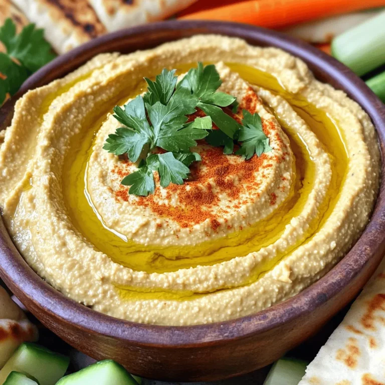 To make a delicious roasted garlic hummus, gather these key ingredients: - 1 cup canned chickpeas - 1/4 cup creamy tahini - 3-4 cloves of roasted garlic - 2 tablespoons lemon juice - 2 tablespoons olive oil - 1 teaspoon ground cumin - Salt to taste - Fresh parsley and smoked paprika for garnish Each ingredient plays a role in creating rich flavors. The chickpeas form the base and give a creamy texture. Tahini adds a nutty taste and smoothness. Roasted garlic brings sweetness and depth. Lemon juice adds brightness and balance. Olive oil enhances richness. Cumin gives warmth, while salt brings out all the flavors. I love adding fresh parsley and smoked paprika on top for color and flavor. These garnishes make the hummus look beautiful and appetizing. You can find the Full Recipe for the step-by-step process. Enjoy creating this treat! Preheat the Oven Start by preheating your oven to 400°F (200°C). This temperature helps the garlic turn sweet and soft. Wrapping and Roasting Garlic Cloves Take 3-4 garlic cloves and wrap each one in aluminum foil. Make sure to seal them well to keep the moisture in. Place the wrapped cloves on a baking sheet. Roast them in the oven for about 20-25 minutes. You’ll know they’re done when they feel soft and smell amazing. Cooling and Unwrapping Once roasted, take them out of the oven. Let them cool for a few minutes. Then unwrap the foil gently. The garlic will be very hot, so be careful! Set the roasted garlic aside while you prepare the hummus. Combining All Ingredients in a Food Processor In a food processor, add the following ingredients: - 1 cup canned chickpeas, thoroughly drained and rinsed - 1/4 cup creamy tahini - The roasted garlic cloves you just made - 2 tablespoons freshly squeezed lemon juice - 2 tablespoons high-quality olive oil - 1 teaspoon ground cumin - Salt, to taste Blending for Desired Smoothness Pulse the mixture until it’s smooth. You may stop and scrape down the sides to mix everything well. This step is key for that creamy texture we love. Adding Water for Texture If your hummus is too thick, add water. Start with one tablespoon at a time. Blend after each addition. Keep adding until you reach your desired consistency. Tasting and Adjusting Seasoning Once blended, taste your hummus. If you need more salt, sprinkle in a little more. This step ensures the flavors are just right. For the full recipe, check the details above. - Ideal accompaniments for hummus: Roasted garlic hummus pairs well with warm pita bread, crunchy veggie sticks, and fresh pita chips. You can also serve it with olives and stuffed grape leaves for a mezze platter. This makes a fun and colorful spread. - Presentation ideas for gatherings: To wow your guests, use a shallow bowl. Create a small well in the center of the hummus and drizzle olive oil. Top it off with fresh parsley and a sprinkle of smoked paprika for a pop of color. Serve with an array of dips and spreads for a lovely display. - Customizing with spices or herbs: You can add a twist to your roasted garlic hummus by mixing in spices. Try adding a dash of cumin or smoked paprika for a warm note. Fresh herbs like cilantro or basil can also brighten the flavor. - Experimenting with different garnishes: Get creative with your garnishes! You can sprinkle chili flakes for a bit of heat or even top with crumbled feta cheese for a salty bite. The choice is yours, so have fun and make it your own. For the full recipe and details, check out the Full Recipe section. {{image_4}} You can easily change the flavor of your roasted garlic hummus. For a spicy kick, add chili powder. Start with a small amount, then taste and adjust to your liking. You can also mix in roasted red peppers. Simply blend them with your other ingredients for a sweet and smoky flavor. This adds depth and excitement to your dip. Experiment with other spices like smoked paprika or cumin for more layers of flavor. The options are endless! Roasted garlic hummus is very versatile. It is naturally vegan, so you can enjoy it without worrying. If you follow a gluten-free diet, this recipe fits perfectly. Just ensure your tahini and other ingredients are certified gluten-free. You can also make hummus without any added oils for a lighter version. This way, you keep all the great taste while meeting your dietary needs. Enjoy your hummus with fresh veggies, pita, or crackers for a delicious snack. For the full recipe, check out the details above! To keep your hummus fresh, store it in an airtight container. This helps prevent drying out. Place a thin layer of olive oil on top before sealing. This layer seals in moisture and adds flavor. Always refrigerate your hummus right after use. It keeps the taste and texture nice. If you want to store hummus for longer, freezing is a great option. Just scoop portions into freezer-safe bags or containers. Remove as much air as possible to prevent freezer burn. Label the bags with the date. You can freeze hummus for up to three months. When ready to eat, let it thaw in the fridge overnight. How long does hummus last in the fridge? Homemade hummus lasts about five to seven days when stored properly. Store-bought hummus often has a longer shelf life due to preservatives. Always check the "use by" date on the package for guidance. To determine freshness, look for signs of spoilage. If you see mold, or the hummus smells off, it's best to discard it. Also, if the texture changes and becomes watery or grainy, it's time to let it go. Always trust your senses: sight, smell, and taste are your best friends in the kitchen. You can use roasted garlic in many dishes. It adds a sweet, rich flavor. Try it in pasta sauces, mashed potatoes, or even on toast. Roasted garlic also works great in salad dressings. You can blend it into dips for extra depth. It shines in soups, too, giving them a warm taste. Using dry garlic will change the taste and texture. Dry garlic is sharper and more bitter. Roasted garlic is sweet and smooth. If you want that creaminess, stick with roasted garlic. It makes your hummus shine and taste balanced. To make hummus creamier, blend it well. Use a high-powered food processor. Add a bit more olive oil or tahini. If it's grainy, add water slowly. Blend between each addition until smooth. Taste and adjust salt for the best flavor. You can find store-bought roasted garlic hummus at many grocery stores. Look for brands like Sabra or Tribe. These brands often have good flavor and texture. You can also check local health food stores. They might have fresh options or unique flavors. Roasted garlic hummus combines simple ingredients for a delicious dip. It starts with canned chickpeas, tahini, and roasted garlic. You can enjoy this recipe by blending, adjusting, and even personalizing it. Explore flavor variations to suit your taste. Store leftovers correctly for lasting freshness. With the right tips and tricks, you can impress anyone at gatherings. Making roasted garlic hummus is not just easy; it’s also fun to customize. Now, you've got everything you need to whip up a tasty, healthy snack. Enjoy creating your hummus masterpiece!
