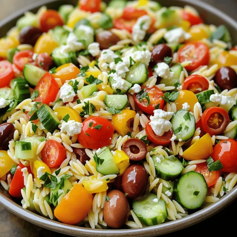 - 1 cup orzo pasta - 2 cups vegetable broth - 1 cup cherry tomatoes, halved - 1 cucumber, diced - 1 cup Kalamata olives, pitted and sliced - 1 bell pepper (any color), diced - ½ red onion, finely chopped - 1 cup feta cheese, crumbled - ¼ cup fresh parsley, chopped - 2 tablespoons olive oil - 2 tablespoons red wine vinegar (or substitute with fresh lemon juice) - 1 teaspoon dried oregano - Salt and pepper to taste Each ingredient plays a key role in making this salad fresh and tasty. Orzo pasta gives a light base. It cooks quickly and absorbs flavors well. Vegetable broth adds depth to the orzo. Use a low-sodium broth for better control over saltiness. Cherry tomatoes bring sweetness and color. Cucumbers add crunch, while Kalamata olives give a briny kick. Bell peppers offer more crunch and a pop of color. Red onion gives a sharp bite, balancing the salad. Feta cheese gives creaminess and tang. Fresh parsley adds brightness and a touch of green. Olive oil and vinegar make a simple, tasty dressing. Dried oregano adds a hint of Mediterranean flavor. Quality matters. Choose fresh veggies, good olives, and tasty feta. The better your ingredients, the better your salad will be. This Easy Greek Orzo Salad is a joy to prepare and eat. You can find the Full Recipe for complete cooking steps. To cook orzo, start by boiling vegetable broth. This adds flavor to the pasta. Use a medium saucepan and bring 2 cups of broth to a gentle boil. Add 1 cup of orzo pasta. Stir it occasionally to prevent sticking. Cook it as per package instructions, usually about 9-10 minutes. Aim for al dente, as it will continue to cook later. Once done, drain the orzo and rinse it with cold water. This step stops the cooking process and helps keep it firm. While your orzo cooks, prepare the veggies. Wash your cherry tomatoes, cucumber, bell pepper, and red onion. When chopping, aim for uniform sizes. This ensures even flavor in every bite. You can also add seasonal veggies like zucchini or bell peppers for variety. Just make sure they are fresh and crisp to enhance your salad. When the orzo cools, it’s time to mix. Add the cooled orzo into the bowl with your chopped veggies. Gently combine the ingredients using a spatula. Be careful not to mash them together. You want each piece to keep its shape. This way, every bite is packed with flavor. For the dressing, whisk together olive oil, red wine vinegar, and dried oregano in a small bowl. You can also use fresh lemon juice for a zesty kick. Adjust the flavor by adding salt and pepper. Taste it as you go. If you want a stronger taste, add more vinegar or lemon juice. The right balance makes the salad pop. This is just a brief overview of the process. For the full recipe, including detailed steps and serving suggestions, check out the Full Recipe. - Overcooking orzo: Orzo cooks quickly. If you leave it too long, it becomes mushy. Aim for al dente for the best texture. - Skipping the chilling step: Chilling the salad enhances the flavors. It allows the ingredients to mix well. Don’t skip this for a tastier dish. - Suggestions for garnishing: Add a sprinkle of feta on top. A few parsley leaves can make it look fresh. Use a drizzle of olive oil for shine and flavor. - Serving suggestions for gatherings: Present your salad in a large, shallow bowl. This invites guests to help themselves. Pair with warm pita for a full Mediterranean experience. - Ideas for boosting the salad’s nutritional value: Add some chickpeas for protein. You can also toss in leafy greens like spinach for added vitamins. - Alternatives for dietary restrictions: If you're vegan, skip the feta and use avocado. For gluten-free options, replace orzo with quinoa or rice. {{image_4}} You can easily change some ingredients in this salad. If you don’t like Kalamata olives, try green olives or even capers. For cheese, goat cheese works well. It gives a creamy taste that blends nicely with the other flavors. Want to add some protein? Cooked chicken or chickpeas are great choices. They add heartiness to the dish. Toss in shredded chicken for a light option, or use canned chickpeas for a quick fix. Both options make the salad more filling and nutritious. To change the flavor, add fresh herbs. Dill or mint gives a nice twist. You can also sprinkle in spices like cumin or paprika for warmth. These small changes can take your salad to the next level. Seasonal ingredients can also change the taste. In summer, add fresh corn or bell peppers. In fall, try roasted butternut squash or sweet potatoes. Using what’s in season makes your salad fresh and fun. It also helps you explore different tastes throughout the year. For the full recipe, check out Mediterranean Orzo Delight. To store leftovers, place the salad in an airtight container. This keeps the flavors fresh and prevents spills. If you have extra dressing, store it separately. This way, your salad won't get soggy. To maintain texture, avoid mixing all the ingredients together until you're ready to eat. Keep the salad chilled in the fridge. It tastes best within three days, but it can last up to five days if stored properly. Can you freeze Greek orzo salad? I do not recommend it. Freezing changes the texture of the vegetables and feta cheese. They can become mushy when thawed. If you must freeze it, make sure to separate the dressing. Before serving, thaw the salad in the fridge overnight. This gives the flavors time to blend back together. Enjoy your easy Greek orzo salad fresh for the best taste! For the full recipe, check the [Full Recipe]. You can store the Easy Greek Orzo Salad in the fridge for about three days. Make sure to keep it in an airtight container. Check for signs of spoilage, such as a sour smell or slimy texture. If you notice either, it's best to throw it away. Yes, you can make this salad ahead of time. It tastes even better after sitting for a few hours. Prepare it up to 24 hours in advance. Store it in the fridge until you are ready to serve. Orzo is a great source of carbohydrates. It gives you energy for your day. One cup of cooked orzo has about 200 calories. It also contains some protein and fiber. Compared to other pasta, orzo is smaller and cooks faster. It is versatile and pairs well with many ingredients, making it a great choice for salads like this one. This blog post covered everything you need to know for a tasty Greek orzo salad. We explored key ingredients and the best cooking methods. I shared tips to avoid common mistakes and enhance presentation. You also learned about fun variations for your salad. Try out these ideas to create a dish that suits your taste. With an easy approach and fresh ingredients, you can make a salad everyone will love. Enjoy your culinary journey!
