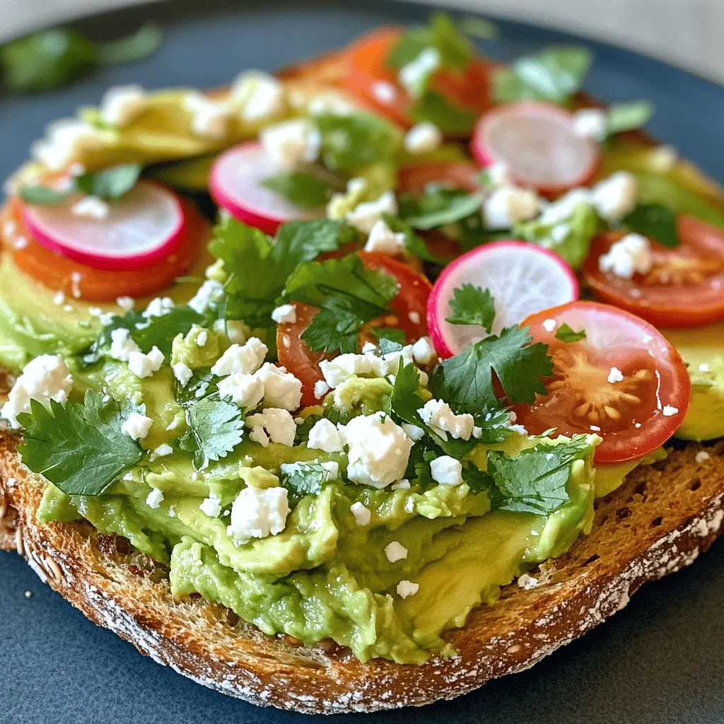 To create the perfect smashed avocado toast, gather these fresh and simple ingredients: - 2 ripe avocados - 4 slices of whole-grain bread - 1 small red onion, finely chopped - 1 small jalapeño, deseeded and minced - 1 clove of garlic, minced - Juice of 1 lime - Salt and black pepper, to taste - 1/4 cup feta cheese, crumbled - 1/4 cup fresh cilantro or parsley, chopped - Optional toppings: sliced cherry tomatoes, thinly sliced radishes, or poached eggs Each ingredient plays its part in creating a delightful blend of flavors. The ripe avocados provide a creamy base, while the lime juice adds a refreshing twist. The red onion and jalapeño introduce savory and spicy notes. Feta cheese offers a salty kick, and the herbs bring a burst of freshness. You can customize your toast with optional toppings for extra flair. For the full recipe, check out Smashed Avocado Toast Surprises. This dish is not just tasty; it’s a great way to enjoy nutritious ingredients in a fun way. To start, place your slices of whole-grain bread in a toaster or on a grill. Toast them until they turn golden brown. This usually takes about 3-5 minutes. Keep an eye on them to avoid burning. Once done, set the toasts aside on a cooling rack. This helps keep them crispy. A good toast gives a nice crunch to the dish! Next, grab your ripe avocados. Cut them in half and remove the pit. Use a spoon to scoop the creamy flesh into a mixing bowl. Add minced garlic, chopped red onion, and minced jalapeño. Squeeze in the juice of one lime. Season with salt and black pepper. Now, take a fork and mash the mixture. You can make it as smooth or chunky as you like. Taste it and adjust the seasoning if needed. This is your chance to make it perfect! Now comes the fun part—assembly! Take your toasted bread and spread a generous layer of the avocado mixture on top. Make sure each slice gets plenty of flavor. Next, sprinkle crumbled feta cheese over each toast. Then, add freshly chopped cilantro or parsley for a pop of color. If you want to get creative, top with sliced cherry tomatoes, radishes, or a poached egg. Each addition adds unique flavor and texture. For the complete experience, check out the Full Recipe for more details! To create the perfect smashed avocado, you can blend it to your liking. If you want a smooth texture, mash the avocado well with a fork. For a chunkier version, just mash it lightly. You can also leave some small pieces for added bite. Adding a bit of lime juice can help keep the texture fresh and vibrant. Seasoning is key to delicious smashed avocado toast. I recommend adding salt and black pepper for balance. You can also spice things up with crushed red pepper flakes for heat. Fresh herbs like cilantro or parsley add a nice touch. Consider adding garlic powder or onion powder for depth. Experiment with flavors to find what you enjoy most. Serving your smashed avocado toast beautifully makes it more appealing. Arrange the toasts on a wooden board for a rustic look. Top each toast with crumbled feta cheese for color and flavor. You can also garnish with extra herbs for freshness. A sprinkle of chili flakes or a drizzle of balsamic glaze can elevate the dish even more. Remember to serve it warm for the best experience! {{image_4}} You can use many types of bread for smashed avocado toast. Whole-grain bread is a great choice, but don't stop there! Here are some fun alternatives: - Gluten-free bread: Perfect for those who need to avoid gluten. - Sourdough: This adds a nice tangy flavor and chewy texture. - Rye bread: It gives a hearty taste that pairs well with avocado. - Bagels: Toasted bagels make a filling option for breakfast. Want to spice up your avocado mix? Here are ideas for tasty add-ins: - Cumin: This spice adds warmth and depth to the flavor. - Chili flakes: For a bit of heat, sprinkle some chili flakes. - Lemon zest: A touch of lemon zest brightens the taste. - Herbs: Try mixing in fresh basil or dill for a fresh twist. Toppings can take your smashed avocado toast to the next level. Here are some ideas: - Fried egg: A sunny-side-up egg adds creaminess and protein. - Smoked salmon: This adds a rich, savory flavor that is hard to beat. - Roasted red peppers: They give a sweet, smoky taste to each bite. - Pickled onions: These add a tangy crunch that brightens the dish. For the full recipe, check out Smashed Avocado Toast Surprises. To keep your leftover avocado mixture fresh, use these best practices: - Use an airtight container: This helps to limit air exposure, which causes browning. - Add lime juice: Squeeze extra lime juice into the mixture. The acidity slows down browning. - Press plastic wrap against the surface: This minimizes air contact with the mixture. Store it in the fridge. It’s best to eat within a day or two for the best flavor and texture. When it comes to storage, you have options for your toasts: - Separate components: It’s best to store the avocado mixture and toast separately. This keeps the bread crisp. - Assembled toasts: If you must, you can store assembled toasts. However, expect sogginess. For best results, prepare the toast fresh when ready to eat. Reviving your toasted bread can bring it back to life: - Oven method: Preheat your oven to 350°F (175°C). Place the bread on a baking sheet. Heat for about 5-10 minutes until warm and crispy. - Toaster method: You can also pop the bread back in the toaster briefly. This can restore some crunch. Avoid microwaving; it will make the bread chewy. Enjoy your crispy toast with your smashed avocado mixture! To keep your avocado fresh, use lime juice. The acid slows browning. Store it in an airtight container. Press plastic wrap directly on the surface. You can also add onion. The sulfur in onion helps delay browning. You can prepare the avocado mixture ahead. Store it in the fridge for up to one day. However, the toast should be made fresh. Toasting bread in advance makes it soggy. If you must, toast and store bread in a sealed bag. Just reheat it in the toaster when ready. Avocados are rich in healthy fats. They contain monounsaturated fats, which are good for your heart. They also have fiber, which aids digestion. Avocados are high in vitamins like E, K, and C. These vitamins support skin health and boost immunity. Plus, they provide potassium, which helps regulate blood pressure. Pair your toast with a fresh salad. A simple mixed greens salad works well. You can also serve it with eggs. Poached or scrambled eggs add protein. For drinks, try a bright smoothie or fresh juice. A cup of green tea is also refreshing. Yes, smashed avocado toast is vegan if you skip feta cheese. You can add other toppings like tomatoes or radishes. If you include feta, it becomes vegetarian. Either way, it’s a healthy choice for plant-based diets. Enjoy the flavors and textures! Making smashed avocado toast is easy and fun. We covered the best ingredients, step-by-step advice, and tips for great flavor and texture. There are also many ways to change the recipe to suit your taste. Remember to store any leftovers properly to keep them fresh for next time. Whether you enjoy it for breakfast or a snack, this dish is healthy and tasty. Dive in and enjoy every delicious bite of your creation!