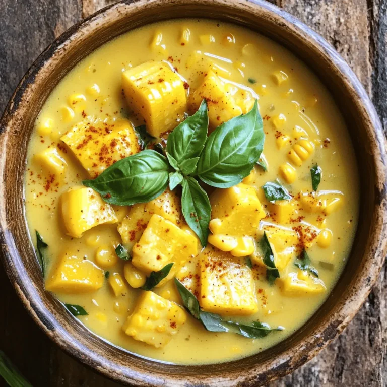 To make this chowder, gather these fresh items: - 2 medium summer squashes, diced into bite-sized pieces - 1 cup fresh corn kernels (can substitute with frozen if necessary) - 1 medium onion, finely chopped - 2 cloves garlic, minced - 1 large potato, peeled and diced into small cubes - 4 cups vegetable broth - 1 cup coconut milk - 1 teaspoon smoked paprika - 1 teaspoon dried thyme (or 1 tablespoon fresh thyme) - Salt and pepper, to taste - 2 tablespoons extra virgin olive oil - Fresh basil leaves, for garnish You can change some ingredients based on what you have. Try these swaps: - Use zucchini instead of summer squash for a similar taste. - If you don’t have fresh corn, frozen corn works great. - Swap coconut milk with almond milk if you want a lighter option. - For a thicker chowder, add more potatoes or use a starchy potato. - You can replace vegetable broth with chicken broth for a different flavor. This chowder shines in summer but can adapt to other seasons. Try these ideas: - In fall, add diced carrots or sweet potatoes for a sweet twist. - In winter, use frozen corn and root vegetables for a cozy feel. - In spring, mix in fresh herbs like dill or parsley for bright flavors. - Use different types of squash, like butternut, for a unique taste. 1. Start by heating two tablespoons of extra virgin olive oil in a large pot over medium heat. When the oil shimmers, it’s ready. 2. Add one finely chopped medium onion to the pot. Sauté it for about 4-5 minutes until it turns soft and clear. 3. Next, toss in two minced garlic cloves. Cook for another minute, stirring often. Watch closely, as garlic can burn quickly. 4. Now, add two medium summer squashes, diced, and one large potato, also diced. Stir them in and cook for 5 minutes. This helps to soften the veggies. 5. Stir in one cup of fresh corn kernels, four cups of vegetable broth, one teaspoon of smoked paprika, and one teaspoon of dried thyme. Season with salt and pepper. 6. Bring your mix to a boil, then lower the heat to a gentle simmer. Let it bubble for about 20 minutes until all the vegetables are tender. 7. After the veggies soften, stir in one cup of coconut milk. Cook for an additional 5 minutes to combine the flavors. 8. For blending, use an immersion blender to reach your preferred texture. If you don’t have one, blend half the chowder in a regular blender, then mix it back in. - Always check your vegetables for tenderness. They should easily pierce with a fork. - Avoid rushing the simmering step. It allows the flavors to meld together beautifully. - If you want a thicker chowder, simmer it a bit longer until it reduces. - For a smooth chowder, blend until you have a creamy texture. If you prefer some chunks, blend only half. - An immersion blender is great for convenience. It keeps your pot clean and makes blending easy. - If using a regular blender, be careful with hot liquids. Blend in small batches to prevent spills. This method gives you a rich, savory summer squash and corn chowder that bursts with flavor. For the full recipe, check the earlier section. To make your chowder sing, focus on fresh ingredients. Use ripe summer squash and sweet corn for the best taste. Smoked paprika adds a warm, rich flavor. Fresh herbs like basil or thyme brighten the dish. Don’t skip the salt; it brings out the natural sweetness in the corn. Experiment with spices like cayenne for a kick or lemon zest for brightness. One common mistake is overcooking the garlic. It can turn bitter if cooked too long. Also, avoid adding too much liquid at once. This can dilute the flavors. Make sure to taste as you cook. Adjust the seasoning to your liking. Lastly, don’t forget to blend to your desired texture. A smooth chowder can feel different than a chunky one. Serve your chowder hot for the best taste. Ladle it into warm bowls and top with fresh basil. A swirl of coconut milk adds a nice touch. Pair the chowder with crusty bread or a fresh salad. It makes a complete meal. For a fun twist, add croutons for crunch. If you want a side, try grilled veggies or a corn salad. For the full recipe, check out Sunny Summer Squash & Corn Chowder . {{image_4}} This chowder is naturally gluten-free! The main ingredients like summer squash, corn, and broth do not contain gluten. Always check the broth label to ensure it is gluten-free. If you prefer, you can use a gluten-free thickener, like cornstarch, to enhance the chowder's texture. To keep this chowder dairy-free, I use coconut milk. It adds creaminess without dairy. If you want a different flavor, try almond milk or oat milk. These options work well, too. Just ensure that they are unsweetened to avoid odd flavors in your chowder. To make your chowder heartier, consider adding proteins. Cooked chicken or shrimp can elevate the dish. For a vegetarian option, add white beans or chickpeas. They blend nicely with the flavors and boost nutrition. Just stir them in during the last few minutes of cooking. This way, they heat through without losing texture. If you want a smoky touch, try adding diced bacon or ham. Cook these first, remove them, and then add them back in later. This adds depth to your chowder. For the full recipe, check out the Sunny Summer Squash & Corn Chowder. After making your chowder, let it cool down. Transfer it to an airtight container. Store it in the fridge for up to three days. Ensure the lid is tight to keep out air. This helps maintain freshness and flavor. To freeze your chowder, let it cool completely. Pour it into a freezer-safe container, leaving space at the top for expansion. Seal it tightly. You can freeze chowder for up to three months. Write the date on the container to keep track. When you're ready to eat, thaw the chowder in the fridge overnight. Heat it gently in a pot over low heat. Stir often to prevent sticking. You might need to add a splash of broth or coconut milk to restore its creamy texture. Enjoy it hot! For a quick fix, you can microwave individual portions. Just cover with a lid to avoid splatters. Yes, you can use frozen corn. Frozen corn works well in this recipe. It saves time and is easy to find. Just add it directly to the pot with the other ingredients. Frozen corn blends nicely and tastes great too. This chowder lasts about 3 to 4 days in the fridge. Store it in a sealed container. Make sure it cools down before putting it in the fridge. If you want to keep it longer, freeze it for up to 3 months. You can serve chowder with crusty bread or a fresh salad. A simple green salad adds crunch and freshness. Grilled cheese sandwiches also pair well. They make a classic, comforting meal together. Try these options for a satisfying meal with your chowder. For the full recipe, check out the Sunny Summer Squash & Corn Chowder. This blog post covers all you need for perfect Summer Squash and Corn Chowder. We explored the ingredients, cooking steps, and useful tips. You learned about variations like gluten-free and protein add-ins. We discussed storage options and answered common questions. Cooking can be simple and fun. Use these tips to make a tasty chowder. Enjoy cooking and sharing this dish with friends and family!