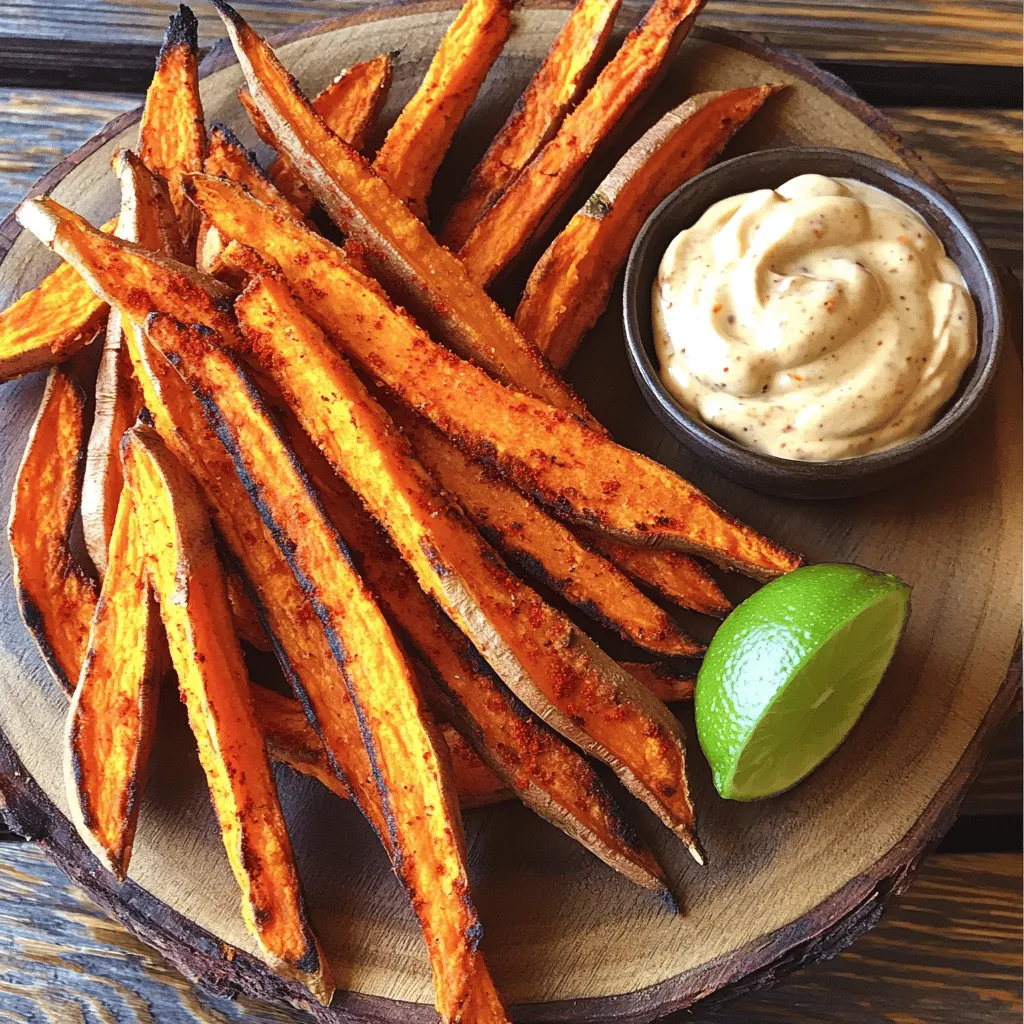 - Preheat the oven to 425°F (220°C). - Slice the sweet potatoes into fries. - In a bowl, mix sweet potatoes with oil and spices. - Use smoked paprika, garlic powder, and cayenne pepper. - Add sea salt and black pepper to taste. - Spread the fries in a single layer on a baking sheet. - Ensure they are not crowded for crispiness. - Bake for 20-25 minutes. - Flip the fries halfway through with a spatula. - Look for a golden brown color and crispy texture. - In a small bowl, combine mayonnaise and chipotle peppers. - Add fresh lime juice and minced garlic. - Mix well until smooth and creamy. - Taste and adjust seasoning as needed. For the full recipe, check the detailed instructions. To get crispy sweet potato fries, proper spacing is key. When you lay the fries on the baking sheet, make sure they don’t touch. This helps hot air circulate and crisps them up well. Coating your fries with oil is also important. Use just enough oil to lightly coat each fry. Too much oil can make them soggy. For seasoning, mix smoked paprika, garlic powder, and salt well. Toss the fries in the spices until they are all covered evenly. Adjusting spice levels in your chipotle mayo is easy. If you want more heat, add extra chipotle peppers. For less heat, use just one pepper or even half. Taste the mayo as you go, so it matches your spice preference. For storage, keep your homemade mayo in a sealed container in the fridge. It lasts about one week. If you want to save it longer, consider freezing it in ice cube trays. This method lets you use small amounts later. For the full recipe, refer to the main article section. {{image_4}} You can change the flavor of your sweet potato fries with different spices. Here are some fun options: - Cajun Spice Mix: Add cayenne, paprika, and garlic for a kick. - Italian Blend: Mix dried oregano, basil, and garlic powder for a herbaceous twist. - Sweet Cinnamon Dust: Combine cinnamon and a bit of brown sugar for a sweet treat. For toppings, consider: - Parmesan Cheese: Sprinkle grated cheese on hot fries. - Fresh Herbs: Add parsley or cilantro for a fresh touch. - Chili Flakes: If you like heat, sprinkle chili flakes before serving. You can easily adjust this recipe for different diets. Here’s how: - Gluten-Free: Sweet potatoes are naturally gluten-free. Just ensure your spices are too! - Vegan Substitutes for Mayonnaise: Use vegan mayo or make your own with silken tofu and lemon juice. These options make the dish fit for everyone. Your sweet potato fries can be both tasty and inclusive! To keep your sweet potato fries fresh, store them in the fridge. Place the fries in an airtight container. They can last for 3 to 5 days. If you want to keep them longer, freeze them. Spread the fries on a baking sheet and freeze for a few hours. Then, transfer the fries to a freezer bag. This helps them stay crispy. When it's time to reheat, use the oven. Preheat it to 400°F (200°C). Spread the fries on a baking sheet. Bake them for about 10 to 15 minutes. This will help them regain their crunch. You can also use an air fryer for even better results. Fry them at 375°F (190°C) for about 5 to 8 minutes. Chipotle mayo lasts about a week in the fridge. Store it in a sealed container. Always give it a good stir before using. If you have extra mayo, you can freeze it. Use ice cube trays to freeze small amounts. Once frozen, transfer the cubes to a freezer bag. This way, you can thaw just what you need. For best flavor, use the mayo within 3 months of freezing. Just remember to thaw it in the fridge overnight before using. You can also blend it again for a smooth texture. Yes, you can! Air fryers give fries a crispy finish. Here are some tips for air fryer preparation: - Preheat your air fryer to 400°F (200°C). - Toss your sweet potato fries with olive oil and spices like smoked paprika. - Place fries in a single layer in the air fryer basket. - Cook for about 15-20 minutes, shaking the basket halfway through. - Check for crispiness before serving. There are many tasty sauces you can try! Here are some other sauce recommendations: - Garlic aioli for a creamy touch. - Spicy ketchup for a tangy kick. - Honey mustard for a sweet and savory blend. - Ranch dressing for a cool dip. - Sriracha mayo for extra heat. Look for these signs of doneness for optimal texture: - The fries should be golden brown and crispy on the outside. - They should feel tender when you poke them with a fork. - A slight crunch will tell you they are ready. Keep an eye on them, especially in the last few minutes of baking! For the full recipe, you can check the earlier section. Enjoy your cooking! This blog post covered making delicious sweet potato fries and chipotle mayo. You learned about the key ingredients, step-by-step instructions, and helpful tips for the best results. I shared variations and storage info to keep your fries fresh. Remember, with the right techniques, you can achieve crispy fries and flavorful mayo. Enjoy experimenting with different spices and toppings. Cooking should be fun and tasty, so get creative in your kitchen!