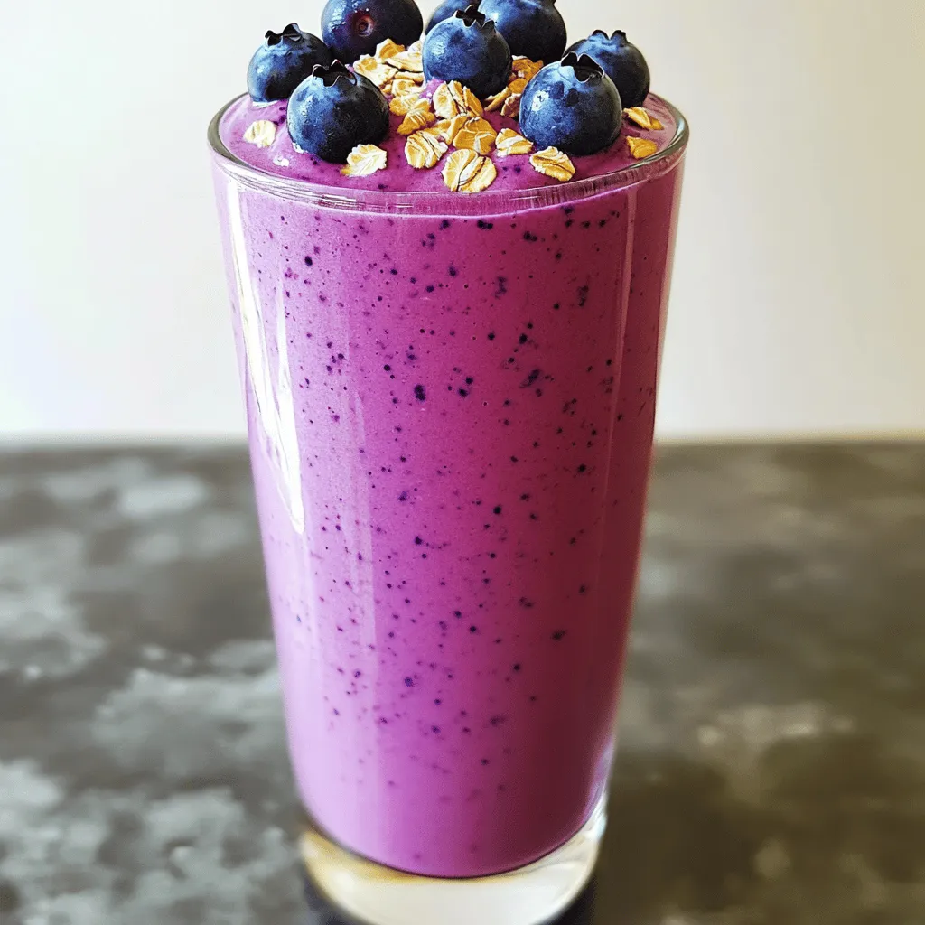 To make a Blueberry Muffin Smoothie, you’ll need some simple and fresh ingredients. This smoothie brings together the taste of blueberry muffins in a healthy drink. Here is what you need: - 1 cup fresh or frozen blueberries - 1 ripe banana, sliced - 1/2 cup rolled oats - 1/2 cup creamy Greek yogurt - 1 cup almond milk (or your preferred milk) - 1 tablespoon honey or maple syrup (optional for added sweetness) - 1 teaspoon pure vanilla extract - 1/2 teaspoon ground cinnamon - A pinch of sea salt Each ingredient has a role. Blueberries give a sweet, fruity flavor. The banana adds creaminess and natural sweetness. Rolled oats make the smoothie filling and add fiber. Greek yogurt contributes protein and richness. Almond milk keeps it light and smooth. Honey or maple syrup can boost sweetness, but they are optional. Vanilla extract adds warmth, while cinnamon gives a cozy touch. The sea salt enhances all the flavors. These ingredients come together for a delicious treat. For the full recipe, check out the detailed instructions. Enjoy making this delightful smoothie! In a high-speed blender, combine the main ingredients: - 1 cup fresh or frozen blueberries - 1 ripe banana, sliced - 1/2 cup rolled oats - 1/2 cup creamy Greek yogurt - 1 cup almond milk (or your preferred milk) Add sweeteners and spices: - 1 tablespoon honey or maple syrup (optional) - 1 teaspoon pure vanilla extract - 1/2 teaspoon ground cinnamon - A pinch of sea salt Blend all the ingredients on high speed until smooth and creamy. If your smoothie seems too thick, add a splash more almond milk. Blend again to reach your desired consistency. Taste the smoothie. If it needs more sweetness, add a bit more honey or maple syrup and blend briefly. Pour the smoothie into a tall glass or bowl. For a lovely presentation, top it with extra blueberries, a sprinkle of rolled oats, and a light dusting of cinnamon. Serve in a clear glass to show off the vibrant blue color. This makes your drink look as good as it tastes. Enjoy your Blueberry Muffin Smoothie! To make your Blueberry Muffin Smoothie burst with flavor, start with sweeteners. You can add honey or maple syrup if you like it sweet. Use these sparingly. You can always add more later. Spices play a big part too. Ground cinnamon adds depth. A pinch of nutmeg can give that muffin vibe. Always use fresh spices for the best taste. For quality, choose ripe fruits. Look for blueberries that are firm and plump. Fresh bananas should have a few brown spots. This means they are sweet and ready to use. Greek yogurt should be creamy and rich. Check the labels for no added sugar. Smoothie consistency can change the whole experience. If you want a thicker smoothie, add more oats or yogurt. You can also use frozen blueberries. They make the smoothie thick and cold. For a thinner texture, add more almond milk. Blend it in slowly to find the right mix. If your smoothie is too thick, just splash in more milk. Frozen ingredients can enhance your drink. They keep everything cool and creamy. Fresh ingredients work well too, especially for bright flavors. Try blending both. It's a nice way to enjoy the best of both worlds. For the full recipe, follow the steps carefully to create your perfect Blueberry Muffin Smoothie! {{image_4}} You can switch up some ingredients in your Blueberry Muffin Smoothie. If you want a dairy-free option, use coconut yogurt or almond yogurt. These options taste great and keep the smoothie creamy. For milk, try oat milk or soy milk instead of almond milk. They both work well and add unique flavors. If you need more protein, add a scoop of protein powder. It blends easily and keeps you full longer. Nut butter is also a great choice. Just a tablespoon of almond or peanut butter can make the smoothie richer and more satisfying. You can get creative with flavors by adding more fruits. Strawberries, raspberries, or even a handful of spinach can boost your smoothie. Each fruit brings its own taste and nutrients. You can also try spices. A dash of nutmeg or ginger can add warmth and depth. Don’t forget about extracts! You can swap vanilla for almond extract for a new twist. Or, add a few drops of lemon juice for a fresh zing. These small changes can make your smoothie exciting every time you blend. Check the [Full Recipe] for the base ingredients to get started! To keep your leftover smoothie fresh, pour it into an airtight container. This helps prevent oxidation and keeps it tasty. You can store it in the fridge for up to two days. However, for the best flavor and texture, drink it within 24 hours. If you want to save your smoothie for later, freezing is a great option. First, pour the smoothie into ice cube trays or freezer-safe bags. This way, you can grab small portions when you want a quick treat. When ready to enjoy, take out the amount you want and thaw it in the fridge overnight. You can also blend it again for a smooth texture. Enjoy your Blueberry Muffin Smoothie any time you crave it. For the full recipe, check back to the main section! Yes, you can use frozen blueberries. They add a nice chill to your smoothie. Frozen blueberries also save time. You won't need to wash or pick through them. They blend well and keep the smoothie cool. Plus, they are often picked at peak ripeness, which means they taste great! Making this smoothie vegan is easy. Just swap Greek yogurt for coconut yogurt. Almond milk works perfectly as your milk choice. If you want sweetness, use maple syrup instead of honey. These changes keep your smoothie creamy and delicious while being plant-based. Get creative with toppings! Besides blueberries and oats, try sliced bananas or strawberries. A sprinkle of chia seeds adds extra crunch. You can also add shredded coconut for a tropical twist. Nuts or seeds offer nice texture and flavor too. Mix and match to find your favorite combination! This blog post guided you through making a delicious smoothie. We covered the key ingredients, blending tips, and serving ideas. I shared ways to enhance flavor and adjust consistency. You also learned about ingredient substitutions and how to store extras. Remember, smoothies can be fun to customize. Try new fruits and spices. Enjoy your smoothie journey!