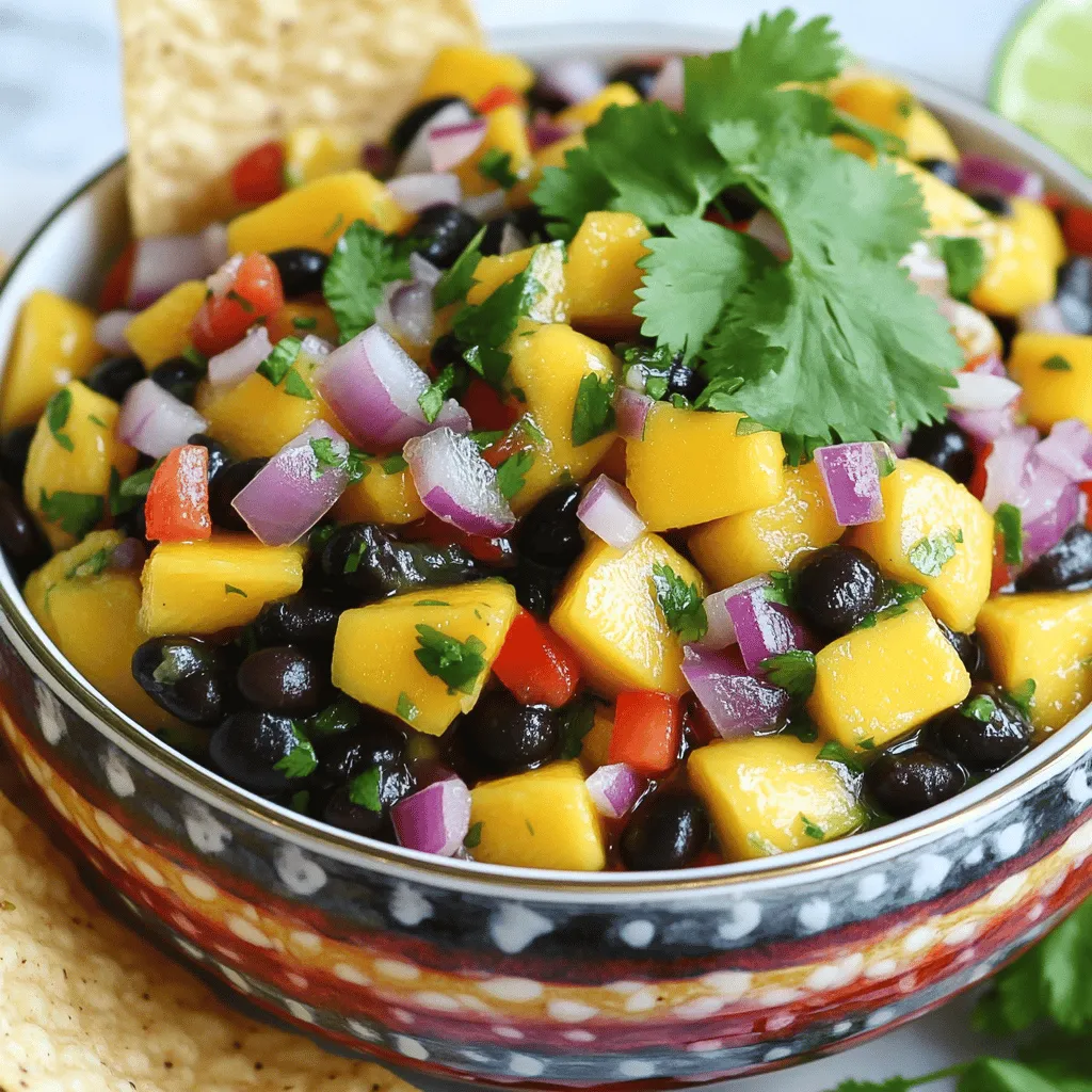 - Ripe mango, diced - Canned black beans, rinsed and drained - Red bell pepper, finely chopped - Medium red onion, finely chopped - Jalapeño pepper, seeded and minced - Fresh cilantro leaves, roughly chopped - Lime juice - Extra virgin olive oil - Salt and black pepper Gathering fresh ingredients is essential for great flavor. Choose a ripe mango. It should be slightly soft when pressed. The black beans should be canned, rinsed, and drained for a quick option. The red bell pepper adds sweetness and color. Finely chop it for even bites. The red onion gives a mild zing. Mince the jalapeño for just the right kick. If you want less heat, skip the jalapeño seeds. Fresh cilantro brings brightness to the dish. Use plenty for a fresh taste. Lime juice adds a tangy zing. Extra virgin olive oil gives richness. Lastly, season with salt and black pepper to taste. - Caloric content per serving: Approximately 100 calories - Macronutrient breakdown: - Carbohydrates: 18g - Protein: 5g - Fat: 2g - Fiber: 6g This salsa is not just tasty; it's also healthy! Each serving is low in calories but high in fiber and flavor. Enjoy this salsa guilt-free with your favorite snacks. Use the Full Recipe for more details on making this vibrant dish. How to properly dice a mango Start by washing the mango. Hold the mango upright. Cut down along the pit on both sides. You will have two large pieces. Take each piece and score it with a knife in a grid pattern, but do not cut through the skin. Push the skin inside out to pop out the cubes. Now, simply slice the cubes off with your knife. Rinsing and draining black beans Open the can of black beans. Pour the beans into a colander. Rinse them under cold water. This removes extra sodium and helps maintain flavor. Let them drain well before adding to your salsa. Step-by-step assembly of ingredients In a large bowl, combine the diced mango and black beans. Next, add the finely chopped red bell pepper and red onion. This adds crunch and color. Stir in the minced jalapeño and chopped cilantro for freshness. Importance of gentle folding techniques When mixing, use a spatula to fold the ingredients gently. This keeps the mango cubes intact. Mixing too hard can mash them. You want a nice, colorful salsa that looks great in the bowl. Covering and resting the salsa Once mixed, cover the bowl with plastic wrap or a lid. This helps the salsa stay fresh. It also keeps the flavors from escaping. Duration and importance of marination for taste Let the salsa rest at room temperature for at least 15 minutes. This time allows the flavors to blend. The lime juice pulls everything together. The longer it sits, the better it tastes! Using fresh lime juice makes a big difference. Bottled juice lacks the bright taste of fresh. Squeeze your limes right before mixing for the best flavor. Jalapeño offers a nice kick, but you can adjust spice levels. If you want mild heat, remove the seeds. For more heat, add extra minced jalapeño to the mix. Choose a colorful bowl for serving. A bright dish can make the salsa pop! Garnish with fresh cilantro leaves. This adds a nice touch and some color. Serve with crispy tortilla chips. They pair well and are fun to dip. You can also try it with tacos or grilled meats. Use an airtight container to store leftover salsa. This keeps it fresh longer. You can keep it in the fridge for about 3 days. The flavors will blend, but the salsa stays tasty. Just remember to give it a gentle stir before serving again. For longer storage, you can freeze it. But the texture may change when thawed. Enjoy the Full Recipe for more tips! {{image_4}} You can swap out mango for other fruits. Pineapple brings a sweet kick. Peaches add a soft texture. You can even try papaya for a fun twist. Each fruit changes the salsa's taste and feel. Exploring different bean types can also be fun. Use kidney beans for a bolder flavor. Chickpeas add a creamy texture. Each bean adds its own charm, making the salsa your own. If you want to make it vegan, you’re in luck! This salsa is already plant-based. Just double-check your olive oil. For gluten-free needs, this recipe fits perfectly. No changes are necessary. Want to spice things up? Add cumin or smoked paprika. These spices give your salsa a unique flavor. You can also try fresh herbs like mint or basil for a fresh touch. For a tropical version, add diced kiwi or strawberries. These fruits bring a bright color and flavor. It’s perfect for summer BBQs or beach parties. When serving at gatherings, use a big bowl. This invites guests to dig in. Pair it with colorful tortilla chips for a fun vibe. You can also place it next to grilled meats for a tasty meal. Check out the Full Recipe for more ideas! Mango black bean salsa shines when served with crunchy tortilla chips. The sweet and savory mix feels fresh with every bite. You can also serve it alongside grilled meats or fish. The cool salsa contrasts perfectly with hot, smoky flavors. For appetizers, a small bowl of salsa is perfect. This size allows guests to enjoy it without filling up too soon. If you're serving it as a main dish, use a larger bowl. You can even make it a centerpiece for a colorful salad, mixing greens with the salsa for added texture and taste. You can add mango black bean salsa to tacos or burritos for a fun twist. It brings color and flavor to any filling. For breakfast or brunch, try it on eggs or in a breakfast burrito. The sweetness of the mango pairs well with savory foods, making every meal exciting. For the full recipe, check out the Tropical Mango Black Bean Fiesta Salsa. What else can I add to Mango Black Bean Salsa? You can add corn for sweetness. Chopped avocado adds creaminess. Diced tomatoes give extra color. You might also try mango pairs well with pineapple. Can I make this salsa ahead of time? Yes, you can make it ahead. Just keep it in the fridge. The flavors blend well over time. How long will the salsa last in the refrigerator? It lasts about three days. After that, it may lose flavor. Always check for freshness before eating. Can I freeze Mango Black Bean Salsa? Freezing is not ideal. The texture changes when thawed. Fresh salsa tastes much better than frozen. How to best serve for parties? Serve it in a bright bowl. Add tortilla chips for crunch. You can also use it as a topping for grilled meats. What drink pairs well with this dish? A light, cold beer works great. You can also enjoy it with a lime margarita. Fresh lemonade is another refreshing option. Is this recipe healthy? Yes, it is very healthy. It’s full of vitamins and fiber. The beans provide protein, and mango is rich in antioxidants. How can I make it lower in calories? You can use less olive oil. Try cutting back on the mango too. This salsa is still tasty, even with fewer ingredients. For the full recipe, check out the Tropical Mango Black Bean Fiesta Salsa! In this post, we explored a vibrant Mango Black Bean Salsa. We covered ingredients like ripe mango, black beans, and fresh herbs. I shared step-by-step instructions for preparation, mixing, and marinating to enhance flavor. You learned tips for presentation, storage, and variations to suit your taste. This salsa is versatile and great for any occasion. Remember, good food brings joy. Try this recipe and enjoy it with friends and family.
