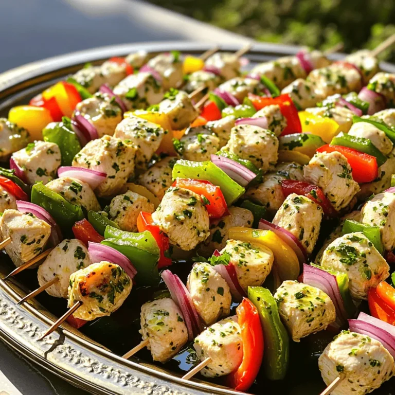 For my easy Greek chicken skewers, I use simple, fresh ingredients. The main star is: - 1.5 lbs boneless, skinless chicken breasts, cut into 1-inch cubes - 3 tablespoons olive oil - Zest and juice of 1 large lemon These ingredients create a tasty marinade. The chicken absorbs all the flavors from the olive oil and lemon. Adding colorful veggies makes these skewers even better. I like to include: - 1 red bell pepper, cut into 1-inch pieces - 1 green bell pepper, cut into 1-inch pieces - 1 red onion, cut into wedges The bell peppers and onion not only add flavor but also make the skewers look great. The right herbs and spices elevate the dish. I use: - 2 teaspoons dried oregano - 2 teaspoons garlic powder - 1 teaspoon onion powder These herbs and spices bring a classic Greek taste. They are simple yet powerful. For the full recipe, check out the details in the recipe section. To make the marinade, mix olive oil, lemon zest, lemon juice, oregano, garlic powder, onion powder, paprika, salt, and pepper in a large bowl. This blend creates a bright and zesty flavor. Each ingredient plays a role, enhancing the chicken's taste. Marinating the chicken is crucial. Let it sit for at least 30 minutes or up to 2 hours. This time allows the flavors to soak in, making your skewers delicious. Before you start grilling, prepare the skewers. If you use wooden skewers, soak them in water for 30 minutes. This step helps prevent burning on the grill. Once soaked, you can thread the chicken and vegetables onto the skewers. Alternate chicken cubes with pieces of red and green bell peppers and red onion. This mix not only looks great but also adds flavor and color. Now it's time to grill! Preheat your grill to medium-high heat. This temperature ensures the chicken cooks evenly. Once the grill is hot, place the skewers on it. Cook them for about 10-12 minutes. Turn the skewers occasionally. You want to make sure the chicken reaches an internal temperature of 165°F (75°C). This step guarantees juicy and safe-to-eat skewers. After grilling, let them rest for a few minutes before serving. This helps the juices stay inside the meat, making each bite tender. For the complete recipe, check out the [Full Recipe]. To boost flavor, marinate your chicken for at least 30 minutes. For deeper taste, try to marinate for up to 2 hours. This allows the spices to soak in well. If you want to add some heat, consider adding red pepper flakes or a dash of cayenne pepper to your marinade. You could also use fresh herbs like thyme or rosemary for a unique twist. You can cook these skewers by grilling, broiling, or baking. Grilling gives a nice char, while broiling cooks them quickly under direct heat. Baking is great for easy indoor cooking. No matter the method, check for doneness by using a meat thermometer. The chicken should reach an internal temperature of 165°F (75°C) to ensure it's safe to eat. For a beautiful presentation, arrange the skewers neatly on a large platter. Drizzle them with extra olive oil for shine. Sprinkle fresh herbs like parsley on top to add color. Serve with tzatziki sauce and warm pita on the side for an inviting meal. These simple touches make your dish look gourmet and appeal to every guest. {{image_4}} You can easily make this dish vegetarian. Swap the chicken for firm tofu or hearty veggies. Tofu absorbs flavor well. Just marinate it like the chicken. You can use mushrooms, zucchini, or eggplant for a tasty twist. These options keep the dish light yet full of flavor. A yogurt-based marinade adds creaminess and tang. Mix plain yogurt with lemon juice and herbs for a new taste. You can also try using different herbs and spices. Basil, thyme, or rosemary can change the flavor profile. Experiment with your favorite seasonings to make each batch unique. Pair these skewers with a fresh Greek salad. The crunch of cucumbers and the bite of feta cheese complement the skewers. You can also serve them with warm pita bread. A side of tzatziki sauce adds a creamy touch. For a complete meal, add rice or quinoa to round it out. Enjoy exploring these variations! To store your Greek chicken skewers, place them in an airtight container. This keeps them fresh. Put the container in the fridge. The skewers last for about 3 to 4 days. If you want to keep them longer, freezing is a great option. You can freeze the skewers either before or after cooking. If freezing before cooking, marinate the chicken first. Place the marinated chicken and veggies on skewers, then wrap them in plastic wrap and foil. This method helps keep the flavors. If you freeze after cooking, let them cool down first. Then store in an airtight container. Frozen skewers can last for 2 to 3 months. To reheat your skewers, the oven is best. Preheat it to 350°F (175°C). Place the skewers on a baking sheet and cover with foil. This keeps the chicken moist. Heat for about 15 to 20 minutes. If you want a quicker method, use a microwave. Just be careful not to overheat. This can make the chicken dry. Enjoy your leftovers like they are fresh! For the full recipe, check out the earlier sections. Marinate chicken for at least 30 minutes, but 2 hours is best. This time lets the flavors soak in well. If you have time, overnight marination will make it even tastier. Yes, you can make the skewers ahead of time. Assemble them and wrap them with plastic wrap. Store them in the fridge for up to 24 hours before grilling. Just remember to soak wooden skewers first if you use them. You can use gas or charcoal grills. Gas grills heat up fast and allow for easy temperature control. Charcoal grills give your skewers a nice smoky flavor. Both work well, so choose what you prefer. Check the internal temperature. It should reach 165°F (75°C) for safe eating. You can also look for clear juices when you cut into the chicken. If the juices are pink, it needs more time. Greek chicken skewers are simple and tasty. We discussed the key ingredients, like chicken and vegetables, and how to marinate them for best flavor. I shared tips for grilling, storing leftovers, and variations for a fun twist. Cooking these skewers can be easy and rewarding. Remember, marination is key, and presentation matters. Enjoy making this dish; it's flavorful and satisfying for everyone at your table. Now, gather your ingredients and start skewering your way to a delicious meal!