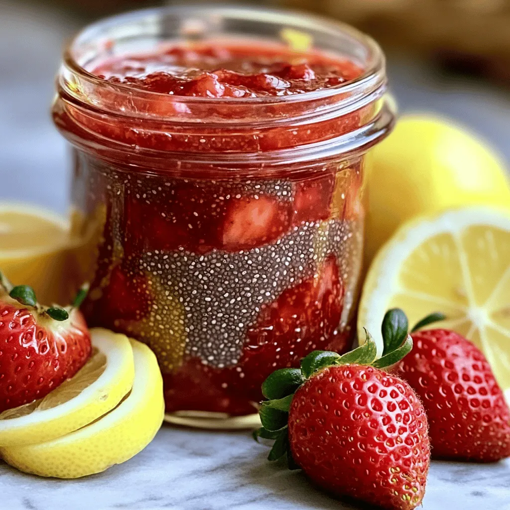 For this recipe, you need 2 cups of fresh strawberries. Make sure they are ripe and sweet. Rinse them well, hull, and halve them. Fresh berries give the best taste and texture. Use 1/4 cup of honey or maple syrup. Both sweeteners add natural sweetness. Honey gives a floral note, while maple syrup adds a rich flavor. Choose what you like best. You will need 2 tablespoons of chia seeds. These tiny seeds are special! They absorb water and expand, making the jam thick and creamy. They also add healthy fiber and omega-3s. Add 1 tablespoon of fresh lemon juice. This brightens the flavor of the jam. It balances the sweetness and adds a tangy twist. Fresh juice is always better than bottled. You might want a pinch of salt. It enhances all the flavors. If you like it sweeter, feel free to add more honey or maple syrup. It's all about your taste! For the full recipe, check out the instructions to create your own strawberry chia seed jam! To start, wash 2 cups of fresh strawberries. Remove the green tops and cut each berry in half. This helps them cook down faster. Place the halved strawberries in a medium saucepan. Set the saucepan over medium heat. Add 1/4 cup of honey or maple syrup to the strawberries. Stir gently to coat them well. Cook for about 5-7 minutes. You want the strawberries to break down and bubble a bit. Once the strawberries are soft, take the pan off the heat. Use a fork or potato masher to mash them lightly. You want a chunky jam, so don't overdo it! Next, mix in 2 tablespoons of chia seeds, 1 tablespoon of fresh lemon juice, and a pinch of salt. Stir everything together well. Let the jam sit at room temperature for 10-15 minutes. During this time, the chia seeds will absorb the liquid and thicken the jam. Stir it a few times to keep it smooth. After it thickens, taste it. You can adjust the sweetness if needed. If you want it smoother, blend it briefly. When your jam is ready, transfer it to a clean, sterilized jar. Let it cool completely before sealing it with a lid. Store your strawberry chia seed jam in the fridge. It will stay fresh for up to two weeks. Enjoy it on toast, pancakes, or in yogurt bowls! For the full recipe, check the earlier section. To get the right texture for your jam, start by mashing the strawberries lightly. You want some small chunks for a nice feel. If you like it smoother, blend it briefly. The chia seeds help thicken it as they soak up the juice. After letting it sit for 10-15 minutes, check if it feels thick enough. If not, give it a little more time. Adjusting sweetness is simple. After mixing in the chia seeds, taste the jam. If you like it sweeter, add a little more honey or maple syrup. Remember, the flavor can change as it cools. So, do a final taste check before storing. A pinch of salt also helps balance the sweetness. After making your jam, store it in a clean jar. Let it cool fully before sealing. This helps avoid condensation, which can spoil the jam. Keep it in the fridge, where it stays fresh for about two weeks. If you want to keep it longer, consider freezing it in smaller portions. This way, you can enjoy it anytime! {{image_4}} You can easily swap strawberries for other berries. Blueberries, raspberries, or blackberries work great. Each berry brings its own flavor. Blueberries add sweetness, while raspberries offer a tart kick. Just use the same method from the full recipe. Adjust the sweetness if needed, as each berry has a different taste. Spices can enhance the flavor of your jam. Adding a teaspoon of vanilla makes your jam taste rich and warm. If you enjoy a hint of warmth, sprinkle in some cinnamon. Just a pinch can give your jam a cozy feel. Experiment with spices to find your favorite mix. If you prefer a sugar-free jam, you can use ripe bananas or applesauce. These natural sweeteners keep your jam delicious without added sugar. You can also try stevia or erythritol for a low-calorie option. Just remember to taste as you go. You want to find that perfect balance of flavor! To keep your strawberry chia seed jam fresh, store it in a clean jar with a tight lid. Place the jar in the fridge right after it cools. The cool temperature helps maintain the jam's flavor and texture. Always use a clean spoon when serving. This prevents bacteria from spoiling your jam. If you want to store your jam for a longer time, freezing is a great choice. Pour the jam into an airtight container or freezer-safe bag. Leave some space at the top, as the jam will expand when frozen. Label the container with the date so you remember when you made it. You can freeze it for up to six months! When stored in the fridge, your jam will last for about two weeks. If you freeze it, you can enjoy it for up to six months. Always check for any off smells or strange colors before using. If everything looks and smells good, you can enjoy that delicious strawberry chia seed jam anytime! Chia seed jam is a healthy spread made with fruit and chia seeds. Chia seeds absorb liquid and create a thick texture. This jam is simple to make and full of flavor. You can customize it with your favorite fruits, like strawberries. Strawberry chia seed jam lasts about two weeks in the fridge. Store it in a clean jar with a tight lid. Always check for any changes in smell or color before using it. Yes, you can use frozen strawberries! Just thaw them first before cooking. They may release more juice, so you might need to adjust the cooking time. The jam will still taste great and be just as healthy. Chia seeds are tiny but mighty! They are rich in fiber, protein, and omega-3 fatty acids. These nutrients can help with digestion and heart health. Chia seeds also provide energy and keep you feeling full longer. To adjust sweetness, try adding a ripe banana or a splash of vanilla extract. You can also mix in a bit of unsweetened applesauce. These options add natural sweetness without extra sugar. This blog post covered making delicious chia seed jam with fresh strawberries. I shared ingredients, step-by-step instructions, tips for the best texture, and variations for extra flavor. You learned the best storage methods to keep your jam fresh. This recipe is simple and healthy, with many ways to customize it. I hope you feel inspired to make your own jam! Enjoy the sweet taste and health benefits chia seeds offer.