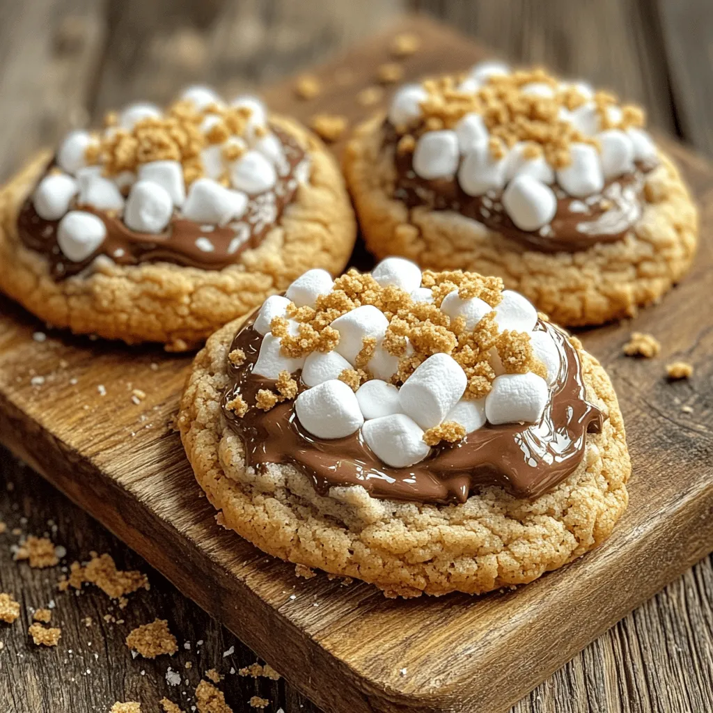 - 1 cup unsalted butter, at room temperature - 1 cup packed brown sugar - 1/2 cup granulated sugar - 2 large eggs - 1 teaspoon pure vanilla extract - 2 1/2 cups all-purpose flour - 1 teaspoon baking soda - 1/2 teaspoon salt - 1 cup semisweet chocolate chips - 1 cup mini marshmallows - 1 cup graham cracker crumbs When making S’mores stuffed cookies, the right ingredients make all the difference. The butter adds richness, while the sugars sweeten and help with texture. Eggs bind everything together, keeping the cookies soft and chewy. Using all-purpose flour gives the right structure. Baking soda helps the cookies rise. Salt balances the sweetness, enhancing the flavors. The semisweet chocolate chips and mini marshmallows provide that classic S’mores taste. Lastly, graham cracker crumbs add crunch and flavor. You can swap some ingredients based on your needs. For a gluten-free option, use gluten-free flour. If you want vegan cookies, try replacing the butter with coconut oil and the eggs with flaxseed meal or applesauce. Feel free to adjust the chocolate too! Dark chocolate or white chocolate can change the flavor. You can also use dairy-free chocolate chips or marshmallows if you prefer. To make these cookies, gather a few tools: - Mixing bowls - Measuring cups - Baking sheets - Parchment paper - Cookie scoop These tools help create the perfect texture and shape. Mixing bowls are great for combining ingredients, while measuring cups ensure accuracy. Parchment paper prevents sticking and makes cleanup easy. A cookie scoop helps you portion dough evenly, leading to uniform cookies. For the full recipe, check the details provided earlier. First, let's get the oven ready. Preheat your oven to 350°F (175°C). This step is key for even baking. While it heats, line your baking sheets with parchment paper. This keeps the cookies from sticking and makes cleanup easy. Next, grab a large bowl. Cream together 1 cup of unsalted butter, 1 cup of packed brown sugar, and 1/2 cup of granulated sugar. Use a mixer on medium speed until it’s smooth and fluffy. Now, add in 2 large eggs, one at a time. Mix well after each egg. Then, stir in 1 teaspoon of pure vanilla extract. In another bowl, mix together 2 1/2 cups of all-purpose flour, 1 teaspoon of baking soda, and 1/2 teaspoon of salt. Gradually add these dry ingredients to the wet mixture. Blend until just combined, but don’t overmix. Now comes the fun part! Fold in 1 cup of semisweet chocolate chips, 1 cup of mini marshmallows, and 1 cup of graham cracker crumbs. This will give your cookies that classic s'mores flavor. Make sure all the goodies are evenly mixed into the dough. To shape the cookies, use a cookie scoop or a tablespoon. Place a generous ball of dough on the prepared baking sheets, leaving space between them. For each cookie, take a small piece of dough and flatten it. Place some mini marshmallows and chocolate chips in the center. Cover it with another piece of dough and seal the edges. Make sure the filling is tucked inside. It's time to bake! Place the baking sheets in your preheated oven. Bake the cookies for about 10 to 12 minutes. Watch for the edges to turn golden brown while the center stays soft. This will give you a chewy texture. Once done, let them cool for about 5 minutes on the sheets. Then, transfer them to a wire rack to cool completely. Enjoy them warm for that gooey s'mores experience! For the full recipe, check out the recipe section above. To get soft and chewy cookies, follow these tips: - Use room temperature butter. This helps blend better with sugars. - Don’t overmix the dough. Mix until just combined for the best texture. - Chill the dough for at least 30 minutes. This helps cookies hold their shape. - Bake just until the edges turn golden. The centers should look slightly soft. Watch out for these common mistakes: - Overmixing the dough can make cookies tough. Mix gently. - Not measuring flour correctly leads to dry cookies. Use a kitchen scale for accuracy. - Forgetting to preheat the oven means uneven baking. Always check the temperature first. - Skipping the chilling step can cause flat cookies. Take the time to chill. Make your S'mores Stuffed Cookies extra special with these ideas: - Serve on a rustic wooden board for a fun look. - Add a small bowl of melted chocolate for dipping. - Pair with extra mini marshmallows for a tasty touch. - Enjoy them warm with a scoop of vanilla ice cream on top. For the full recipe, check out the [Full Recipe]. {{image_4}} You can make these cookies even more fun! Try adding some peanut butter for a rich twist. Just mix in 1/2 cup of creamy peanut butter when you cream the butter and sugars. This adds a nutty flavor that pairs well with chocolate. Mint chocolate is another great idea. Use mint chocolate chips instead of regular chocolate chips. The fresh mint taste gives a cool kick to the cookies. You can also add a few drops of peppermint extract for an extra boost. Coconut is an exciting option, too! Add 1/2 cup of sweetened shredded coconut to the dough. This will bring a tropical vibe to your treats. These add-ins make your S’mores stuffed cookies unique and delicious. You can change the flavors to match different seasons. In fall, try pumpkin spice! Just add 1 teaspoon of pumpkin spice to the dry ingredients. This will give your cookies a warm, cozy taste. For winter, you might want to try gingerbread flavors. Mix in some ground ginger and cinnamon to create a festive treat. In spring, you can add lemon zest for a bright, fresh flavor. Each season brings a chance to enjoy these cookies in a new way. If you want smaller treats, make mini S’mores cookies! Start by using a tablespoon of dough instead of a larger scoop. Flatten each ball slightly before adding the filling. Use just a couple of mini marshmallows and chocolate chips for the center. Seal the edges well, so nothing leaks out while baking. Bake them for 8-10 minutes instead of longer. These mini versions are perfect for sharing at parties or as a quick snack. Enjoy the fun of S’mores in a bite-sized treat! For the full recipe, check out the recipe section above. To keep your S'mores stuffed cookies fresh, store them at room temperature. Place them in an airtight container. This method helps keep the cookies soft and chewy. If you live in a humid area, consider using the fridge. You can stack them in a container with parchment paper between layers. This way, the cookies won’t stick together. You can freeze both unbaked dough and baked cookies. For unbaked dough, scoop the dough onto a baking sheet. Freeze the balls for about an hour. Once frozen, transfer them to a zip-top bag. They will keep for up to three months. For baked cookies, let them cool completely. Place them in an airtight container or zip-top bag. They can also last up to three months in the freezer. When stored properly, S'mores stuffed cookies can last about a week at room temperature. In the fridge, they may stay fresh for about two weeks. If you freeze them, expect them to taste great for three months. Always check for signs of freezer burn or off smells when defrosting. Enjoy the cookies at their best! For the full recipe, refer to the earlier section. Yes, you can make these cookies ahead of time. You can mix the dough and chill it in the fridge for up to three days. When you are ready to bake, just scoop and bake. If you want to freeze the dough, shape it into balls and freeze them. Bake directly from the freezer. Just add a couple of minutes to the baking time. This way, you can enjoy fresh cookies anytime! If your dough is too sticky, don’t worry! You can add a bit more flour, one tablespoon at a time, until the dough is easier to handle. Chilling the dough for 30 minutes can also help firm it up. Make sure to use a cookie scoop or spoon to portion the dough. Wetting your hands can help too! Definitely! You can use milk chocolate, dark chocolate, or even white chocolate. Each type of chocolate brings a different taste. Milk chocolate adds sweetness, while dark chocolate gives a richer flavor. Feel free to mix and match to find your favorite combo. Your S’mores Stuffed Cookies will still be delicious! Yes, you can make these cookies without eggs if you need a vegan option. You can replace each egg with a flax egg. To make a flax egg, mix one tablespoon of ground flaxseed with three tablespoons of water. Let it sit for a few minutes until it thickens. You can also use applesauce or mashed banana as an egg substitute. The best way to enjoy S’mores Stuffed Cookies is warm from the oven. You can serve them with extra toppings, like melted chocolate or more mini marshmallows. Try dipping them in chocolate for an extra treat! You can also pair them with a glass of milk or hot cocoa for a cozy snack. These S'mores Stuffed Cookies are easy to make and fun to enjoy. Using simple ingredients, you can create a tasty treat that will please everyone. Remember to experiment with substitutions and variations to find your perfect flavor. Store or freeze them as needed to keep them fresh. With these tips, you can avoid common mistakes and serve your cookies just right. Enjoy every bite of this gooey, chocolatey delight!