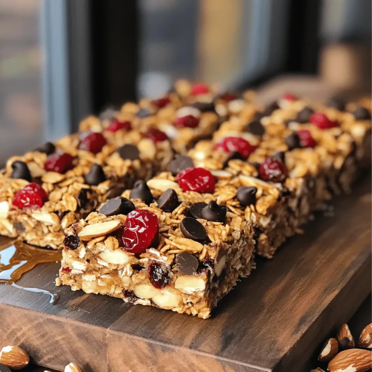 To make Cherry Chocolate Granola Bars, you will need these key ingredients: - 2 cups rolled oats - ½ cup almond butter (or your preferred nut/seed butter) - ¼ cup honey or maple syrup - ½ cup dark chocolate chips - ½ cup dried cherries, roughly chopped - ¼ cup sunflower seeds - ¼ cup sliced almonds - 1 teaspoon vanilla extract - ½ teaspoon ground cinnamon - A small pinch of salt These ingredients create a great balance of flavor and texture. The oats provide a hearty base, while the nuts add a nice crunch. The dried cherries give sweetness and chewiness. The dark chocolate chips bring rich flavor, making these bars hard to resist. You can customize your granola bars with these optional add-ins: - Chia seeds for extra fiber - Coconut flakes for a tropical twist - Pumpkin seeds for a nutty taste - Different dried fruits like cranberries or apricots These add-ins let you create a mix that suits your taste. Feel free to get creative! Each serving of these delicious bars has: - Calories: About 180 - Protein: 5 grams - Carbohydrates: 25 grams - Dietary Fiber: 3 grams - Sugars: 8 grams - Fats: 7 grams These bars offer a healthy snack option. They provide energy and essential nutrients. Enjoy them as a treat or a quick pick-me-up during your day! First, preheat your oven to 350°F (175°C). This step is key for the best texture. Next, take an 8x8 inch baking dish and line it with parchment paper. Leave some paper hanging over the edges. This helps with easy removal later. In a large mixing bowl, combine the dry ingredients. Add 2 cups of rolled oats, ¼ cup of sunflower seeds, and ¼ cup of sliced almonds. Toss in ½ cup of chopped dried cherries, ½ teaspoon of ground cinnamon, and a small pinch of salt. Stir these together until they are well mixed. This blend gives your bars a great crunch. In a separate microwave-safe bowl, mix ½ cup of almond butter and ¼ cup of honey (or maple syrup). Heat this mixture in the microwave. Do it in 20-second bursts, stirring in between. Keep heating until the mixture is smooth. This step adds the perfect sweetness to your bars. Pour the melted mixture over the dry ingredients. Mix everything together until the oats and nuts are well coated. Then, transfer the mixture to your prepared baking dish. Press it down firmly with a spatula or your hands. Make sure it is even and compacted. Bake it in the preheated oven for 20-25 minutes. Look for a golden brown edge. Once baked, take the dish out of the oven and let it cool for about 10 minutes. Use the parchment paper to lift the whole block out. Place it on a wire rack to cool completely. After it’s cool, cut your granola mixture into bars of your choice. Store the bars in an airtight container. Enjoy them as a tasty snack! For the complete recipe, check the Full Recipe section. To make the best cherry chocolate granola bars, you need a few key tips. First, always measure your ingredients accurately. This ensures a great taste and the right texture. Second, use fresh ingredients for the best flavor. Old oats or stale nuts can ruin your bars. When mixing, make sure to coat all the dry ingredients well with the wet mixture. This step is crucial for flavor and binding. Press the mixture firmly into the baking dish. A compact mix helps the bars hold together better after baking. A few common mistakes can lead to less-than-perfect granola bars. One mistake is not preheating the oven. Baking at the right temperature is important for even cooking. Another mistake is skipping the cooling step. Letting the bars cool fully helps them set. Cutting them too soon can lead to crumbling. Also, avoid using too many add-ins. While variety is fun, too many ingredients can make the bars dry or difficult to hold together. Stick to the recipe for the best results, and feel free to explore variations later. Achieving the right texture in your granola bars is key. You want them chewy, not hard. To get this, use enough nut butter and sweetener. They help bind the bars together. Be mindful of baking time. Overbaking can lead to crunchy bars. Check for a golden brown color around the edges. If you want softer bars, reduce the baking time by a few minutes. Lastly, allowing the bars to cool completely before cutting helps maintain a chewy texture. Follow these tips, and your cherry chocolate granola bars will be a tasty and nutritious snack. {{image_4}} You can easily adapt this recipe to fit your needs. If you want a nut-free option, swap almond butter for sunflower seed butter. For a vegan version, use maple syrup instead of honey. You might also try coconut oil to replace the nut butter for a lighter taste. Don’t feel stuck with just cherries and chocolate! You can mix in different dried fruits like cranberries or apricots. For a nutty twist, consider adding walnuts or pecans. If you love spices, try adding a little nutmeg or ginger for extra warmth. Seasonal changes can inspire new flavors. In fall, you could add pumpkin seeds and a dash of pumpkin spice. During summer, try including fresh berries or even shredded coconut. These little tweaks can bring new life to your Cherry Chocolate Granola Bars. To see how to make these delicious bars, check the Full Recipe. To keep your Cherry Chocolate Granola Bars fresh, store them in an airtight container. Place the bars at room temperature away from heat and moisture. They will stay good for up to two weeks. If you want to enjoy them longer, consider freezing them. Freezing is a great option for longer storage. Wrap each granola bar in plastic wrap or parchment paper. Then, place them in a freezer-safe bag. Make sure to remove as much air as possible. These bars can last up to three months in the freezer. When you're ready to enjoy one, simply let it thaw at room temperature. Leftover granola bars are perfect for snacking anytime. Pair them with yogurt or fresh fruit for a quick breakfast. You can also crumble them over ice cream for a delightful dessert. If you're in a hurry, grab a bar for a quick energy boost before a workout. These tasty treats are versatile and easy to enjoy! To make these bars vegan, swap honey for maple syrup. Use almond butter or any nut-free seed butter. Ensure your chocolate chips are dairy-free. This keeps the bars tasty and plant-based. Yes! You can use any nuts or seeds you like. Walnuts, pecans, or pumpkin seeds work great. Just keep the total amount the same. This allows you to customize the flavor and crunch. These granola bars last up to two weeks when stored properly. Keep them in an airtight container at room temperature. For longer freshness, store them in the fridge. To cut granola bars, let them cool completely first. Use a sharp knife for clean edges. If the mixture is too sticky, lightly coat the knife with oil. You can find all the ingredients at local grocery stores. Look for rolled oats, dried cherries, and dark chocolate in the baking aisle. Health food stores usually carry nut and seed butters too. Check online for specialty items if needed. For the full recipe, visit my detailed cooking guide. In this post, we explored how to make delicious cherry chocolate granola bars. We covered essential and optional ingredients, step-by-step instructions, and storage tips. I shared common mistakes to avoid and fun variations to try. Remember, you can adapt these bars to fit your taste and diet. Enjoy making them, storing them, and sharing them with others. Granola bars are perfect for quick snacks or on-the-go breakfast. Now, grab your ingredients and start baking the best granola bars!