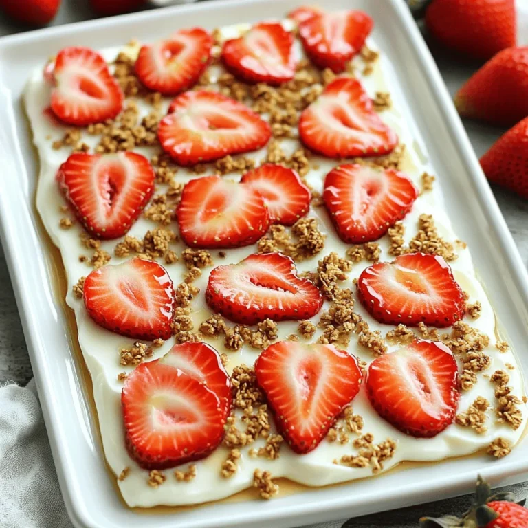 - 2 cups Greek yogurt (plain or vanilla) - 2 tablespoons honey or maple syrup - 1 teaspoon vanilla extract - 1 cup fresh strawberries, hulled and sliced - 1/4 cup granola or nuts (optional) - A pinch of salt Gathering these ingredients is easy and fun. Greek yogurt is the base of this treat. It adds creaminess and protein. You can pick plain or vanilla yogurt, depending on your taste. Honey or maple syrup gives a sweet touch. Use just enough to enhance flavor without overpowering the yogurt. Vanilla extract boosts the taste even more. A little pinch of salt balances the sweetness. The fresh strawberries are the star of this recipe. They bring bright color and natural sweetness. If you want a crunch, add granola or nuts. This ingredient is optional but adds a nice texture. With these ingredients, you create a healthy and delicious snack. This recipe is perfect for hot days or a quick dessert. You can find the full recipe in the cooking section. Get ready to enjoy a delightful treat! Line a baking sheet with parchment paper. This makes cleanup easy and helps the yogurt bark lift out later. Make sure the paper hangs over the edges a bit. This will help you remove the bark easily once it’s frozen. In a bowl, combine the Greek yogurt, honey, vanilla extract, and a pinch of salt. Mix well until everything is smooth. This yogurt mixture should be creamy and flavorful. The honey adds sweetness, and the salt balances it perfectly. Pour the yogurt mixture onto the lined baking sheet. Use a spatula to spread it evenly. Aim for a layer about 1/4 inch thick. This thickness allows it to freeze quickly and evenly. Next, take the sliced strawberries and arrange them on the yogurt layer. Press the strawberry slices gently into the yogurt. This helps them stick when frozen. If you want added crunch, sprinkle the granola or nuts on top of the strawberries. This step adds texture and makes each bite more exciting. Now, place the baking sheet in the freezer. Let it freeze for at least 3 hours. You want the yogurt bark to be firm to the touch. After it's frozen solid, remove it from the freezer. Use the edges of the parchment paper to lift the bark out. Cut or break it into pieces of your choice. Enjoy right away or store in an airtight container in the freezer. This makes for a healthy snack anytime! To get the best yogurt bark, spread the yogurt evenly. A flat layer helps it freeze well. If it's too thick, some parts may not freeze right. Keep it about 1/4 inch thick for best results. This ensures a nice, smooth bite. When serving, think about a few fun garnishes. Fresh mint can add a pop of color. A drizzle of honey makes it shine and taste sweeter. You can also pair it with a scoop of ice cream or a bowl of fresh fruit. This makes your treat even more fun! To keep your bark crunchy, avoid ice crystals. Ice crystals form when air gets in. Wrap the yogurt bark well in plastic wrap or store it in an airtight container. This keeps it fresh and tasty. Enjoy this treat without worrying about sogginess! {{image_4}} You can swap strawberries for other fruits. Blueberries and raspberries work great. They add their unique taste and color. You can even try sliced bananas or peaches. Each fruit brings a new twist to your yogurt bark. Do not be afraid to mix and match! If you want a vegan option, use non-dairy yogurt. Coconut yogurt adds a creamy texture. Almond yogurt is another good choice. Both options taste great and fit different diets. You can still enjoy the same flavors with these substitutes. Want to add more flavor? Try chocolate chips or seeds. Dark chocolate chips give a rich taste. Chia seeds add crunch and nutrition. You can sprinkle them on top before freezing. These add-ins make your yogurt bark even more fun and tasty! To freeze your yogurt bark, first cut it into pieces. Place the pieces in a single layer on a baking sheet, and then freeze them for about 30 minutes. This step helps avoid sticking. After they firm up, transfer the pieces to an airtight container. Use parchment paper between layers to prevent sticking. Make sure to seal the container tightly. This way, you keep the bark fresh and tasty. When you are ready to serve your yogurt bark, take it out of the freezer. Let it sit at room temperature for about 10 minutes. This makes it easier to enjoy. If you need it faster, pop it in the fridge for about 20-30 minutes. This method helps keep the bark from getting too soft too quickly. Fresh Strawberry Yogurt Bark stays good in the freezer for about 2 to 3 months. It may still taste fine after that, but the texture can change. Look for signs of spoilage, like ice crystals or a freezer-burned flavor. If you see these, it's best to toss the bark. Always check before enjoying your delicious treat! Yes, you can use flavored yogurt. It adds a fun twist to the taste. However, flavored yogurts often have more sugar. This may make your yogurt bark sweeter than you expect. If you want a balanced flavor, choose plain yogurt. You can always add fruit or honey for sweetness later. Fresh Strawberry Yogurt Bark lasts about two months in the freezer. After that, it can lose its taste and texture. To keep it fresh, store it in an airtight container. This helps prevent freezer burn. Always check for any signs of ice crystals before enjoying. Yes, you can skip added sugar. Use ripe strawberries for natural sweetness. You can also blend in other fruits like bananas or peaches. If you want a sweeter taste, try unsweetened applesauce. This makes a great alternative and keeps it healthy. This blog post covered how to make delicious Fresh Strawberry Yogurt Bark. We discussed the key ingredients and gave step-by-step instructions. You learned tips for freezing and serving, plus some fun variations. In the end, this treat is simple to customize. Enjoying yogurt bark can be healthy and tasty. Get creative with your flavors, and share with friends! With these steps, you can make a delightful snack any time.
