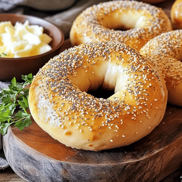 - 4 cups all-purpose flour - 1 tablespoon salt - 1 tablespoon sugar - 2 teaspoons instant yeast - 1 ½ cups warm water - 1 tablespoon honey (for boiling) - Sesame seeds, poppy seeds, or everything bagel seasoning (for topping) - Optional: 1 egg, beaten (for egg wash) You can swap out certain ingredients if needed. For a gluten-free option, use alternative flours like almond or coconut flour. When it comes to sweeteners, feel free to use honey or maple syrup instead of sugar. If you don't have instant yeast, active dry yeast works too. Just remember to activate it in warm water first before mixing it into the dough. These tips can help you make bagels that fit your needs. Be creative! Enjoy the process and find what works best for you. If you want to follow the complete steps, check the Full Recipe link. Happy bagel making! First, gather your ingredients. In a large bowl, mix the dry items: - 4 cups all-purpose flour - 1 tablespoon salt - 1 tablespoon sugar - 2 teaspoons instant yeast Stir these well until they blend. Next, gradually add warm water. You want about 1 ½ cups, at 110°F. Mix with your hands or a wooden spoon until the dough forms. It will be shaggy at first. Now, transfer the dough to a floured surface. Knead it for about 10 minutes. You want it smooth and elastic. If it feels sticky, add a little more flour. Once the dough feels right, form it into a ball. Place it in a lightly oiled bowl. Cover it with a damp cloth or plastic wrap. Set it in a warm spot to rise for 1 hour. It should double in size. After it has risen, gently punch it down to release air. Divide the dough into 10 equal pieces. Roll each piece into a ball. Then, poke a hole in the center of each ball. Stretch it gently to form the bagel shape. Place them on a baking sheet, spaced apart. Next, prepare to boil water. In a large pot, bring water to a rolling boil. Stir in 1 tablespoon of honey. Carefully add each bagel to the water. Cook for 1 minute on each side. Use a slotted spoon to remove them and place them back on the baking sheet. If you want a glossy finish, brush the tops with a beaten egg. Then, sprinkle your favorite toppings on them. Finally, bake the bagels in a preheated oven at 425°F for 20-25 minutes. They should turn golden brown and feel chewy. Enjoy the delicious aroma filling your kitchen! Kneading your dough is key. It helps build gluten, which gives bagels their chew. Knead for at least 10 minutes until the dough feels smooth. If it’s sticky, add a little more flour. This will help you achieve a great crust. A chewy crust comes from boiling the bagels. Boil them in honey water for about 1 minute on each side. This step creates that classic bagel texture we all love. You can make your bagels special by adding spices or flavorings. Try garlic powder or onion powder in the dough for extra taste. You can also mix in herbs like dill or rosemary. Toppings are just as important. Classic sesame seeds and poppy seeds add crunch. For something different, use everything bagel seasoning. Be generous with your toppings; it makes your bagels look and taste amazing. Don't let your dough become too sticky. Use enough flour while kneading. If it sticks to your hands, it’s too wet. Also, watch out for overproofing. If you let the dough rise too long, it can lose its shape. Check for a good rise, but don’t wait too long. Perfect bagels need a balance of time and care. {{image_4}} You can add herbs and spices to the dough for extra flavor. Think garlic powder, onion powder, or dried basil. These mix well and make your bagels unique. You can also sprinkle cheese or meats on top after boiling. Shredded cheddar, bacon, or pepperoni can make your bagels even tastier. Bagels can be sweet or savory. For sweet options, try cinnamon sugar or a drizzle of honey. Savory choices include cream cheese, lox, or capers. Many love the classic combo of cream cheese and smoked salmon. Mixing different toppings can create fun flavors. The classic bagel shape is round with a hole in the middle. But you can get creative! Try making mini bagels or bagel bites for snacks. Shaping them differently can add fun to any meal. Just remember, the taste stays great no matter the shape! To keep your bagels fresh for a few days, store them in a paper bag. A paper bag allows air to flow while keeping moisture inside. This prevents your bagels from getting too soft or soggy. If you prefer, you can also wrap them in a clean kitchen towel. Avoid plastic bags, as they trap moisture and make the bagels chewy. For longer storage, freezing bagels is the best option. First, let them cool completely. Then, wrap each bagel in plastic wrap. Place the wrapped bagels in a freezer bag or airtight container. This keeps them fresh for up to three months. When you want to enjoy a bagel, take it out and let it thaw at room temperature. For reheating, the oven works best. Preheat your oven to 350°F (175°C). Place the bagel directly on the rack for about 10 minutes. This method revives the bagel’s crust and makes it warm and chewy again. You can also toast them if you like a little crunch. To keep toppings fresh, store them separately from the bagels. Use small airtight containers for toppings like cream cheese or spreads. You can keep them in the fridge for about one week. If you have fresh veggies or herbs, wrap them in a damp paper towel and place them in a plastic bag. This keeps them crisp and full of flavor. Make sure to check your toppings often to avoid spoilage. Enjoy your homemade bagels with fresh and tasty toppings every time! For the full recipe, check out Bagel Bliss: A Chewy Delight 🥯. Homemade bagels can last about 2 to 3 days at room temperature. Store them in a paper bag to keep them fresh. If you want to save them longer, freeze them. They can last up to 3 months in the freezer. Just wrap each bagel tightly in plastic wrap, then in foil. Yes, you can make bagels without yeast! Instead, use baking powder as a leavening agent. This method will give you a denser, yet still tasty, bagel. Just mix the dry ingredients, add water, and shape the dough. Bake as usual. You can pair homemade bagels with many toppings. Here are some ideas: - Cream cheese - Butter - Smoked salmon - Avocado - Hummus - Peanut butter - Jam or jelly Feel free to mix and match according to your taste! If your dough is too sticky, add a bit more flour while kneading. Kneading helps develop gluten, which is key for bagel texture. If your dough doesn’t rise, check if your yeast is fresh. Warm water should be around 110°F to activate the yeast. For the complete recipe for Homemade Bagels, check out Bagel Bliss: A Chewy Delight 🥯. Making bagels at home is fun and tasty. We covered the main ingredients and substitutions. You learned step-by-step instructions, along with tips for perfect texture and flavor. We explored variations in shapes and toppings. You also got storage advice and FAQs to help you out. Now you can enjoy fresh bagels anytime. Happy baking!