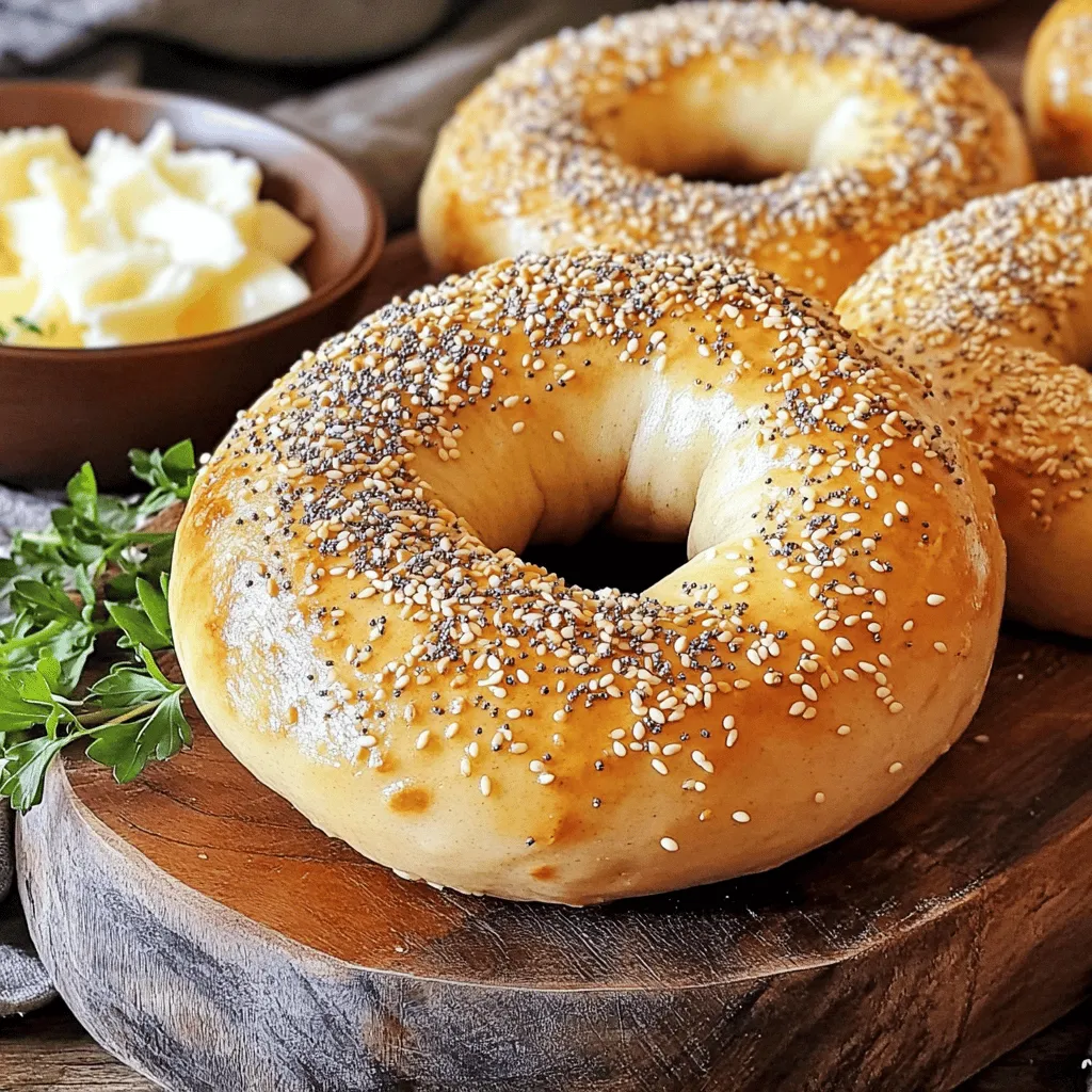 - 4 cups all-purpose flour - 1 tablespoon salt - 1 tablespoon sugar - 2 teaspoons instant yeast - 1 ½ cups warm water - 1 tablespoon honey (for boiling) - Sesame seeds, poppy seeds, or everything bagel seasoning (for topping) - Optional: 1 egg, beaten (for egg wash) You can swap out certain ingredients if needed. For a gluten-free option, use alternative flours like almond or coconut flour. When it comes to sweeteners, feel free to use honey or maple syrup instead of sugar. If you don't have instant yeast, active dry yeast works too. Just remember to activate it in warm water first before mixing it into the dough. These tips can help you make bagels that fit your needs. Be creative! Enjoy the process and find what works best for you. If you want to follow the complete steps, check the Full Recipe link. Happy bagel making! First, gather your ingredients. In a large bowl, mix the dry items: - 4 cups all-purpose flour - 1 tablespoon salt - 1 tablespoon sugar - 2 teaspoons instant yeast Stir these well until they blend. Next, gradually add warm water. You want about 1 ½ cups, at 110°F. Mix with your hands or a wooden spoon until the dough forms. It will be shaggy at first. Now, transfer the dough to a floured surface. Knead it for about 10 minutes. You want it smooth and elastic. If it feels sticky, add a little more flour. Once the dough feels right, form it into a ball. Place it in a lightly oiled bowl. Cover it with a damp cloth or plastic wrap. Set it in a warm spot to rise for 1 hour. It should double in size. After it has risen, gently punch it down to release air. Divide the dough into 10 equal pieces. Roll each piece into a ball. Then, poke a hole in the center of each ball. Stretch it gently to form the bagel shape. Place them on a baking sheet, spaced apart. Next, prepare to boil water. In a large pot, bring water to a rolling boil. Stir in 1 tablespoon of honey. Carefully add each bagel to the water. Cook for 1 minute on each side. Use a slotted spoon to remove them and place them back on the baking sheet. If you want a glossy finish, brush the tops with a beaten egg. Then, sprinkle your favorite toppings on them. Finally, bake the bagels in a preheated oven at 425°F for 20-25 minutes. They should turn golden brown and feel chewy. Enjoy the delicious aroma filling your kitchen! Kneading your dough is key. It helps build gluten, which gives bagels their chew. Knead for at least 10 minutes until the dough feels smooth. If it’s sticky, add a little more flour. This will help you achieve a great crust. A chewy crust comes from boiling the bagels. Boil them in honey water for about 1 minute on each side. This step creates that classic bagel texture we all love. You can make your bagels special by adding spices or flavorings. Try garlic powder or onion powder in the dough for extra taste. You can also mix in herbs like dill or rosemary. Toppings are just as important. Classic sesame seeds and poppy seeds add crunch. For something different, use everything bagel seasoning. Be generous with your toppings; it makes your bagels look and taste amazing. Don't let your dough become too sticky. Use enough flour while kneading. If it sticks to your hands, it’s too wet. Also, watch out for overproofing. If you let the dough rise too long, it can lose its shape. Check for a good rise, but don’t wait too long. Perfect bagels need a balance of time and care. {{image_4}} You can add herbs and spices to the dough for extra flavor. Think garlic powder, onion powder, or dried basil. These mix well and make your bagels unique. You can also sprinkle cheese or meats on top after boiling. Shredded cheddar, bacon, or pepperoni can make your bagels even tastier. Bagels can be sweet or savory. For sweet options, try cinnamon sugar or a drizzle of honey. Savory choices include cream cheese, lox, or capers. Many love the classic combo of cream cheese and smoked salmon. Mixing different toppings can create fun flavors. The classic bagel shape is round with a hole in the middle. But you can get creative! Try making mini bagels or bagel bites for snacks. Shaping them differently can add fun to any meal. Just remember, the taste stays great no matter the shape! To keep your bagels fresh for a few days, store them in a paper bag. A paper bag allows air to flow while keeping moisture inside. This prevents your bagels from getting too soft or soggy. If you prefer, you can also wrap them in a clean kitchen towel. Avoid plastic bags, as they trap moisture and make the bagels chewy. For longer storage, freezing bagels is the best option. First, let them cool completely. Then, wrap each bagel in plastic wrap. Place the wrapped bagels in a freezer bag or airtight container. This keeps them fresh for up to three months. When you want to enjoy a bagel, take it out and let it thaw at room temperature. For reheating, the oven works best. Preheat your oven to 350°F (175°C). Place the bagel directly on the rack for about 10 minutes. This method revives the bagel’s crust and makes it warm and chewy again. You can also toast them if you like a little crunch. To keep toppings fresh, store them separately from the bagels. Use small airtight containers for toppings like cream cheese or spreads. You can keep them in the fridge for about one week. If you have fresh veggies or herbs, wrap them in a damp paper towel and place them in a plastic bag. This keeps them crisp and full of flavor. Make sure to check your toppings often to avoid spoilage. Enjoy your homemade bagels with fresh and tasty toppings every time! For the full recipe, check out Bagel Bliss: A Chewy Delight 🥯. Homemade bagels can last about 2 to 3 days at room temperature. Store them in a paper bag to keep them fresh. If you want to save them longer, freeze them. They can last up to 3 months in the freezer. Just wrap each bagel tightly in plastic wrap, then in foil. Yes, you can make bagels without yeast! Instead, use baking powder as a leavening agent. This method will give you a denser, yet still tasty, bagel. Just mix the dry ingredients, add water, and shape the dough. Bake as usual. You can pair homemade bagels with many toppings. Here are some ideas: - Cream cheese - Butter - Smoked salmon - Avocado - Hummus - Peanut butter - Jam or jelly Feel free to mix and match according to your taste! If your dough is too sticky, add a bit more flour while kneading. Kneading helps develop gluten, which is key for bagel texture. If your dough doesn’t rise, check if your yeast is fresh. Warm water should be around 110°F to activate the yeast. For the complete recipe for Homemade Bagels, check out Bagel Bliss: A Chewy Delight 🥯. Making bagels at home is fun and tasty. We covered the main ingredients and substitutions. You learned step-by-step instructions, along with tips for perfect texture and flavor. We explored variations in shapes and toppings. You also got storage advice and FAQs to help you out. Now you can enjoy fresh bagels anytime. Happy baking!