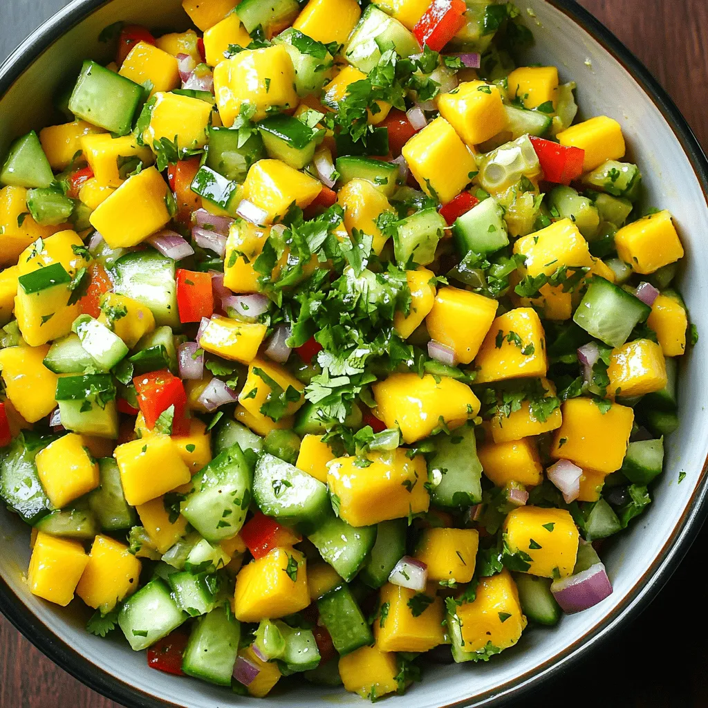 Here are the ingredients you need for your Spicy Mango Cucumber Salad: - 1 ripe mango, peeled and diced into bite-sized cubes - 1 large cucumber, diced into small pieces - 1 red bell pepper, diced for sweetness and crunch - 1 small red onion, finely chopped for a savory kick - 1 jalapeño, deseeded and minced (adjust for desired heat) - 2 tablespoons fresh lime juice, to brighten the flavors - 1 tablespoon honey or agave syrup, for a touch of sweetness - Salt and black pepper, to taste - Fresh cilantro, chopped, for garnish Each ingredient adds its own unique flavor. The mango brings sweetness, while the cucumber adds crispness. The bell pepper gives a nice crunch, and the red onion adds a savory bite. The jalapeño kicks up the heat, but you can control it by adjusting the amount you use. Lime juice brightens the whole dish, and honey or agave syrup balances the flavors with a hint of sweetness. Don't forget to season with salt and pepper to elevate the taste. Finally, fresh cilantro adds a burst of freshness and color. For the full recipe, check out the detailed instructions to create this delightful salad. 1. Start with the mango. Peel it and cut it into bite-sized cubes. 2. Next, grab your cucumber. Dice it into small pieces and set it aside. 3. Now, take the red bell pepper. Dice it for sweetness and crunch. 4. Chop the red onion finely, adding a savory kick to your salad. 5. Handle the jalapeño carefully. Remove the seeds and mince it. Adjust the heat to your taste. 1. In a small bowl, whisk together fresh lime juice and honey or agave syrup. 2. This will create a bright dressing to enhance the salad. 3. Drizzle the dressing over all the salad ingredients. 4. Toss everything together gently to coat all the pieces. 1. Now, season the salad with salt and black pepper to your liking. 2. Toss it gently once more to mix the seasoning well. 3. Let the salad rest for about 10 minutes. This helps the flavors meld perfectly. 4. Just before serving, garnish with freshly chopped cilantro for a fresh finish. For the complete recipe, refer to the Full Recipe. Let your salad rest for about 10 minutes. This step helps the flavors blend well. When you mix all the fresh ingredients, they need time to talk to each other. If you like heat, adjust the jalapeño. You can add more or less based on your taste. This way, you create a dish that suits you perfectly. Serving your salad well makes it even more appealing. Use a big, bright bowl to show off those colors. You could also put the salad in small bowls for each person. Top it with fresh cilantro for a pop of green. Squeeze some lime wedges around the salad for extra flair. This not only looks good but also offers a zesty kick. For the full recipe, check the details above. {{image_4}} You can easily swap ingredients to change the taste. If you want a different flavor, try using pineapple or peach instead of mango. These fruits add a sweet twist. You can also change the herbs. Instead of cilantro, use mint or parsley. Both herbs will give your salad a fresh kick. Want to make your salad even better? Add avocado for some creaminess. It makes each bite richer and more satisfying. If you need more protein, mix in cooked quinoa or beans. These add-ins help turn your salad into a filling meal. They also bring extra nutrients to your dish. For the full recipe, check out the Spicy Mango Cucumber Salad. After enjoying your Spicy Mango Cucumber Salad, you might have some leftovers. Storing them correctly keeps the flavors fresh. I recommend placing the salad in airtight containers. This helps prevent the salad from drying out or absorbing any unwanted smells from the fridge. For the best taste, eat the salad within three days. The mango and cucumber may get mushy if stored longer. Always check for freshness before eating. If anything smells off, it's best to toss it out. Can you freeze Spicy Mango Cucumber Salad? I advise against it. Freezing changes the texture of ingredients like mango and cucumber. They can turn mushy when thawed. If you want to make it ahead of time, prepare the salad but leave out the dressing. Store the salad without the dressing in an airtight container in the fridge. When you’re ready to serve, mix in the dressing. This keeps everything crisp and fresh. For the full recipe, check the section above. To make this salad vegan, simply swap honey for agave syrup. This keeps the sweetness while staying plant-based. You can serve this salad as a side dish or a light main meal. It pairs well with grilled chicken or fish. You can also pile it on tacos for a fresh twist. Yes, you can prepare it a few hours in advance. Just keep it in the fridge. However, add the dressing right before serving. This keeps the veggies crisp. If you're gluten-free, this salad is already a great choice. For low-carb diets, you can remove the honey. You can also add or replace ingredients based on your taste. Try mixing in other fruits or veggies like bell peppers or avocado for variety. For the full recipe, visit the Spicy Mango Cucumber Salad section. This salad blends fresh mango, cucumber, and peppers for a tasty dish. To make it, you simply prep the ingredients, mix them well, and dress with lime juice. Let it rest so the flavors combine. Feel free to tweak the recipe to suit your taste or add new ingredients. In the end, whether for a summer cookout or a weeknight dinner, this salad shines on the table. Enjoy trying different flavors and making it your own!