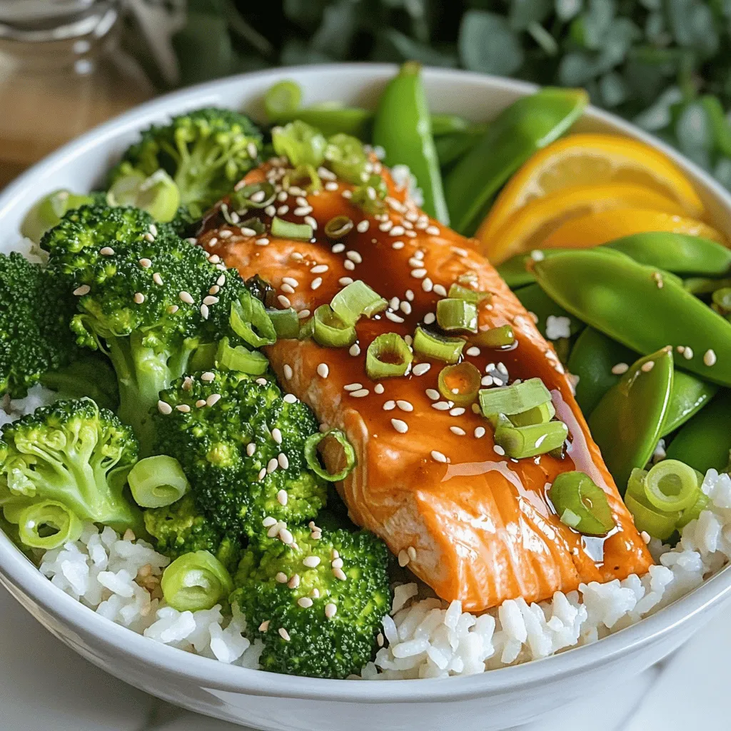 For these tasty teriyaki salmon bowls, gather the following ingredients: - 2 salmon fillets (approximately 6 ounces each) - 1/4 cup soy sauce (or tamari for gluten-free option) - 2 tablespoons honey or maple syrup - 1 tablespoon sesame oil - 1 teaspoon fresh ginger, freshly grated - 1 garlic clove, minced - 1 cup jasmine rice (or substitute with brown rice for a heartier option) - 1 1/2 cups water - 1 cup broccoli florets - 1 cup snap peas, trimmed - 1/4 cup scallions, finely chopped (for garnish) - 1 tablespoon sesame seeds (for garnish) - Optional: pickled ginger for serving This list covers everything you need to make a wholesome and delicious meal. You can easily swap some ingredients for different flavors or dietary needs. For instance: - Use tamari instead of soy sauce for a gluten-free option. - Substitute honey with maple syrup for a vegan choice. - If you want a different grain, try quinoa or cauliflower rice instead of jasmine rice. - Broccoli and snap peas can be replaced with any veggies you like, such as bell peppers or carrots. These swaps keep your meal exciting and tailored to your taste. Choosing fresh, high-quality ingredients makes a huge difference in flavor. Here are some tips: - Salmon: Look for bright, firm fillets. Fresh salmon should smell like the sea, not fishy. - Soy sauce: Choose a premium brand for better taste. - Ginger: Fresh ginger should be firm and smooth. Avoid wrinkled or soft pieces. - Vegetables: Pick bright and crisp veggies. They should feel firm to the touch. Using top-notch ingredients helps you create the best teriyaki salmon bowls. For the complete recipe, check out the Full Recipe. To make the salmon flavorful, start by mixing the marinade. In a small bowl, whisk together: - 1/4 cup soy sauce - 2 tablespoons honey - 1 tablespoon sesame oil - 1 teaspoon fresh ginger, grated - 1 minced garlic clove This mix adds a sweet and savory touch. Place the salmon fillets in a shallow dish. Pour the marinade over the salmon, making sure they are well coated. Cover the dish and let it sit for at least 15 minutes. For a stronger flavor, you can refrigerate it for up to 1 hour. While the salmon marinates, it’s time to cook the rice. In a medium saucepan, combine: - 1 cup jasmine rice - 1 1/2 cups water Bring this mix to a boil over medium-high heat. Once it boils, lower the heat to a simmer. Cover the pot and let it cook. Jasmine rice usually takes about 15 minutes, while brown rice takes around 30 minutes. The rice is ready when it is tender and the water is all absorbed. After cooking, let it sit covered for 5 more minutes. Fluff the rice with a fork for a light texture. Next, let’s prepare the vegetables. Bring a small pot of water to a rolling boil. Add: - 1 cup broccoli florets - 1 cup snap peas Blanch these veggies for about 2-3 minutes. This step makes them bright and tender-crisp. Once done, quickly put them into an ice bath to stop the cooking. Drain well, and they are ready to go. Follow these steps to ensure your teriyaki salmon bowls are packed with flavor and nutrients. For the full recipe, refer to the main article. The best way to cook salmon is grilling or pan-searing. These methods give a nice flavor and crisp skin. When grilling, ensure the grill is hot. This helps prevent sticking. For pan-searing, use a non-stick skillet. Heat it over medium-high heat. - Always start cooking skin-side down. This keeps the salmon moist. - Cook for about 4-5 minutes per side. Salmon is done when it flakes easily with a fork. Toppings can transform a good dish into a great one. Fresh herbs like cilantro or basil add brightness. Scallions and sesame seeds also bring crunch and flavor. - Consider adding pickled ginger for a tangy kick. - Try a squeeze of lime or lemon juice for extra zest. - You can also drizzle a bit of extra teriyaki sauce over the salmon. Avoid overcooking your salmon. Salmon can dry out quickly, so keep an eye on it. Use a timer to help you. - Don’t skip the marinating step. This adds depth to the flavor. - Be cautious when adding salt. Soy sauce is already salty. - If you use frozen salmon, thaw it fully first. This helps it cook evenly. These tips will help you make the best Teriyaki Salmon Bowls. For the detailed recipe, check out the Full Recipe. {{image_4}} You can change the teriyaki sauce to fit your taste. For a spicy kick, add sriracha or chili paste. If you prefer a sweeter sauce, try adding more honey or maple syrup. You might also use different oils, like chili oil, for added depth. Experiment with fruit juices, such as orange or pineapple, to create a fruity twist. Each option adds a unique flavor to your teriyaki salmon bowls. Adding more veggies can boost nutrition and flavor. Consider bell peppers, carrots, or zucchini for a colorful mix. You can also add edamame or baby bok choy to enhance the dish. Try using seasonal vegetables for freshness. Steam or sauté them lightly to keep them crisp. These additions make your meal more vibrant and healthy. If you want a low-carb version, skip the rice. Instead, use cauliflower rice or zucchini noodles. These options are light and full of flavor. You can also increase the portion of protein and veggies. This keeps the meal filling while reducing carbs. Just adjust the cooking time to ensure everything cooks well. Enjoy your teriyaki salmon bowls while staying on track with your diet! To keep your teriyaki salmon bowls fresh, store leftovers promptly. Place them in an airtight container. You can keep them in the fridge for up to three days. Make sure the salmon, rice, and veggies cool down before sealing. This helps prevent moisture buildup, which can make your food soggy. Reheat your teriyaki salmon bowls carefully. The best method is using the microwave. Place the bowl in the microwave for 1-2 minutes. Cover it with a damp paper towel to keep the salmon moist. Check if it's warm throughout. If not, heat in 30-second bursts until ready. You can also reheat on the stove. Warm the rice and veggies in a non-stick pan over low heat. Add a splash of water to steam them. This keeps everything tender and flavorful. If you want to freeze your teriyaki salmon bowls, it’s best to separate the components. Freeze the salmon and rice in separate bags. This way, they stay fresh longer. Use freezer-safe containers to avoid freezer burn. They can last up to a month in the freezer. To reheat, thaw them overnight in the fridge. Then, follow the reheating tips above to enjoy a quick, delicious meal later! You can serve teriyaki salmon bowls with many sides. Here are some ideas: - Edamame: Lightly salted and steamed. - Seaweed salad: Adds a nice crunch. - Cucumber salad: Fresh and refreshing. - Pickled vegetables: Offers a tangy flavor. These sides enhance the meal's taste and add variety. Yes, you can use other proteins in this dish. Here are some tasty options: - Chicken: Use boneless thighs or breasts. - Tofu: Firm tofu works best for a vegetarian option. - Shrimp: Cooked shrimp pairs well with teriyaki sauce. Make sure to adjust cooking times based on the protein you choose. To make teriyaki salmon bowls gluten-free, follow these steps: - Swap regular soy sauce with tamari, a gluten-free option. - Check if your rice is certified gluten-free. - Use gluten-free sesame oil, as some brands may contain gluten. These changes ensure a delicious meal that everyone can enjoy. For the complete recipe, refer to the Full Recipe. This blog post covered how to make delicious teriyaki salmon bowls. We looked at key ingredients, how to prepare them, and tips to avoid mistakes. You can modify flavors and make this dish fit your diet. Remember to store your leftovers properly to keep them fresh. By following these steps, you can create tasty meals that everyone will love. Enjoy your cooking journey and have fun experimenting with different flavors and ingredients!