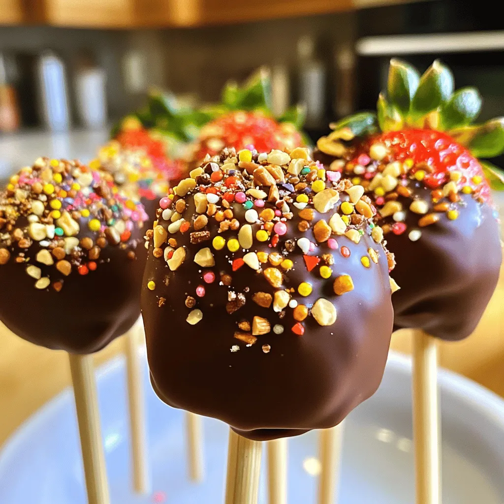 To make these tasty pops, you need some simple items. Here’s what you will need: - 1 pound fresh strawberries, thoroughly washed and dried - 8 ounces dark chocolate (or your choice of chocolate, such as milk or white) - 1 tablespoon coconut oil (optional, for extra smoothness) - Wooden popsicle sticks These ingredients create a delicious blend of sweet and fruity flavors. Fresh strawberries are juicy and bring a burst of flavor. The chocolate adds richness and sweetness. Coconut oil helps the chocolate melt smoothly. You can add some fun extras to make your pops more special. Consider these options: - Sprinkles or crushed nuts (such as almonds or pistachios, for decoration) Sprinkles add a pop of color and crunch. Crushed nuts give a nice texture and nutty flavor. You can mix and match to find your favorite topping. Having the right tools makes cooking easier. Here's what you'll need: - Microwave-safe bowl for melting chocolate - Spoon for stirring - Parchment paper or a glass for cooling These tools help you melt chocolate well and keep your kitchen clean. The parchment paper makes it easy to remove the pops once they are set. Enjoy creating your Chocolate Covered Strawberry Pops! Don't forget to check the Full Recipe for step-by-step guidance. Start by washing your strawberries. Use fresh ones for the best taste. Dry them well with a clean towel. Water can make the chocolate not stick. Take each strawberry and insert a wooden popsicle stick into the stem end. Push it in about halfway to make a solid handle. This step is key for easy dipping. To melt chocolate, I like using a microwave-safe bowl. Combine the chocolate with a tablespoon of coconut oil for smoothness. Microwave it in 30-second bursts. After each time, stir the chocolate well. This helps it melt evenly. Be careful not to overheat it. Chocolate can burn quickly, ruining your treats. You want a nice, shiny, smooth texture. Hold the strawberry by the stick. Dip it into the melted chocolate and swirl it gently. Make sure it’s covered evenly. Let any extra chocolate drip back into the bowl. For decoration, roll the chocolate-dipped strawberry in sprinkles or crushed nuts. Do this while the chocolate is still wet. This adds fun colors and crunch. Place your decorated pops upright on a tray or in a glass. Let them sit for a few minutes to harden. You can also put them in the fridge for about 15 minutes. Now, your Chocolate Covered Strawberry Pops are ready to share! You can find the full recipe above. To get a smooth chocolate coating, start with dry strawberries. Any water will ruin the chocolate. Melt your chocolate slowly in the microwave. Stir it often to avoid burning. You can add coconut oil to make the chocolate smoother. Dip the strawberries with care. Swirl them gently in the chocolate for an even coat. Allow the excess chocolate to drip off before decorating. One big mistake is not drying your strawberries. Always dry them well before dipping. Another mistake is overheating the chocolate. Heat it in short bursts to keep it creamy. Don’t rush the cooling process. If you put them in the fridge too soon, the chocolate can crack. Finally, avoid overloading with toppings. A few sprinkles or nuts go a long way! For a fun display, use a glass or jar filled with rice or popcorn. This keeps the pops upright and adds charm. Arrange the pops with a sprig of mint for color. You can also use colorful paper straws as sticks. This adds a festive feel. And remember, a clean finish makes for a better look. Wipe any drips off before serving. To get the full recipe, refer to the main section. {{image_4}} You can choose from three types of chocolate for your pops. Dark chocolate has a rich, bold taste. It pairs well with the sweet strawberries. Milk chocolate is creamy and sweet. It is a favorite for many people. White chocolate adds a sweet and buttery flavor. Each type brings its own twist to the pops. Feel free to mix and match chocolates for fun flavors. After dipping the strawberries in chocolate, the fun continues! You can roll them in colorful sprinkles for a festive look. Nuts like crushed almonds or pistachios add crunch and flavor. You can also use coconut flakes or mini chocolate chips. Get creative! Each topping adds a unique touch to your pops. Chocolate Covered Strawberry Pops can fit any season. For Valentine's Day, use red and pink sprinkles. For Easter, try pastel colors or bunny-shaped chocolates. In summer, make them bright with colorful fruits. At Halloween, use orange and black decorations. These pops are perfect for any celebration or just a sweet treat. Enjoy experimenting with your favorites! For a detailed guide, check out the Full Recipe. To keep your chocolate covered strawberry pops fresh, store them in an airtight container. Place parchment paper between layers to avoid sticking. Keep the container in the fridge. This helps maintain their taste and texture. Make sure to eat the pops within three days for the best flavor. If the strawberries are too ripe, use them sooner. Avoid leaving them at room temperature for long, as this can cause the chocolate to melt and lose its shine. If you want to prepare these pops in advance, you can freeze them! Wrap each pop in plastic wrap or foil. Place them in a freezer-safe bag. They will last up to one month. To enjoy, let them thaw in the fridge for a few hours before serving. This keeps them tasty and fresh. Yes, you can use frozen strawberries, but fresh ones are best. Frozen strawberries often lose their texture. They can become mushy when thawed. If you use frozen berries, ensure they are fully thawed and drained. This will help keep the chocolate coating smooth. To melt chocolate, use a microwave or a double boiler. In the microwave, heat in short bursts. Start with 30 seconds, then stir. Repeat until smooth. If using a double boiler, heat water in a pot. Place chocolate in a bowl above the steam. Stir until melted. This method helps prevent burning. Chocolate-covered strawberries last about 1 to 2 days in the fridge. They taste best when fresh. Store them in an airtight container to keep them safe. Avoid washing them before storing to prevent sogginess. The chocolate may lose its shine over time, but they will still be tasty. You learned about making tasty chocolate-covered strawberry pops. We covered essential and optional ingredients, tools, and step-by-step instructions to make them right. Tips and tricks helped you avoid common mistakes and present your pops well. We explored fun variations and smart storage tips. Now you can create your own delicious treats. Enjoy making these pops for any occasion. They are sure to impress!