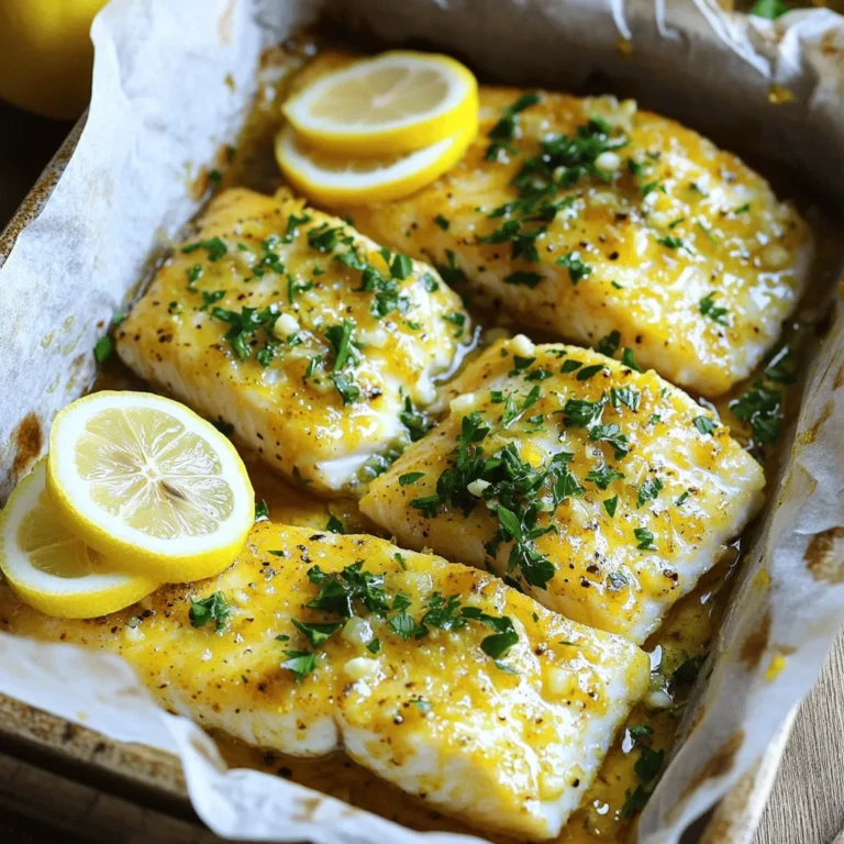 - 4 fresh tilapia fillets - 4 cloves garlic, finely minced - 2 tablespoons high-quality olive oil - 2 tablespoons freshly squeezed lemon juice - 1 teaspoon freshly grated lemon zest - Sea salt and freshly cracked black pepper, to taste - 1 teaspoon dried oregano - Fresh parsley, finely chopped, for garnish - Lemon slices, for an inviting serving option When you gather the ingredients for Baked Garlic Lemon Tilapia, fresh is key. I love using fresh tilapia fillets because they cook quickly and taste great. Minced garlic adds a punchy flavor that pairs perfectly with the fish. For seasoning, high-quality olive oil is a must. It brings richness to the dish. Fresh lemon juice and zest brighten every bite, making it feel fresh and zesty. Don't forget sea salt and black pepper; they enhance all the flavors. A touch of dried oregano adds an earthy note. Garnishing is where you can get creative. Fresh parsley not only looks good but adds a nice taste. Lemon slices on the side give a colorful touch and extra zing when you squeeze them over the fish. This dish is simple yet packed with flavor. You can find the Full Recipe above for easy reference. - Preheat your oven to 400°F (200°C). - Line a baking dish with parchment paper or lightly grease to prevent sticking. - Combine olive oil, lemon juice, lemon zest, minced garlic, oregano, salt, and pepper in a bowl. - Whisk until well combined. This mixture creates a bright and zesty flavor that makes the fish shine. - Place tilapia fillets in the prepared dish and brush both sides with the marinade. - Squeeze additional lemon juice over the fillets for extra flavor. This step ensures each bite bursts with taste. - Bake the tilapia for 12-15 minutes until opaque and flakes easily. - Allow to rest before serving. This resting time keeps the fish moist and tender. For the full recipe, check back to ensure you have all the steps. Enjoy the process! Resting the fish is key for great taste. After baking, let the tilapia sit for a few minutes. This helps keep the fish moist and juicy. Use a fork to check for doneness. If the fish flakes easily, it is ready. If not, give it another minute or two in the oven. Want some heat? Add chili flakes to the garlic lemon mix. This adds a nice kick. You can also swap oregano for other herbs. Dill is a great choice. It brings a fresh taste that pairs well with the fish. Pair your tilapia with fresh sides. A garden salad or steamed veggies works well. For plating, try arranging the fillets neatly on a platter. Drizzle with the lemon garlic sauce for extra flavor. Garnish with parsley for a pop of color. Add lemon slices for a bright touch. These simple steps make your dish look gourmet. For the full recipe, check the earlier section. {{image_4}} You can switch up the fish in this recipe. Cod or haddock works great. They have a mild taste like tilapia. This makes them a good choice for this dish. If you want a twist, use lime instead of lemon. Lime gives a fresh and zesty flavor too. Grilling is a fun option. It adds a smoky taste to the fish. If you like a crispy texture, try pan-searing. Just heat a little oil in a pan and cook the fish on both sides until golden brown. Each method brings a unique flavor to the dish. This recipe is easy to adapt for different diets. To make it gluten-free, check your ingredients for gluten. For a keto version, you can keep the fish and herbs. Just avoid high-carb sides like rice. If you want a vegan twist, use tofu or tempeh instead of fish. Marinate them just like you would the tilapia for great flavor. To keep your leftovers fresh, store them in an airtight container. This will help lock in flavor and moisture. You can store baked tilapia in the fridge for up to three days. Make sure it cools down before sealing the container. If you want to save tilapia for later, freezing is a great option. Wrap each fillet in plastic wrap, then place them in a freezer bag. This helps prevent freezer burn. Baked tilapia can last for up to three months in the freezer. When you’re ready to eat, thaw the tilapia in the fridge overnight. To reheat, place the fillets in a preheated oven at 350°F (175°C) for about 10-15 minutes. This will keep the fish moist and tasty. Enjoy your meal with all its fresh flavors! How do I know when the tilapia is fully cooked? You can tell tilapia is done when it is opaque. Use a fork to check if it flakes easily. The fish should not look translucent at all. If you're unsure, use a food thermometer. It should read 145°F (63°C) inside. Can I use frozen tilapia fillets for this recipe? Yes, you can use frozen tilapia. Just make sure to thaw them first. You can leave them in the fridge overnight or use cold water for a quick thaw. This will help the fish cook evenly. How can I make this recipe spicier? To add spice, sprinkle red chili flakes on the tilapia. You could also mix in some chopped jalapeños with the marinade. If you like heat, try adding a dash of hot sauce too. What can I substitute for olive oil? You can use melted butter or avocado oil instead of olive oil. Both will add a nice flavor. Coconut oil is another option if you want a different taste. What are the health benefits of tilapia? Tilapia is a lean protein. It is low in calories and high in protein. It also contains omega-3 fatty acids, which are good for your heart. Plus, tilapia is rich in vitamins and minerals like vitamin B12 and selenium. Is this dish suitable for a low-carb diet? Yes, this dish is low in carbs. Tilapia has no carbs, making it a great choice for low-carb diets. You can pair it with vegetables for a healthy meal that fits perfectly into a low-carb plan. In this blog post, we covered how to cook delicious tilapia. You learned about the fresh ingredients and how to create a tasty garlic lemon marinade. I shared easy steps for preparing, baking, and garnishing your dish. Don’t forget to try the tips for perfecting your bake and serving ideas. With variations for flavor and dietary needs, tilapia is a versatile choice. Enjoy experimenting and making it your own. Happy cooking!