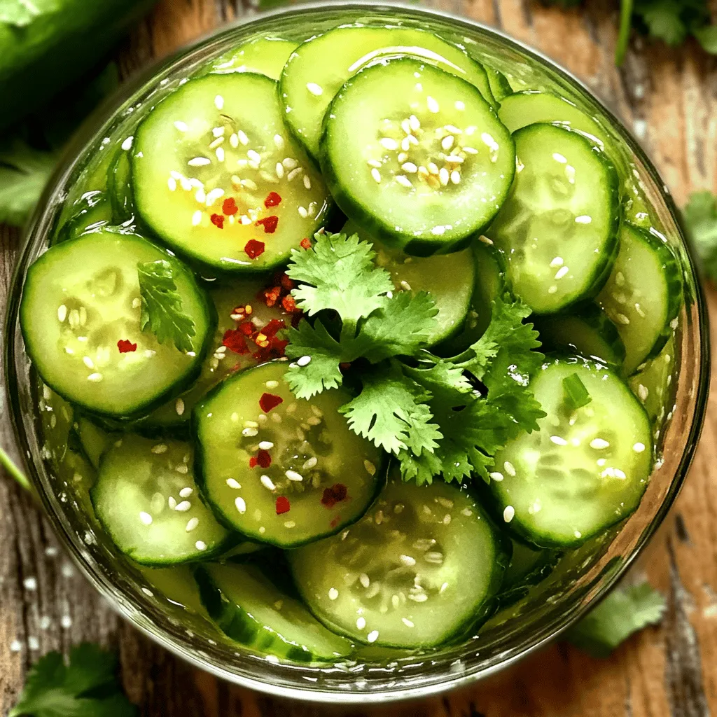 - 2 large cucumbers, thinly sliced - 1 tablespoon sea salt - 1/4 cup rice vinegar - 2 tablespoons freshly squeezed lime juice - 1 teaspoon granulated sugar - 1 tablespoon toasted sesame oil - 1 teaspoon red pepper flakes (adjust according to your spice preference) - 1 clove garlic, minced finely - Fresh cilantro leaves, roughly chopped, for garnish To make quick marinated cucumbers, start with fresh cucumbers. They give the best crunch. Use sea salt to draw out moisture. For the marinade, rice vinegar adds a tangy kick, while lime juice brightens the flavors. Granulated sugar balances the acidity, ensuring a well-rounded taste. To finish, toasted sesame oil adds a nutty depth, and red pepper flakes bring heat. Garlic contributes a savory note. Finally, fresh cilantro adds color and flavor when you serve the dish. For the full recipe, check out the details above. Enjoy crafting this refreshing and tasty dish! To start, you need to salt the cucumbers. Slice the cucumbers thinly and place them in a colander. Sprinkle them with sea salt. This step pulls out extra moisture and keeps them crisp. Let them rest for about 15 minutes. While the cucumbers rest, you can make the marinade. Grab a mixing bowl and combine these ingredients: - 1/4 cup rice vinegar - 2 tablespoons freshly squeezed lime juice - 1 teaspoon granulated sugar - 1 tablespoon toasted sesame oil - 1 teaspoon red pepper flakes - 1 clove garlic, minced finely Whisk the mixture well. Keep whisking until the sugar dissolves completely. This makes the marinade smooth and tasty. Now, rinse the cucumbers under cold water. This removes the salt and helps them taste fresh. After rinsing, pat them dry with paper towels. Next, mix the cucumbers with the marinade in a large bowl. Gently toss to coat each slice well. Finally, cover the bowl with plastic wrap and refrigerate for at least 30 minutes. For more flavor, let them marinate for up to 2 hours. When ready to serve, give them a gentle toss and garnish with fresh cilantro. Enjoy your quick marinated cucumbers! For the full recipe, check the section above. To get the best crunch from your cucumbers, start with salting. Use sea salt to draw out moisture. Slice your cucumbers thinly and place them in a colander. Sprinkle the salt evenly over them. Let them sit for about 15 minutes. This step is key for crisp cucumbers. After the cucumbers rest, rinsing is important. Rinse them under cold water to remove excess salt. Pat the cucumbers dry with paper towels. This will help keep them crunchy. You can adjust the flavor of your marinated cucumbers easily. Try using different vinegars. Apple cider vinegar or white wine vinegar can add a new twist. You can also play with the sweetness. Add more sugar for a sweeter taste or skip it for a tangier bite. For added spice, consider using fresh chili peppers. You can also mix in a pinch of ginger. This can give your cucumbers a delightful zing. Experiment with your favorite herbs too. Dill or mint can bring a fresh note. When serving, presentation matters. Use a chilled dish for your marinated cucumbers. This keeps them fresh and crisp. You can sprinkle extra red pepper flakes on top for color. Fresh cilantro adds a bright touch and flavor. These cucumbers pair well with grilled meats or rice dishes. They also make a great side for tacos. The bright, tangy flavors balance rich foods nicely. Enjoy your meal with these refreshing bites! {{image_4}} You can change the vinegar for different flavors. Rice vinegar works well, but you can try: - Apple cider vinegar for a fruity taste. - White wine vinegar for a milder flavor. - Balsamic vinegar for a sweet twist. Adjust the spices to fit your taste. If you like more heat, add: - Extra red pepper flakes. - Sriracha for a spicy kick. - Ginger for a warm, zesty flavor. If you don’t have cucumbers, other veggies can shine in this dish. Consider using: - Zucchini, sliced thinly for a similar crunch. - Carrots, julienned for a sweet crunch. - Radishes, sliced for a peppery bite. These options keep the dish fresh and fun. You can make your marinated cucumbers sweet or savory. To add sweetness, try: - A bit more sugar or honey. - Chopped fruits like mango for a tropical twist. For savory tastes, consider: - Adding soy sauce for an umami boost. - Mixing in sesame seeds for added texture. If you want protein, think about adding: - Chopped cooked shrimp for a seafood touch. - Tofu cubes for a vegetarian option. These changes keep your dish exciting and tasty. For the full recipe, check the section above. Store your marinated cucumbers in an airtight container. Glass jars work great for this. They keep the cucumbers crisp and fresh. Make sure the cucumbers are fully covered in the marinade. This helps lock in flavor. These marinated cucumbers can last up to one week in the fridge. After that, their texture and taste may change. Signs of spoilage include a mushy texture or off smell. If you see any of these, it’s best to toss them. You can freeze marinated cucumbers, but they may lose some crunch. To freeze, place them in a freezer-safe bag. Remove as much air as possible before sealing. When ready to eat, thaw them in the fridge overnight. Enjoy them cold for a refreshing treat. You should marinate cucumbers for at least 30 minutes. This time allows the flavors to blend well. For more flavor, you can marinate them for up to 2 hours. Just remember, the longer they sit, the stronger the taste will be. Yes, you can use different types of cucumbers! The most common ones are English cucumbers and regular garden cucumbers. English cucumbers are long and have fewer seeds. They also have a thin skin, which makes them great for salads. Garden cucumbers are shorter and have a thicker skin, which gives them a crunchier bite. Both work well for marinating. Absolutely! Marinated cucumbers are low in calories and high in water content. They help keep you hydrated. Cucumbers are also rich in vitamins and minerals, such as vitamin K and potassium. The marinade adds flavor without a lot of extra calories. You can enjoy them guilt-free as a snack or side dish. For the full recipe, check out the Crispy Chili-Lime Marinated Cucumbers. In this blog post, we explored how to make delicious marinated cucumbers. You learned about the key ingredients, preparation steps, and how to enhance flavor. We also discussed storage tips and variations for your recipe. Remember to adjust the marinade for your taste preferences. With these ideas, you can create a tasty dish that fits any meal. Enjoy making this simple yet flavorful treat and share it with friends and family.