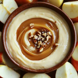 - 2 large apples (preferably Granny Smith or Honeycrisp), cored and sliced - 1 cup caramel sauce (store-bought or homemade) - 8 oz cream cheese, softened - 1/4 cup powdered sugar - 1 teaspoon pure vanilla extract - 1/2 teaspoon ground cinnamon - 1/3 cup chopped nuts (walnuts or pecans) - Sea salt for garnish (optional) Caramel apple dip is a fun treat. The sweet caramel and creamy cheese mix well. To start, you need fresh apples. I prefer Granny Smith apples for their tartness or Honeycrisp for sweetness. They hold up well when dipped. Next, the dip base is all about cream cheese. You want it soft to blend easily. The powdered sugar adds sweetness. The vanilla extract brings a warm flavor. Ground cinnamon adds a cozy touch. This mix is the heart of your dip. Then, we add caramel sauce. You can buy it or make your own. If you make your own, it can taste even better. Stir the caramel into the cream cheese mix. Make sure it’s creamy and smooth. Finally, we’ll top the dip with nuts. Chopped walnuts or pecans add crunch. A sprinkle of sea salt is optional but adds a nice contrast. This dip is not just tasty; it looks good too. Serve it in a bowl with apples around it. For the full recipe, check the instructions above. Enjoy your creamy indulgence! To start, gather your ingredients. In a medium bowl, combine the softened cream cheese, powdered sugar, pure vanilla extract, and ground cinnamon. Use an electric mixer on medium speed. Mix until you get a smooth consistency, about one to two minutes. This base is the heart of your dip. It should be creamy and rich. Next, slowly add in the caramel sauce. Reserve about a quarter cup for later. Keep mixing until everything blends well. Make sure no lumps remain in the mixture. This step is key for a silky dip. The caramel adds sweetness and a lovely texture. Now it’s time to bring it all together. Carefully transfer your cream cheese and caramel mixture into a nice serving dish. Spread it evenly for a great look. Drizzle the reserved caramel sauce on top for an added treat. Then sprinkle the chopped nuts over the caramel. This adds crunch and flavor. If you want, sprinkle a pinch of sea salt on top. This will enhance the sweet flavor. Serve immediately with apple slices for dipping. Enjoy this smooth and creamy indulgence! For the full recipe, check the details above. To make your caramel apple dip shine, use a decorative platter for serving. A beautiful display makes the dip more inviting. Place the apple slices around the dip for a stunning look. You might also want to add some extra chopped nuts on top. A light dusting of cinnamon adds an extra touch of flair. The right apples can make a big difference. I suggest using Granny Smith or Honeycrisp apples. They add a nice crispness to each bite. For the dip's texture, ensure your cream cheese is softened before mixing. This helps achieve a smooth and creamy consistency. Mix it well, so there are no lumps. This dip goes well with many snacks. Try pairing it with pretzels for a sweet and salty combo. Cookies also make a great match. If you want to explore more, other fruits work well too. Slices of pears or bananas can bring new flavors. Each option adds its own twist to your caramel apple dip experience. {{image_4}} You can make your caramel apple dip even more exciting! Try adding chocolate or peanut butter. For a chocolate twist, mix in chocolate chips or melted chocolate. This will give it a rich flavor that pairs well with apples. If you choose peanut butter, blend in creamy peanut butter for a nutty taste. Both options make the dip richer and more indulgent. You can also play with spices. Adding nutmeg or pumpkin spice can change the flavor profile. A sprinkle of nutmeg gives a warm, cozy feel. Pumpkin spice adds a festive touch, perfect for fall gatherings. These simple changes can make your dip unique and enjoyable. If you have dietary needs, you can still enjoy this dip. To make it gluten-free, use gluten-free caramel sauce and check the labels on your nuts. For a vegan option, replace cream cheese with a vegan cream cheese alternative. You can also use maple syrup instead of caramel for a sweet flavor. For health-conscious readers, consider low-sugar or sugar-free versions. Use sugar-free caramel sauce and a sugar substitute for the cream cheese mixture. This way, you can enjoy your dip without the extra sugar. Seasonal ingredients can add fun to your dip. For fall, add graham crackers for dipping. They give a nice crunch and fit the season's theme. You can also mix in chopped dried fruits like cranberries or raisins for a festive touch. Incorporating seasonal fruits can elevate the flavor. Think about adding slices of pears or figs in late summer. These fruits pair well with caramel and make the dip even more delicious. Use what’s in season to keep flavors fresh and exciting. For the full recipe, check out the Caramel Apple Delight Dip. To store leftover caramel apple dip, place it in an airtight container. Make sure to cover it well. This way, it stays fresh longer. You can keep it in the fridge for up to five days. If you see any change in color or smell, it is best to throw it out. Caramel apple dip can be frozen, but the texture may change. If you freeze it, use a freezer-safe container. It is best to consume it within three months for the best taste. When you're ready to enjoy it, thaw it in the fridge overnight. Once thawed, give it a good mix before serving. Serving temperature can change the flavor. Chilled dip is refreshing and sweet. Room temperature dip is creamy and rich. I recommend serving it at gatherings based on the season. In hot weather, chilled is nice. In cooler weather, room temperature adds warmth. Enjoy the flavors that work best for you! To make homemade caramel sauce, you need just a few ingredients. Start with: - 1 cup granulated sugar - 6 tablespoons unsalted butter - 1/2 cup heavy cream - 1 teaspoon vanilla extract - A pinch of salt 1. Heat the sugar: In a medium pot, heat the sugar over medium heat. Stir until it melts into a golden liquid. 2. Add butter: Once melted, add the butter. Stir until it completely melts and combines. 3. Mix in cream: Slowly add the heavy cream while stirring. The mixture may bubble up, so be careful! 4. Finish it off: Remove from heat and stir in vanilla and salt. Let it cool before using. Homemade caramel sauce is rich and creamy. It adds a personal touch to your caramel apple dip. Yes, you can use many fruits! Here are some great options: - Pears - Bananas - Strawberries - Pineapple - Grapes Each fruit brings a unique flavor and sweetness. They balance perfectly with the creamy caramel dip. Try mixing and matching to find your favorite! If you need a substitute for cream cheese, here are some options: - Greek yogurt for a tangy taste - Silken tofu for a dairy-free choice - Mascarpone cheese for a rich and creamy texture - Cottage cheese blended smooth for a lighter option These substitutes can fit different dietary needs. They keep the dip smooth and tasty! This blog post guides you through making a delicious caramel apple dip. We covered the key ingredients, from crisp apples to rich caramel. I provided step-by-step instructions for creating a creamy dip that impresses guests. You found tips for presentation and texture, plus exciting variations to personalize your dip. Don’t forget how to store it and keep it fresh. Enjoy this treat at your next gathering. With a little creativity, you can make each batch special!