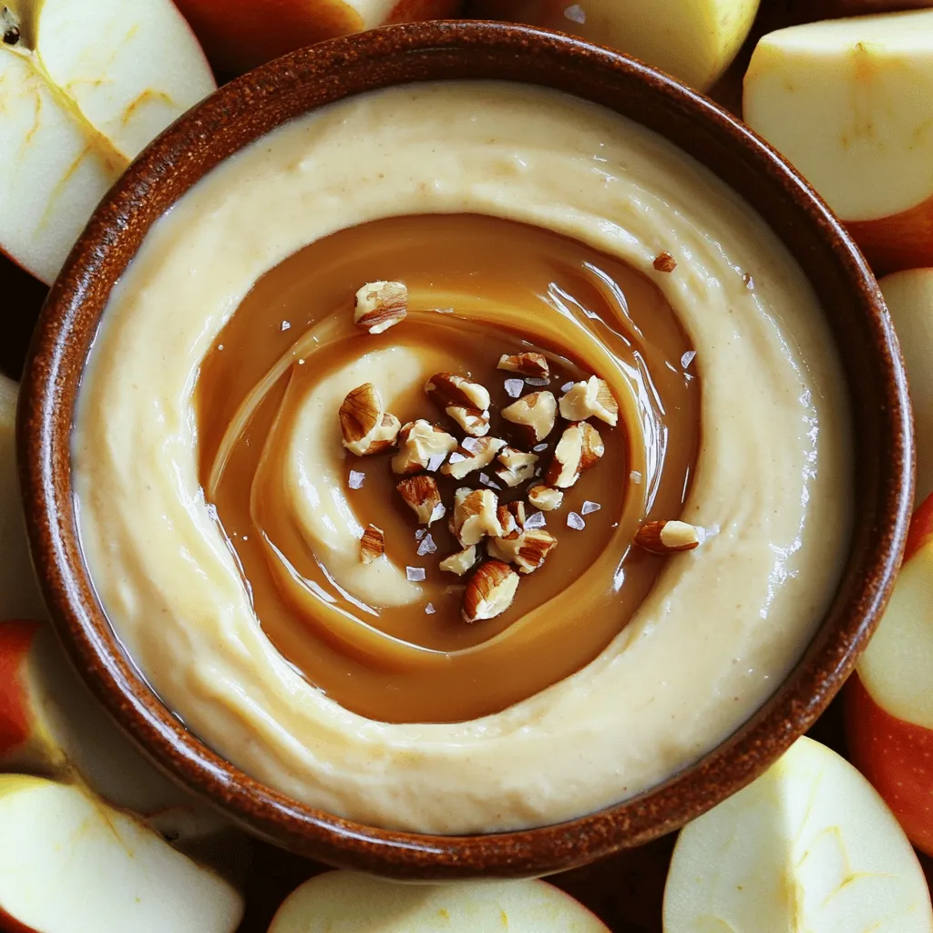 - 2 large apples (preferably Granny Smith or Honeycrisp), cored and sliced - 1 cup caramel sauce (store-bought or homemade) - 8 oz cream cheese, softened - 1/4 cup powdered sugar - 1 teaspoon pure vanilla extract - 1/2 teaspoon ground cinnamon - 1/3 cup chopped nuts (walnuts or pecans) - Sea salt for garnish (optional) Caramel apple dip is a fun treat. The sweet caramel and creamy cheese mix well. To start, you need fresh apples. I prefer Granny Smith apples for their tartness or Honeycrisp for sweetness. They hold up well when dipped. Next, the dip base is all about cream cheese. You want it soft to blend easily. The powdered sugar adds sweetness. The vanilla extract brings a warm flavor. Ground cinnamon adds a cozy touch. This mix is the heart of your dip. Then, we add caramel sauce. You can buy it or make your own. If you make your own, it can taste even better. Stir the caramel into the cream cheese mix. Make sure it’s creamy and smooth. Finally, we’ll top the dip with nuts. Chopped walnuts or pecans add crunch. A sprinkle of sea salt is optional but adds a nice contrast. This dip is not just tasty; it looks good too. Serve it in a bowl with apples around it. For the full recipe, check the instructions above. Enjoy your creamy indulgence! To start, gather your ingredients. In a medium bowl, combine the softened cream cheese, powdered sugar, pure vanilla extract, and ground cinnamon. Use an electric mixer on medium speed. Mix until you get a smooth consistency, about one to two minutes. This base is the heart of your dip. It should be creamy and rich. Next, slowly add in the caramel sauce. Reserve about a quarter cup for later. Keep mixing until everything blends well. Make sure no lumps remain in the mixture. This step is key for a silky dip. The caramel adds sweetness and a lovely texture. Now it’s time to bring it all together. Carefully transfer your cream cheese and caramel mixture into a nice serving dish. Spread it evenly for a great look. Drizzle the reserved caramel sauce on top for an added treat. Then sprinkle the chopped nuts over the caramel. This adds crunch and flavor. If you want, sprinkle a pinch of sea salt on top. This will enhance the sweet flavor. Serve immediately with apple slices for dipping. Enjoy this smooth and creamy indulgence! For the full recipe, check the details above. To make your caramel apple dip shine, use a decorative platter for serving. A beautiful display makes the dip more inviting. Place the apple slices around the dip for a stunning look. You might also want to add some extra chopped nuts on top. A light dusting of cinnamon adds an extra touch of flair. The right apples can make a big difference. I suggest using Granny Smith or Honeycrisp apples. They add a nice crispness to each bite. For the dip's texture, ensure your cream cheese is softened before mixing. This helps achieve a smooth and creamy consistency. Mix it well, so there are no lumps. This dip goes well with many snacks. Try pairing it with pretzels for a sweet and salty combo. Cookies also make a great match. If you want to explore more, other fruits work well too. Slices of pears or bananas can bring new flavors. Each option adds its own twist to your caramel apple dip experience. {{image_4}} You can make your caramel apple dip even more exciting! Try adding chocolate or peanut butter. For a chocolate twist, mix in chocolate chips or melted chocolate. This will give it a rich flavor that pairs well with apples. If you choose peanut butter, blend in creamy peanut butter for a nutty taste. Both options make the dip richer and more indulgent. You can also play with spices. Adding nutmeg or pumpkin spice can change the flavor profile. A sprinkle of nutmeg gives a warm, cozy feel. Pumpkin spice adds a festive touch, perfect for fall gatherings. These simple changes can make your dip unique and enjoyable. If you have dietary needs, you can still enjoy this dip. To make it gluten-free, use gluten-free caramel sauce and check the labels on your nuts. For a vegan option, replace cream cheese with a vegan cream cheese alternative. You can also use maple syrup instead of caramel for a sweet flavor. For health-conscious readers, consider low-sugar or sugar-free versions. Use sugar-free caramel sauce and a sugar substitute for the cream cheese mixture. This way, you can enjoy your dip without the extra sugar. Seasonal ingredients can add fun to your dip. For fall, add graham crackers for dipping. They give a nice crunch and fit the season's theme. You can also mix in chopped dried fruits like cranberries or raisins for a festive touch. Incorporating seasonal fruits can elevate the flavor. Think about adding slices of pears or figs in late summer. These fruits pair well with caramel and make the dip even more delicious. Use what’s in season to keep flavors fresh and exciting. For the full recipe, check out the Caramel Apple Delight Dip. To store leftover caramel apple dip, place it in an airtight container. Make sure to cover it well. This way, it stays fresh longer. You can keep it in the fridge for up to five days. If you see any change in color or smell, it is best to throw it out. Caramel apple dip can be frozen, but the texture may change. If you freeze it, use a freezer-safe container. It is best to consume it within three months for the best taste. When you're ready to enjoy it, thaw it in the fridge overnight. Once thawed, give it a good mix before serving. Serving temperature can change the flavor. Chilled dip is refreshing and sweet. Room temperature dip is creamy and rich. I recommend serving it at gatherings based on the season. In hot weather, chilled is nice. In cooler weather, room temperature adds warmth. Enjoy the flavors that work best for you! To make homemade caramel sauce, you need just a few ingredients. Start with: - 1 cup granulated sugar - 6 tablespoons unsalted butter - 1/2 cup heavy cream - 1 teaspoon vanilla extract - A pinch of salt 1. Heat the sugar: In a medium pot, heat the sugar over medium heat. Stir until it melts into a golden liquid. 2. Add butter: Once melted, add the butter. Stir until it completely melts and combines. 3. Mix in cream: Slowly add the heavy cream while stirring. The mixture may bubble up, so be careful! 4. Finish it off: Remove from heat and stir in vanilla and salt. Let it cool before using. Homemade caramel sauce is rich and creamy. It adds a personal touch to your caramel apple dip. Yes, you can use many fruits! Here are some great options: - Pears - Bananas - Strawberries - Pineapple - Grapes Each fruit brings a unique flavor and sweetness. They balance perfectly with the creamy caramel dip. Try mixing and matching to find your favorite! If you need a substitute for cream cheese, here are some options: - Greek yogurt for a tangy taste - Silken tofu for a dairy-free choice - Mascarpone cheese for a rich and creamy texture - Cottage cheese blended smooth for a lighter option These substitutes can fit different dietary needs. They keep the dip smooth and tasty! This blog post guides you through making a delicious caramel apple dip. We covered the key ingredients, from crisp apples to rich caramel. I provided step-by-step instructions for creating a creamy dip that impresses guests. You found tips for presentation and texture, plus exciting variations to personalize your dip. Don’t forget how to store it and keep it fresh. Enjoy this treat at your next gathering. With a little creativity, you can make each batch special!