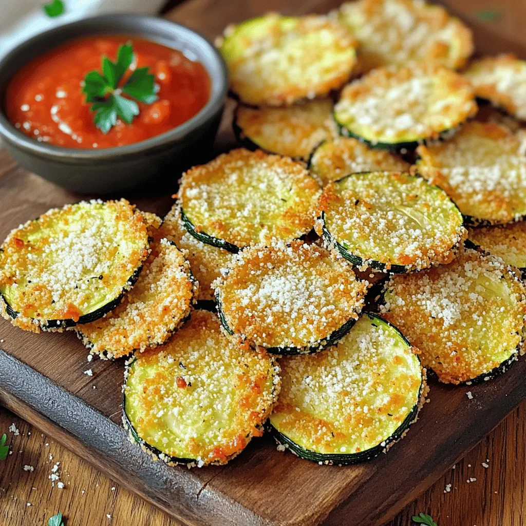 To make Baked Zucchini Parmesan Chips, you need fresh and simple ingredients. Here’s the complete list: - 2 medium zucchinis, thinly sliced into rounds - 1 cup grated Parmesan cheese - 1 cup panko breadcrumbs - 1 teaspoon garlic powder - 1 teaspoon onion powder - 1 teaspoon dried oregano - 1 teaspoon smoked paprika - Salt and freshly ground black pepper - 2 large eggs, beaten until frothy - Olive oil spray These ingredients come together to create a tasty snack. The zucchinis add nutrition and crunch. Parmesan cheese gives a rich flavor. Panko breadcrumbs make it extra crispy. The spices add depth and warmth. You can change the spices to suit your taste. For example, add red pepper flakes for heat or Italian herbs for more flavor. This recipe is great for quick snacks or parties. Kids and adults will love them. You can serve them with sauces like marinara or ranch. They are fun to eat and easy to make. Make sure to check out the full recipe for steps to prepare these delightful chips! - Preheat oven to 425°F (220°C). - Line a baking sheet with parchment paper or a silicone mat. Starting with the oven is key. Preheating ensures your chips cook evenly and get crispy. Lining the baking sheet helps with easy cleanup and keeps the chips from sticking. - Combine panko breadcrumbs, Parmesan cheese, and spices in a bowl. In a bowl, mix panko breadcrumbs, grated Parmesan, garlic powder, onion powder, oregano, smoked paprika, salt, and black pepper. This mix gives your chips a tasty crunch. The spices add flavor and excitement. - Dip zucchini slices in eggs, then coat in breadcrumb mixture. Take each zucchini slice and dip it in beaten eggs. Let any extra egg drip off. Next, coat the slice in the breadcrumb mix. Press gently to ensure it sticks well. This step is crucial for a crispy outside. - Place on baking sheet, spray with olive oil, and bake for 20-25 minutes. Place the coated zucchini slices on the baking sheet in a single layer. Make sure they do not touch each other. Lightly spray the tops with olive oil. This will help them crisp up nicely. Bake for 20-25 minutes until they turn golden brown. Flip them halfway for even cooking. To get that perfect crunch, spread the zucchini slices out. If you overlap them, they steam instead of crisp. Each slice needs space to breathe. Using olive oil spray also helps. A light coating makes the chips golden and crunchy. Pair your zucchini chips with tasty dips. Marinara sauce works great. You might also try hummus or ranch dressing. For a fun presentation, serve them on a rustic wooden board. Add a small bowl of dip in the center. Sprinkle fresh parsley on top for color and flair. Enjoy your crunchy snack! {{image_4}} You can swap out Parmesan for other cheeses. Try mozzarella for a gooey effect. Cheddar adds a sharp taste that many enjoy. For a gourmet twist, use aged gouda. Each cheese brings its own flavor and texture. Experimenting can lead to fun new snacks. Spices and herbs can change the taste of your chips. Add chili powder for a spicy kick. Basil or thyme brings fresh flavor to the mix. Garlic salt can intensify the savory notes. Don't be afraid to mix and match your favorites. This way, you keep your snack interesting. If you want a different texture, try air frying. Air fryers cook the chips faster and can make them crispier. Set your air fryer to 400°F and cook for about 15 minutes. Remember to shake the basket halfway through for even cooking. This method is quick and gives a nice crunch that many love. To keep your zucchini chips crispy, store them in an airtight container. Use parchment paper to separate layers. This helps prevent moisture from making them soggy. Keep the container in a cool, dry place. Avoid the fridge, as it can add humidity. For best results, eat them within two days. To reheat without losing crunch, use an oven or air fryer. Preheat your oven to 350°F (175°C). Spread the chips in a single layer on a baking sheet. Bake for about 5-10 minutes until they are warm. If using an air fryer, set it to 350°F (175°C) for 3-5 minutes. This gives them a nice crisp again. Enjoy your snack with the same great taste as fresh! To keep your zucchini chips crispy, slice them thin. Aim for about 1/4 inch thick. After slicing, sprinkle salt on them and let them sit for 10-15 minutes. This draws out moisture. Pat them dry with a paper towel before coating. Use olive oil spray lightly for a crunch. Arrange them in a single layer on the baking sheet. Avoid overlapping the slices; this ensures even cooking and crispiness. Yes, you can make these chips ahead. Bake them and let them cool completely. Store them in an airtight container at room temperature. They will stay fresh for about two days. For longer storage, use the fridge. When ready to eat, reheat in a hot oven for a few minutes to regain crunch. Many dips pair well with these chips. Marinara sauce adds a classic touch. Ranch dressing gives a cool, creamy flavor. You might also enjoy a spicy aioli for a kick. For something lighter, try hummus or tzatziki. Each dip enhances the flavor and makes your snack even better. Crispy Baked Zucchini Parmesan Chips 🥒. In this post, we explored how to make crispy baked zucchini chips. We covered the key ingredients you need, like zucchini, Parmesan cheese, and panko breadcrumbs. I shared step-by-step instructions to ensure your zucchini chips turn out perfect every time. Remember, not overlapping the slices helps achieve that desired crunch. Feel free to experiment with different cheeses and spices. Store leftovers well to keep them crispy. Enjoy your delicious and healthy snack anytime!